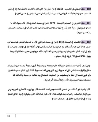 51
160
_
‫روي‬
‫إلشعب‬ ‫ي‬
‫ػ‬ ‫ي‬
‫إلبيهؼ‬
(
10268
)
‫قال‬ ‫ي‬
‫إلنن‬ ‫عن‬‫جابر‬ ‫عن‬
‫غنم‬ ‫ي‬
‫ػ‬ ‫ضاريان‬ ‫جائعان‬ ‫ذئبان‬ ‫ما‬
‫إلمؤمن‬ ‫لدين‬ ‫وإلمال‬ ‫ف‬ ‫ر‬
‫إلش‬ ‫إلتماس‬ ‫من‬ ‫فيها‬ ‫بأفسد‬ ‫رعاؤها‬ ‫عنها‬ ‫غاب‬ ‫قد‬
.
(
‫ه‬‫لغت‬ ‫حسن‬
)
161
_
‫روي‬
‫إألوسط‬ ‫إلمعجم‬ ‫ي‬
‫ػ‬ ‫ي‬
‫إب‬‫إلطت‬
(
6279
)
‫ما‬ ‫هللا‬ ‫رسول‬ ‫قال‬ ‫قال‬ ‫إلخدري‬ ‫سعيد‬ ‫ي‬
‫أب‬ ‫عن‬
‫إلمسلم‬ ‫إلمرء‬ ‫دين‬ ‫ي‬
‫ػ‬ ‫ف‬ ‫ر‬
‫إلش‬ ‫وطلب‬ ‫إلمال‬ ‫طلب‬ ‫من‬ ‫فسادإ‬ ‫فيها‬ ‫بأشع‬ ‫غنم‬ ‫زريبة‬ ‫ي‬
‫ػ‬ ‫ضاريان‬ ‫ذئبان‬
.
(
‫ه‬‫لغت‬ ‫حسن‬
)
162
_
‫روي‬
‫إلمسند‬ ‫ي‬
‫ػ‬ ‫إلشهاب‬
(
443
)
‫قال‬ ‫ي‬
‫إلنن‬ ‫عن‬ ‫سعيد‬ ‫ي‬
‫أب‬ ‫عن‬
‫من‬ ‫ضجيجها‬ ‫إألرض‬ ‫ضجت‬ ‫ما‬
‫أو‬ ‫غدإ‬ ‫ومن‬ ‫نهاوش‬ ‫ي‬
‫ػ‬ ‫هللا‬ ‫أهلكه‬ ‫نهابر‬ ‫من‬ ‫ماإل‬ ‫أصاب‬ ‫ومن‬ ‫إم‬‫ر‬‫ح‬ ‫دم‬ ‫سفك‬ ‫أو‬ ‫إم‬‫ر‬‫ح‬ ‫من‬ ‫جنابة‬ ‫غسل‬
‫بما‬ ‫يتكلم‬ ‫سلطانا‬ ‫حخ‬ ‫ومن‬ ‫هزوإ‬ ‫هللا‬ ‫آيات‬ ‫إتخذ‬ ‫ممن‬ ‫فهو‬ ‫يصيبها‬ ‫دنيا‬ ‫لطمع‬ ‫إلدنيا‬ ‫أبناء‬ ‫ؤل‬ ‫إح‬‫ر‬
، ‫جهنم‬ ‫نار‬ ‫ي‬
‫ػ‬ ‫قرينه‬ ‫كان‬‫للحق‬ ‫خالفا‬ ‫يهوى‬
‫إلقيامة‬ ‫يوم‬ ‫رحمته‬ ‫عليه‬ ‫هللا‬ ‫حرم‬ ‫سلطان‬ ‫عند‬ ‫بأخيه‬ ‫سغ‬ ‫ومن‬
‫ثم‬ ‫إلشير‬ ‫عن‬ ‫بنفسه‬ ‫معاوية‬ ‫فرم‬
‫إلخدري‬ ‫سعيد‬ ‫أبا‬ ‫أن‬ ‫ؤليها‬ ‫فشكا‬ ‫معاوية‬ ‫أخت‬ ‫ي‬
‫وه‬ ‫ي‬
‫إلنن‬ ‫زوج‬ ‫حبيبة‬ ‫أم‬ ‫فأب‬ ‫إلناس‬ ‫عنه‬ ‫وتفرق‬ ‫دخل‬
‫قد‬ ‫وهللا‬ ‫وأنا‬ ‫حبيبة‬ ‫أم‬ ‫فقالت‬ ‫به‬ ‫ي‬
‫فصدماب‬ ‫إلحديث‬ ‫من‬ ‫هما‬‫يحخ‬ ‫ما‬ ‫أشد‬ ‫ؤل‬ ‫عمدإ‬ ‫هريرة‬ ‫وأبا‬
، ‫هريرة‬‫أبو‬ ‫أسقطه‬ ‫وزيادة‬ ‫هللا‬ ‫رسول‬ ‫من‬ ‫معهما‬ ‫سمعت‬
‫يحرص‬ ‫فمن‬ ‫إألنصاري‬ ‫أيوب‬ ‫أبو‬ ‫قال‬ ‫فلنفسه‬ ‫أساء‬ ‫ومن‬ ‫فلنفسه‬ ‫أحسن‬ ‫من‬ ‫قالت‬ ‫؟‬‫هو‬ ‫وما‬ ‫لها‬ ‫قال‬
‫يقولون‬ ‫إلذين‬ ‫هللا‬ ‫عباد‬‫إر‬ ‫ر‬
‫ش‬ ‫قال‬ ‫؟‬ ‫هذإ‬ ‫قولك‬ ‫بعد‬ ‫إفة‬‫ر‬‫وإلع‬ ‫وإلقضاء‬ ‫إؤلمارة‬ ‫عل‬
(
‫إلدنيا‬ ‫ي‬
‫ػ‬ ‫آتنا‬ ‫ربنا‬
‫خالق‬ ‫من‬ ‫إآلخرة‬ ‫ي‬
‫ػ‬ ‫له‬ ‫وما‬
)
.
(
‫جدإ‬ ‫ضعيف‬
)
 