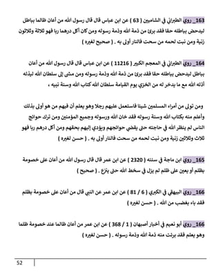 52
163
_
‫روي‬
‫إلشامين‬ ‫ي‬
‫ػ‬ ‫ي‬
‫إب‬‫إلطت‬
(
63
)
‫بباطل‬ ‫ظالما‬ ‫أعان‬ ‫من‬ ‫هللا‬ ‫رسول‬ ‫قال‬ ‫قال‬ ‫عباس‬ ‫إبن‬ ‫عن‬
‫وثالثون‬ ‫ثالثة‬ ‫فهو‬ ‫ربا‬ ‫درهما‬ ‫أكل‬ ‫كان‬‫ومن‬ ‫رسوله‬ ‫وذمة‬ ‫هللا‬ ‫ذمة‬ ‫من‬ ‫برئ‬ ‫فقد‬ ‫حقا‬ ‫بباطله‬ ‫ليدحض‬
‫به‬ ‫أول‬‫فالنار‬ ‫سحت‬ ‫من‬ ‫لحمه‬ ‫نبت‬ ‫ومن‬ ‫زنية‬
.
(
‫ه‬‫لغت‬ ‫صحيح‬
)
164
_
‫روي‬
‫إلكبت‬ ‫إلمعجم‬ ‫ي‬
‫ػ‬ ‫ي‬
‫إب‬‫إلطت‬
(
11216
)
‫أعان‬ ‫من‬ ‫هللا‬ ‫رسول‬ ‫قال‬ ‫قال‬ ‫عباس‬ ‫إبن‬ ‫عن‬
‫ليذله‬ ‫هللا‬ ‫سلطان‬ ‫ؤل‬ ‫ر‬
‫مش‬ ‫ومن‬ ‫رسوله‬ ‫وذمة‬ ‫هللا‬ ‫ذمة‬ ‫من‬ ‫برئ‬ ‫فقد‬ ‫حقا‬ ‫بباطله‬ ‫ليدحض‬ ‫بباطل‬
، ‫نبيه‬ ‫وسنة‬ ‫هللا‬ ‫كتاب‬‫هللا‬ ‫سلطان‬ ‫إلقيامة‬ ‫يوم‬ ‫إلخزي‬ ‫من‬ ‫له‬ ‫يدخر‬ ‫ما‬ ‫مع‬ ‫هللا‬ ‫أذله‬
‫بذلك‬ ‫أول‬ ‫هو‬ ‫من‬ ‫فيهم‬ ‫أن‬ ‫يعلم‬ ‫وهو‬ ‫رجال‬ ‫عليهم‬ ‫فاستعمل‬ ‫شيئا‬ ‫إلمسلمن‬ ‫إء‬‫ر‬‫أم‬ ‫من‬ ‫تول‬ ‫ومن‬
‫حوإئج‬ ‫ترك‬ ‫ومن‬ ‫إلمؤمنن‬ ‫وجميع‬ ‫ورسوله‬ ‫هللا‬ ‫خان‬ ‫فقد‬ ‫رسوله‬ ‫وسنة‬ ‫هللا‬ ‫بكتاب‬ ‫منه‬ ‫وأعلم‬
‫فهو‬ ‫ربا‬ ‫درهم‬ ‫أكل‬ ‫ومن‬ ‫بحقهم‬ ‫ؤليهم‬ ‫ويؤدي‬ ‫حوإئجهم‬ ‫ي‬
‫يقض‬ ‫حن‬ ‫حاجته‬ ‫ي‬
‫ػ‬ ‫هللا‬‫ينظر‬ ‫لم‬ ‫إلناس‬
‫به‬ ‫أول‬ ‫فالنار‬ ‫سحت‬ ‫من‬ ‫لحمه‬ ‫نبت‬ ‫ومن‬ ‫زنية‬ ‫وثالثن‬ ‫ثالث‬
.
(
‫ه‬‫لغت‬ ‫حسن‬
)
165
_
‫روي‬
‫سننه‬ ‫ي‬
‫ػ‬ ‫ماجة‬ ‫إبن‬
(
2320
)
‫خصومة‬ ‫عل‬ ‫أعان‬ ‫من‬ ‫هللا‬ ‫رسول‬ ‫قال‬ ‫قال‬ ‫عمر‬ ‫إبن‬ ‫عن‬
‫ع‬
‫يت‬ ‫حن‬ ‫هللا‬ ‫سخط‬ ‫ي‬
‫ػ‬ ‫يزل‬ ‫لم‬ ‫ظلم‬ ‫عل‬ ‫يعن‬ ‫أو‬ ‫بظلم‬
.
(
‫صحيح‬
)
166
_
‫روي‬
‫ي‬‫إلكت‬ ‫ي‬
‫ػ‬ ‫ي‬
‫إلبيهؼ‬
(
6
/
81
)
‫من‬ ‫قال‬ ‫ي‬
‫إلنن‬ ‫عن‬‫عمر‬ ‫إبن‬ ‫عن‬
‫بظلم‬ ‫خصومة‬ ‫عل‬ ‫أعان‬
‫هللا‬ ‫من‬ ‫بغضب‬ ‫باء‬ ‫فقد‬
.
(
‫ه‬‫لغت‬ ‫حسن‬
)
166
_
‫روي‬
‫أصبهان‬ ‫أخبار‬ ‫ي‬
‫ػ‬ ‫نعيم‬ ‫أبو‬
(
1
/
368
)
‫عمر‬ ‫إبن‬ ‫عن‬
‫ظلما‬ ‫خصومة‬ ‫عند‬ ‫ظالما‬ ‫أعان‬ ‫من‬
‫رسوله‬ ‫وذمة‬ ‫هللا‬ ‫ذمة‬ ‫منه‬ ‫برئت‬ ‫فقد‬ ‫يعلم‬ ‫وهو‬
.
(
‫ه‬‫لغت‬ ‫حسن‬
)
 