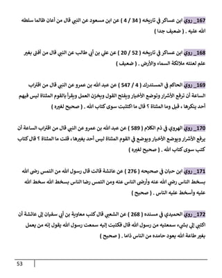 53
167
_
‫روي‬
‫تاريخه‬ ‫ي‬
‫ػ‬ ‫عساكر‬ ‫إبن‬
(
34
/
4
)
‫قال‬ ‫ي‬
‫إلنن‬ ‫عن‬ ‫مسعود‬ ‫إبن‬ ‫عن‬
‫سلطه‬ ‫ظالما‬ ‫أعان‬ ‫من‬
‫عليه‬ ‫هللا‬
.
(
‫جدإ‬ ‫ضعيف‬
)
168
_
‫روي‬
‫تاريخه‬ ‫ي‬
‫ػ‬ ‫عساكر‬ ‫إبن‬
(
52
/
20
)
‫بغت‬ ‫أفن‬ ‫من‬ ‫قال‬ ‫ي‬
‫إلنن‬ ‫عن‬ ‫طالب‬ ‫ي‬
‫أب‬ ‫بن‬ ‫ي‬
‫عل‬ ‫عن‬
‫وإألرض‬ ‫إلسماء‬ ‫مالئكة‬ ‫لعنته‬ ‫علم‬
.
(
‫ضعيف‬
)
169
_
‫روي‬
‫إلمستدرك‬ ‫ي‬
‫ػ‬ ‫إلحاكم‬
(
4
/
547
)
‫قال‬ ‫ي‬
‫إلنن‬ ‫عن‬‫عمرو‬ ‫بن‬ ‫هللا‬ ‫عبد‬ ‫عن‬
‫إب‬‫إقت‬ ‫من‬
‫فيهم‬ ‫ليس‬ ‫إلمثناة‬ ‫بالقوم‬ ‫أ‬‫ر‬‫ويق‬ ‫إلعمل‬ ‫ويخزن‬ ‫إلقول‬ ‫ويفتح‬‫إألخيار‬ ‫وتوضع‬‫إر‬ ‫ر‬
‫إألش‬ ‫ترفع‬ ‫أن‬ ‫إلساعة‬
‫ينكرها‬ ‫أحد‬
،
‫هللا‬ ‫كتاب‬‫سوى‬ ‫إكتتبت‬ ‫ما‬ ‫قال‬ ‫؟‬ ‫إلمثناة‬ ‫وما‬ ‫قيل‬
.
(
‫ه‬‫لغت‬ ‫صحيح‬
)
170
_
‫روي‬
‫إلكالم‬ ‫ذم‬ ‫ي‬
‫ػ‬ ‫إلهروي‬
(
589
)
‫أن‬ ‫إلساعة‬ ‫إب‬‫إقت‬ ‫من‬ ‫قال‬ ‫ي‬
‫إلنن‬ ‫عن‬‫عمرو‬ ‫بن‬ ‫هللا‬ ‫عبد‬ ‫عن‬
‫ها‬‫يغت‬ ‫أحد‬ ‫ليس‬ ‫إلمثناة‬ ‫إلقوم‬ ‫ي‬
‫ػ‬ ‫ويوضع‬‫إألخيار‬ ‫ويوضع‬‫إر‬ ‫ر‬
‫إألش‬ ‫يرفع‬
،
‫كتاب‬‫قال‬ ‫؟‬ ‫إلمثناة‬ ‫ما‬ ‫قلت‬
‫هللا‬ ‫كتاب‬‫سوى‬ ‫كتب‬
.
(
‫ه‬‫لغت‬ ‫صحيح‬
)
171
_
‫روي‬
‫صحيحه‬ ‫ي‬
‫ػ‬ ‫حبان‬ ‫إبن‬
(
276
)
‫هللا‬ ‫رض‬ ‫إلتمس‬ ‫من‬ ‫هللا‬ ‫رسول‬ ‫قال‬ ‫قالت‬ ‫عائشة‬ ‫عن‬
‫إلناس‬ ‫بسخط‬
‫عنه‬ ‫هللا‬ ‫ي‬
‫رض‬
‫هللا‬ ‫سخط‬ ‫هللا‬ ‫بسخط‬ ‫إلناس‬ ‫رضا‬ ‫إلتمس‬ ‫ومن‬ ‫عنه‬ ‫إلناس‬ ‫وأرض‬
‫إلناس‬ ‫عليه‬ ‫وأسخط‬ ‫عليه‬
.
(
‫صحيح‬
)
172
_
‫روي‬
‫مسنده‬ ‫ي‬
‫ػ‬ ‫إلحميدي‬
(
268
)
‫أن‬ ‫عائشة‬ ‫ؤل‬ ‫سفيان‬ ‫ي‬
‫أب‬ ‫بن‬ ‫معاوية‬ ‫كتب‬‫قال‬ ‫ي‬
‫إلشعن‬ ‫عن‬
‫يعمل‬ ‫من‬ ‫ؤنه‬ ‫يقول‬ ‫هللا‬ ‫رسول‬ ‫سمعت‬ ‫ؤليه‬ ‫فكتبت‬ ‫قال‬ ‫هللا‬ ‫رسول‬ ‫من‬ ‫سمعتيه‬ ‫ء‬ ‫ي‬
‫ر‬
‫بش‬ ‫ي‬
‫ؤل‬ ‫ي‬
‫إكتن‬
‫ذإما‬ ‫إلناس‬ ‫من‬ ‫حامده‬ ‫يعود‬ ‫هللا‬ ‫طاعة‬ ‫بغت‬
.
(
‫صحيح‬
)
 