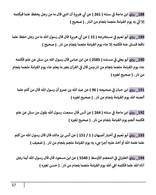 57
188
_
‫روي‬
‫سننه‬ ‫ي‬
‫ػ‬ ‫ماجة‬ ‫إبن‬
(
261
)
‫فيكتمه‬ ‫علما‬ ‫يحفظ‬ ‫رجل‬ ‫من‬ ‫ما‬ ‫قال‬ ‫ي‬
‫إلنن‬ ‫أن‬ ‫هريرة‬ ‫ي‬
‫أب‬ ‫عن‬
‫إلنار‬ ‫من‬ ‫بلجام‬ ‫ملجما‬ ‫إلقيامة‬ ‫يوم‬ ‫به‬ ‫ي‬
‫أب‬ ‫ؤإل‬
.
(
‫صحيح‬
)
189
_
‫روي‬
‫مستخرجه‬ ‫ي‬
‫ػ‬ ‫نعيم‬ ‫أبو‬
(
15
)
‫علما‬ ‫حفظ‬ ‫رجل‬ ‫من‬ ‫ما‬ ‫هللا‬ ‫رسول‬ ‫قال‬ ‫قال‬ ‫هريرة‬ ‫ي‬
‫أب‬ ‫عن‬
‫نار‬ ‫من‬ ‫بلجام‬ ‫ملجما‬ ‫إلقيامة‬ ‫يوم‬ ‫جاء‬ ‫ؤإل‬ ‫فكتمه‬ ‫عنه‬ ‫فسئل‬ ‫نافعا‬
.
(
‫صحيح‬
)
190
_
‫روي‬
‫مسنده‬ ‫ي‬
‫ػ‬ ‫ي‬
‫يعل‬ ‫أبو‬
(
2585
)
‫فكتمه‬ ‫علم‬ ‫عن‬ ‫سئل‬ ‫من‬ ‫هللا‬ ‫رسول‬ ‫قال‬ ‫عباس‬ ‫إبن‬ ‫عن‬
‫بلجام‬ ‫ملجما‬ ‫إلقيامة‬ ‫يوم‬ ‫جاء‬ ‫يعلم‬ ‫ما‬ ‫بغت‬ ‫إلقرآن‬ ‫ي‬
‫ػ‬ ‫قال‬ ‫ومن‬‫نار‬ ‫من‬ ‫بلجام‬ ‫ملجما‬ ‫إلقيامة‬ ‫يوم‬ ‫جاء‬
‫نار‬ ‫من‬
.
(
‫ه‬‫لغت‬ ‫صحيح‬
)
191
_
‫روي‬
‫حبان‬ ‫إبن‬
‫ي‬
‫ػ‬
‫صحيحه‬
(
96
)
‫علما‬ ‫كتم‬‫من‬ ‫قال‬ ‫هللا‬ ‫رسول‬ ‫أن‬ ‫عمرو‬ ‫بن‬ ‫هللا‬ ‫عبد‬ ‫عن‬
‫نار‬ ‫من‬ ‫بلجام‬ ‫إلقيامة‬ ‫يوم‬ ‫هللا‬ ‫ألجمه‬
.
(
‫ه‬‫لغت‬ ‫صحيح‬
)
192
_
‫روي‬
‫سننه‬ ‫ي‬
‫ػ‬ ‫ماجة‬ ‫إبن‬
(
264
)
‫أنس‬ ‫عن‬
‫قال‬
‫علم‬ ‫عن‬ ‫سئل‬ ‫من‬ ‫يقول‬ ‫هللا‬ ‫رسول‬ ‫سمعت‬
‫نار‬ ‫من‬ ‫بلجام‬ ‫إلقيامة‬ ‫يوم‬ ‫ألجم‬ ‫فكتمه‬
.
(
‫ه‬‫لغت‬ ‫صحيح‬
)
193
_
‫روي‬
‫أصبهان‬ ‫أخبار‬ ‫ي‬
‫ػ‬ ‫نعيم‬ ‫أبو‬
(
1
/
151
)
‫كتم‬‫من‬ ‫هللا‬ ‫رسول‬ ‫قال‬ ‫قال‬ ‫مالك‬ ‫بن‬ ‫أنس‬ ‫عن‬
‫نار‬ ‫من‬ ‫بلجام‬ ‫ملجم‬ ‫إلقيامة‬ ‫يوم‬ ‫به‬ ‫ء‬ ‫ي‬
‫ىح‬ ‫إ‬‫ر‬‫أج‬ ‫عليه‬ ‫أخذ‬ ‫أو‬ ‫هللا‬ ‫علمه‬ ‫علما‬
.
(
‫ضعيف‬
)
194
_
‫روي‬
‫إألوسط‬ ‫إلمعجم‬ ‫ي‬
‫ػ‬ ‫ي‬
‫إب‬‫إلطت‬
(
5540
)
‫مسعود‬ ‫إبن‬ ‫عن‬
‫رجل‬ ‫أيما‬ ‫هللا‬ ‫رسول‬ ‫قال‬ ‫قال‬
‫نار‬ ‫من‬ ‫بلجام‬ ‫ملجما‬ ‫إلقيامة‬ ‫يوم‬ ‫هللا‬ ‫ي‬
‫لؼ‬ ‫فكتمه‬ ‫علما‬ ‫هللا‬ ‫آتاه‬
.
(
‫ه‬‫لغت‬ ‫حسن‬
)
 