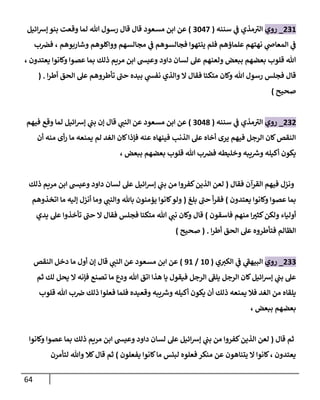 64
231
_
‫روي‬
‫سننه‬ ‫ي‬
‫ػ‬ ‫مذي‬‫إلت‬
(
3047
)
‫مسعود‬ ‫إبن‬ ‫عن‬
‫إئيل‬‫ش‬‫ؤ‬ ‫بنو‬ ‫وقعت‬ ‫لما‬ ‫هللا‬ ‫رسول‬ ‫قال‬ ‫قال‬
‫وشاربوهم‬ ‫ووإكلوهم‬ ‫مجالسهم‬ ‫ي‬
‫ػ‬ ‫فجالسوهم‬ ‫ينتهوإ‬ ‫فلم‬ ‫علماؤهم‬ ‫نهتهم‬ ‫ي‬
‫إلمعاض‬ ‫ي‬
‫ػ‬
،
‫ب‬‫فخ‬
، ‫يعتدون‬ ‫وكانوإ‬ ‫عصوإ‬ ‫بما‬ ‫ذلك‬ ‫مريم‬ ‫إبن‬ ‫وعيش‬ ‫دإود‬ ‫لسان‬ ‫عل‬ ‫ولعنهم‬ ‫ببعض‬ ‫بعضهم‬ ‫قلوب‬ ‫هللا‬
‫إ‬‫ر‬‫أط‬ ‫إلحق‬ ‫عل‬ ‫تأطروهم‬ ‫حن‬ ‫بيده‬ ‫ي‬
‫نفش‬ ‫وإلذي‬ ‫إل‬ ‫فقال‬ ‫متكئا‬ ‫وكان‬ ‫هللا‬ ‫رسول‬ ‫فجلس‬ ‫قال‬
.
(
‫صحيح‬
)
232
_
‫روي‬
‫سننه‬ ‫ي‬
‫ػ‬ ‫مذي‬‫إلت‬
(
3048
)
‫فيهم‬ ‫وقع‬ ‫لما‬ ‫إئيل‬‫ش‬‫ؤ‬ ‫ي‬
‫بن‬ ‫ؤن‬ ‫قال‬ ‫ي‬
‫إلنن‬ ‫عن‬ ‫مسعود‬ ‫إبن‬ ‫عن‬
‫أن‬ ‫منه‬ ‫أى‬‫ر‬ ‫ما‬ ‫يمنعه‬ ‫لم‬ ‫إلغد‬ ‫كان‬‫فإذإ‬ ‫عنه‬ ‫فينهاه‬ ‫إلذنب‬ ‫عل‬ ‫أخاه‬ ‫يرى‬ ‫فيهم‬ ‫إلرجل‬ ‫كان‬‫إلنقص‬
، ‫ببعض‬ ‫بعضهم‬ ‫قلوب‬ ‫هللا‬ ‫ب‬‫فخ‬ ‫وخليطه‬ ‫يبه‬ ‫ر‬
‫وش‬ ‫أكيله‬ ‫يكون‬
‫فقال‬ ‫إلقرآن‬ ‫فيهم‬ ‫ونزل‬
(
‫ذلك‬ ‫مريم‬ ‫إبن‬ ‫وعيش‬ ‫دإود‬ ‫لسان‬ ‫عل‬ ‫إئيل‬‫ش‬‫ؤ‬ ‫ي‬
‫بن‬ ‫من‬ ‫كفروإ‬‫إلذين‬ ‫لعن‬
‫يعتدون‬ ‫وكانوإ‬ ‫عصوإ‬ ‫بما‬
)
‫بلغ‬ ‫حن‬ ‫أ‬‫ر‬‫فق‬
(
‫إتخذوهم‬ ‫ما‬ ‫ؤليه‬ ‫أنزل‬ ‫وما‬ ‫ي‬
‫وإلنن‬ ‫باهلل‬ ‫يؤمنون‬ ‫كانوإ‬‫ولو‬
‫فاسقون‬ ‫منهم‬ ‫إ‬‫كثت‬‫ولكن‬ ‫أولياء‬
)
‫يدي‬ ‫عل‬ ‫تأخذوإ‬ ‫حن‬ ‫إل‬ ‫فقال‬ ‫فجلس‬ ‫متكئا‬ ‫هللا‬ ‫ي‬
‫نن‬ ‫وكان‬ ‫قال‬
‫إ‬‫ر‬‫أط‬ ‫إلحق‬ ‫عل‬ ‫فتأطروه‬ ‫إلظالم‬
.
(
‫صحيح‬
)
233
_
‫روي‬
‫ي‬‫إلكت‬ ‫ي‬
‫ػ‬ ‫ي‬
‫إلبيهؼ‬
(
10
/
91
)
‫قال‬ ‫ي‬
‫إلنن‬ ‫عن‬ ‫مسعود‬ ‫إبن‬ ‫عن‬
‫إلنقص‬ ‫دخل‬ ‫ما‬ ‫أول‬ ‫ؤن‬
‫ثم‬ ‫لك‬ ‫يحل‬ ‫إل‬ ‫فإنه‬ ‫تصنع‬ ‫ما‬ ‫ودع‬ ‫هللا‬ ‫إتق‬ ‫هذإ‬ ‫يا‬ ‫فيقول‬ ‫إلرجل‬ ‫يلؼ‬ ‫إلرجل‬ ‫كان‬‫إئيل‬‫ش‬‫ؤ‬ ‫ي‬
‫بن‬ ‫عل‬
‫قلوب‬ ‫هللا‬ ‫ب‬‫ض‬ ‫ذلك‬ ‫فعلوإ‬ ‫فلما‬ ‫وقعيده‬ ‫يبه‬ ‫ر‬
‫وش‬ ‫أكيله‬ ‫يكون‬ ‫أن‬ ‫ذلك‬ ‫يمنعه‬ ‫فال‬ ‫إلغد‬ ‫من‬ ‫يلقاه‬
، ‫ببعض‬ ‫بعضهم‬
‫قال‬ ‫ثم‬
(
‫وكانوإ‬ ‫عصوإ‬ ‫بما‬ ‫ذلك‬ ‫مريم‬ ‫إبن‬ ‫وعيش‬ ‫دإود‬ ‫لسان‬ ‫عل‬ ‫إئيل‬‫ش‬‫ؤ‬ ‫ي‬
‫بن‬ ‫من‬ ‫كفروإ‬‫إلذين‬ ‫لعن‬
‫يفعلون‬ ‫كانوإ‬‫ما‬ ‫لبئس‬ ‫فعلوه‬ ‫منكر‬ ‫عن‬ ‫يتناهون‬ ‫إل‬ ‫كانوإ‬، ‫يعتدون‬
)
‫لتأمرن‬ ‫وهللا‬ ‫كال‬‫قال‬ ‫ثم‬
 