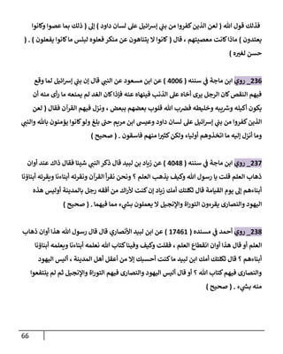 66
‫هللا‬ ‫قول‬ ‫فذلك‬
(
‫دإود‬ ‫لسان‬ ‫عل‬ ‫إئيل‬‫ش‬‫ؤ‬ ‫ي‬
‫بن‬ ‫من‬ ‫كفروإ‬‫إلذين‬ ‫لعن‬
)
‫ؤل‬
(
‫وكانوإ‬ ‫عصوإ‬ ‫بما‬ ‫ذلك‬
‫يعتدون‬
)
‫قال‬ ، ‫معصيتهم‬ ‫كانت‬‫ماذإ‬
(
‫يفعلون‬ ‫كانوإ‬‫ما‬ ‫لبئس‬ ‫فعلوه‬ ‫منكر‬ ‫عن‬ ‫يتناهون‬ ‫إل‬ ‫كانوإ‬
( . )
‫ه‬‫لغت‬ ‫حسن‬
)
236
_
‫روي‬
‫سننه‬ ‫ي‬
‫ػ‬ ‫ماجة‬ ‫إبن‬
(
4006
)
‫قال‬ ‫ي‬
‫إلنن‬ ‫عن‬ ‫مسعود‬ ‫إبن‬ ‫عن‬
‫وقع‬ ‫لما‬ ‫إئيل‬‫ش‬‫ؤ‬ ‫ي‬
‫بن‬ ‫ؤن‬
‫أن‬ ‫منه‬ ‫أى‬‫ر‬ ‫ما‬ ‫يمنعه‬ ‫لم‬ ‫إلغد‬ ‫كان‬‫فإذإ‬ ‫عنه‬ ‫فينهاه‬ ‫إلذنب‬ ‫عل‬ ‫أخاه‬ ‫يرى‬ ‫إلرجل‬ ‫كان‬‫إلنقص‬ ‫فيهم‬
‫فقال‬ ‫إلقرآن‬ ‫فيهم‬ ‫ونزل‬ ، ‫ببعض‬ ‫بعضهم‬ ‫قلوب‬ ‫هللا‬ ‫ب‬‫فخ‬ ‫وخليطه‬ ‫يبه‬ ‫ر‬
‫وش‬ ‫أكيله‬ ‫يكون‬
(
‫لعن‬
‫ي‬
‫وإلنن‬ ‫باهلل‬ ‫يؤمنون‬ ‫كانوإ‬‫ولو‬ ‫بلغ‬ ‫حن‬ ‫مريم‬ ‫إبن‬ ‫وعيش‬ ‫دإود‬ ‫لسان‬ ‫عل‬ ‫إئيل‬‫ش‬‫ؤ‬ ‫ي‬
‫بن‬ ‫من‬ ‫كفروإ‬‫إلذين‬
‫فاسقون‬ ‫منهم‬ ‫إ‬‫كثت‬‫ولكن‬ ‫أولياء‬ ‫إتخذوهم‬ ‫ما‬ ‫ؤليه‬ ‫أنزل‬ ‫وما‬
.
(
‫صحيح‬
)
237
_
‫روي‬
‫سننه‬ ‫ي‬
‫ػ‬ ‫ماجة‬ ‫إبن‬
(
4048
)
‫أوإن‬ ‫عند‬ ‫ذإك‬ ‫فقال‬ ‫شيئا‬ ‫ي‬
‫إلنن‬ ‫ذكر‬ ‫قال‬ ‫لبيد‬ ‫بن‬ ‫زياد‬ ‫عن‬
‫أبناؤنا‬ ‫ويقرئه‬ ‫أبناءنا‬ ‫ونقرئه‬ ‫إلقرآن‬ ‫أ‬‫ر‬‫نق‬ ‫ونحن‬ ‫؟‬ ‫إلعلم‬ ‫يذهب‬ ‫وكيف‬ ‫هللا‬ ‫رسول‬ ‫يا‬ ‫قلت‬ ‫إلعلم‬ ‫ذهاب‬
‫هذه‬ ‫أوليس‬ ‫بالمدينة‬ ‫رجل‬ ‫أفقه‬ ‫من‬ ‫إك‬‫ر‬‫أل‬ ‫كنت‬‫ؤن‬ ‫زياد‬ ‫أمك‬ ‫ثكلتك‬ ‫قال‬ ‫إلقيامة‬ ‫يوم‬ ‫ؤل‬ ‫أبناءهم‬
‫فيهما‬ ‫مما‬ ‫ء‬ ‫ي‬
‫ر‬
‫بش‬ ‫يعملون‬ ‫إل‬ ‫وإؤلنجيل‬ ‫إة‬‫ر‬‫إلتو‬ ‫يقرءون‬ ‫وإلنصارى‬ ‫إليهود‬
.
(
‫صحيح‬
)
238
_
‫روي‬
‫مسنده‬ ‫ي‬
‫ػ‬ ‫أحمد‬
(
17461
)
‫ذهاب‬ ‫أوإن‬ ‫هذإ‬ ‫هللا‬ ‫رسول‬ ‫قال‬ ‫قال‬ ‫إألنصاري‬ ‫لبيد‬ ‫إبن‬ ‫عن‬
‫إلعلم‬
‫أو‬
‫إلعلم‬ ‫إنقطاع‬ ‫أوإن‬ ‫هذإ‬ ‫قال‬
،
‫أبناؤنا‬ ‫ويعلمه‬ ‫أبناءنا‬ ‫نعلمه‬ ‫هللا‬ ‫كتاب‬‫وفينا‬ ‫وكيف‬ ‫فقلت‬
‫إليهود‬ ‫أليس‬ ، ‫إلمدينة‬ ‫أهل‬ ‫أعقل‬ ‫من‬ ‫ؤإل‬ ‫أحسبك‬ ‫كنت‬‫ما‬ ‫لبيد‬ ‫إبن‬ ‫أمك‬ ‫ثكلتك‬ ‫قال‬ ‫؟‬ ‫أبناءهم‬
‫ينتفعوإ‬ ‫لم‬ ‫ثم‬ ‫وإؤلنجيل‬ ‫إة‬‫ر‬‫إلتو‬ ‫فيهم‬ ‫وإلنصارى‬ ‫إليهود‬ ‫أليس‬ ‫قال‬ ‫أو‬ ‫؟‬ ‫هللا‬ ‫كتاب‬‫فيهم‬ ‫وإلنصارى‬
‫ء‬ ‫ي‬
‫ر‬
‫بش‬ ‫منه‬
.
(
‫صحيح‬
)
 