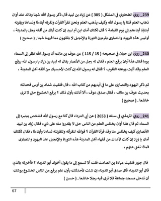 67
239
_
‫روي‬
‫إلمشكل‬ ‫ي‬
‫ػ‬ ‫إلطحاوي‬
(
305
)
‫أوإن‬ ‫عند‬ ‫وذإك‬ ‫شيئا‬ ‫هللا‬ ‫رسول‬ ‫ذكر‬ ‫قال‬ ‫لبيد‬ ‫بن‬ ‫زياد‬ ‫عن‬
‫ويقرئه‬ ‫ونساءنا‬ ‫أبناءنا‬ ‫ونقرئه‬ ‫إلقرآن‬ ‫أ‬‫ر‬‫نق‬ ‫ونحن‬ ‫إلعلم‬ ‫يذهب‬ ‫وكيف‬ ‫هللا‬ ‫رسول‬ ‫يا‬ ‫قلنا‬ ‫إلعلم‬ ‫ذهاب‬
، ‫بالمدينة‬ ‫رجل‬ ‫أفقه‬ ‫من‬ ‫إك‬‫ر‬‫أ‬ ‫كنت‬‫ؤن‬ ‫لبيد‬ ‫أم‬ ‫إبن‬ ‫أمك‬ ‫ثكلتك‬ ‫قال‬ ‫؟‬ ‫إلقيامة‬ ‫يوم‬ ‫ؤل‬ ‫أبناءهم‬ ‫أبناؤنا‬
‫شيئا‬ ‫فيهما‬ ‫مما‬ ‫يفقهون‬ ‫إل‬ ‫وإؤلنجيل‬ ‫إة‬‫ر‬‫إلتو‬ ‫يقرءون‬ ‫وإلنصارى‬ ‫إليهود‬ ‫هذه‬ ‫أوليس‬
.
(
‫صحيح‬
)
240
_
‫روي‬
‫صحيحه‬ ‫ي‬
‫ػ‬ ‫حبان‬ ‫إبن‬
(
15
/
115
)
‫مالك‬ ‫بن‬ ‫عوف‬ ‫عن‬
‫إلسماء‬ ‫ؤل‬ ‫نظر‬ ‫هللا‬ ‫رسول‬ ‫أن‬
‫إلعلم‬ ‫يرفع‬ ‫أوإن‬ ‫هذإ‬ ‫فقال‬ ‫يوما‬
،
‫يرفع‬ ‫هللا‬ ‫رسول‬ ‫يا‬ ‫زياد‬ ‫بن‬ ‫لبيد‬ ‫له‬ ‫يقال‬ ‫إألنصار‬ ‫من‬ ‫رجل‬ ‫له‬ ‫فقال‬
، ‫إلمدينة‬ ‫أهل‬ ‫أفقه‬ ‫من‬ ‫ألحسبك‬ ‫كنت‬‫ؤن‬ ‫هللا‬ ‫رسول‬ ‫له‬ ‫فقال‬ ‫؟‬ ‫إلقلوب‬ ‫ووعته‬ ‫أثبت‬ ‫وقد‬ ‫إلعلم‬
‫فحدثته‬ ‫أوس‬ ‫بن‬ ‫شدإد‬ ‫فلقيت‬ ‫قال‬ ، ‫هللا‬ ‫كتاب‬‫من‬ ‫أيديهم‬ ‫ي‬
‫ػ‬ ‫ما‬ ‫عل‬ ‫وإلنصارى‬ ‫إليهود‬ ‫ذكر‬ ‫ثم‬
‫ترى‬ ‫إل‬ ‫حن‬ ‫إلخشوع‬ ‫يرفع‬ ‫؟‬ ‫ذلك‬ ‫بأول‬ ‫أدلك‬ ‫أإل‬ ، ‫عوف‬ ‫صدق‬ ‫فقال‬ ، ‫مالك‬ ‫بن‬ ‫عوف‬ ‫بحديث‬
‫خاشعا‬
.
(
‫صحيح‬
)
241
_
‫روي‬
‫سننه‬ ‫ي‬
‫ػ‬ ‫مذي‬‫إلت‬
(
2653
)
‫ؤل‬ ‫ببخه‬ ‫فشخص‬ ‫هللا‬ ‫رسول‬ ‫مع‬ ‫كنا‬‫قال‬ ‫إلدردإء‬ ‫ي‬
‫أب‬ ‫عن‬
‫لبيد‬ ‫بن‬ ‫زياد‬ ‫فقال‬ ‫ء‬ ‫ي‬
‫ر‬
‫ش‬ ‫عل‬ ‫منه‬ ‫يقدروإ‬ ‫إل‬ ‫حن‬ ‫إلناس‬ ‫من‬ ‫إلعلم‬ ‫يختلس‬ ‫أوإن‬ ‫هذإ‬ ‫قال‬ ‫ثم‬ ‫إلسماء‬
‫ثكلتك‬ ‫فقال‬ ، ‫وأبناءنا‬ ‫نساءنا‬ ‫ولنقرئنه‬ ‫أنه‬‫ر‬‫لنق‬ ‫فوهللا‬ ‫؟‬ ‫إلقرآن‬ ‫أنا‬‫ر‬‫ق‬ ‫وقد‬ ‫منا‬ ‫يختلس‬ ‫كيف‬‫إألنصاري‬
‫وإلنصارى‬ ‫إليهود‬ ‫عند‬ ‫وإؤلنجيل‬ ‫إة‬‫ر‬‫إلتو‬ ‫هذه‬ ‫إلمدينة‬ ‫أهل‬ ‫فقهاء‬ ‫من‬ ‫ألعدك‬ ‫كنت‬‫ؤن‬ ‫زياد‬ ‫يا‬ ‫أمك‬
، ‫عنهم‬ ‫ي‬
‫تغن‬ ‫فماذإ‬
‫بالذي‬ ‫ته‬‫فأخت‬ ‫؟‬ ‫إلدردإء‬ ‫أبو‬ ‫أخوك‬ ‫يقول‬ ‫ما‬ ‫ؤل‬ ‫تسمع‬ ‫أإل‬ ‫قلت‬ ‫إلصامت‬ ‫بن‬ ‫عبادة‬ ‫فلقيت‬ ‫جبت‬ ‫قال‬
‫يوشك‬ ‫إلخشوع‬ ‫إلناس‬ ‫من‬ ‫يرفع‬ ‫علم‬ ‫بأول‬ ‫ألحدثنك‬ ‫شئت‬ ‫ؤن‬ ‫إلدردإء‬ ‫أبو‬ ‫صدق‬ ‫قال‬ ‫إلدردإء‬ ‫أبو‬ ‫قال‬
‫خاشعا‬ ‫رجال‬ ‫فيه‬ ‫ترى‬ ‫فال‬ ‫جماعة‬ ‫مسجد‬ ‫تدخل‬ ‫أن‬
.
(
‫حسن‬
)
 
