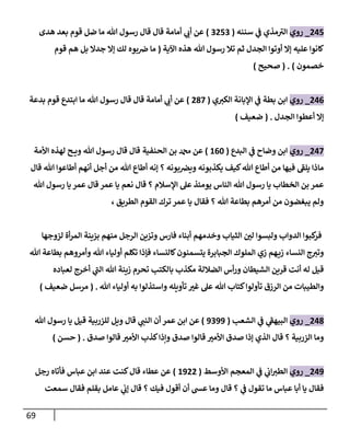 69
245
_
‫روي‬
‫سننه‬ ‫ي‬
‫ػ‬ ‫مذي‬‫إلت‬
(
3253
)
‫هدى‬ ‫بعد‬ ‫قوم‬ ‫ضل‬ ‫ما‬ ‫هللا‬ ‫رسول‬ ‫قال‬ ‫قال‬ ‫أمامة‬ ‫ي‬
‫أب‬ ‫عن‬
‫إآلية‬ ‫هذه‬ ‫هللا‬ ‫رسول‬ ‫تال‬ ‫ثم‬ ‫إلجدل‬ ‫أوتوإ‬ ‫ؤإل‬ ‫عليه‬ ‫كانوإ‬
(
‫قوم‬ ‫هم‬ ‫بل‬ ‫جدإل‬ ‫ؤإل‬ ‫لك‬ ‫بوه‬‫ض‬ ‫ما‬
‫خصمون‬
)
( .
‫صحيح‬
)
246
_
‫روي‬
‫ي‬‫إلكت‬ ‫إؤلبانة‬ ‫ي‬
‫ػ‬ ‫بطة‬ ‫إبن‬
(
287
)
‫بدعة‬ ‫قوم‬ ‫إبتدع‬ ‫ما‬ ‫هللا‬ ‫رسول‬ ‫قال‬ ‫قال‬ ‫أمامة‬ ‫ي‬
‫أب‬ ‫عن‬
‫إلجدل‬ ‫أعطوإ‬ ‫ؤإل‬
.
(
‫ضعيف‬
)
247
_
‫روي‬
‫وضاح‬ ‫إبن‬
‫ي‬
‫ػ‬
‫إلبدع‬
(
160
)
‫إلحنفية‬ ‫بن‬ ‫دمحم‬ ‫عن‬
‫إألمة‬ ‫لهذه‬ ‫ح‬ ‫وي‬ ‫هللا‬ ‫رسول‬ ‫قال‬ ‫قال‬
‫قال‬ ‫هللا‬ ‫أطاعوإ‬ ‫أنهم‬ ‫أجل‬ ‫من‬ ‫هللا‬ ‫أطاع‬ ‫ؤنه‬ ‫؟‬ ‫بونه‬‫ويخ‬ ‫يكذبونه‬ ‫كيف‬‫هللا‬ ‫أطاع‬ ‫من‬ ‫فيها‬ ‫يلؼ‬ ‫ماذإ‬
‫هللا‬ ‫رسول‬ ‫يا‬ ‫عمر‬ ‫قال‬ ‫عمر‬ ‫يا‬ ‫نعم‬ ‫قال‬ ‫؟‬ ‫إؤلسالم‬ ‫عل‬ ‫يومئذ‬ ‫إلناس‬ ‫هللا‬ ‫رسول‬ ‫يا‬ ‫إلخطاب‬ ‫بن‬ ‫عمر‬
، ‫إلطريق‬ ‫إلقوم‬ ‫ترك‬ ‫عمر‬ ‫يا‬ ‫فقال‬ ‫؟‬ ‫هللا‬ ‫بطاعة‬ ‫أمرهم‬ ‫من‬ ‫يبغضون‬ ‫ولم‬
‫لزوجها‬ ‫أة‬‫ر‬‫إلم‬ ‫بزينة‬ ‫منهم‬ ‫إلرجل‬ ‫وتزين‬ ‫فارس‬ ‫أبناء‬ ‫وخدمهم‬ ‫إلثياب‬ ‫لن‬ ‫ولبسوإ‬ ‫إلدوإب‬ ‫كبوإ‬
‫فر‬
‫هللا‬ ‫بطاعة‬ ‫وأمروهم‬ ‫هللا‬ ‫أولياء‬ ‫تكلم‬ ‫فإذإ‬ ‫كالنساء‬‫يتسمنون‬ ‫إلجبابرة‬ ‫إلملوك‬ ‫زي‬ ‫هم‬‫زي‬ ‫إلنساء‬ ‫ج‬‫وتت‬
‫لعباده‬ ‫أخرج‬ ‫ي‬
‫إلن‬ ‫هللا‬ ‫زينة‬ ‫تحرم‬ ‫بالكتب‬ ‫مكذب‬ ‫إلضاللة‬ ‫أس‬‫ر‬‫و‬ ‫إلشيطان‬ ‫قرين‬ ‫أنت‬ ‫له‬ ‫قيل‬
‫هللا‬ ‫أولياء‬ ‫به‬ ‫وإستذلوإ‬ ‫تأويله‬ ‫غت‬ ‫عل‬ ‫هللا‬ ‫كتاب‬‫تأولوإ‬ ‫إلرزق‬ ‫من‬ ‫وإلطيبات‬
.
(
‫ضعيف‬ ‫مرسل‬
)
248
_
‫روي‬
‫إلشعب‬ ‫ي‬
‫ػ‬ ‫ي‬
‫إلبيهؼ‬
(
9399
)
‫هللا‬ ‫رسول‬ ‫يا‬ ‫قيل‬ ‫للزربية‬ ‫ويل‬ ‫قال‬ ‫ي‬
‫إلنن‬ ‫أن‬ ‫عمر‬ ‫إبن‬ ‫عن‬
‫صدق‬ ‫قالوإ‬ ‫إألمت‬ ‫كذب‬‫وإذإ‬ ‫صدق‬ ‫قالوإ‬ ‫إألمت‬ ‫صدق‬ ‫ؤذإ‬ ‫إلذي‬ ‫قال‬ ‫؟‬ ‫إلزربية‬ ‫وما‬
.
(
‫حسن‬
)
249
_
‫روي‬
‫إألوسط‬ ‫إلمعجم‬ ‫ي‬
‫ػ‬ ‫ي‬
‫إب‬‫إلطت‬
(
1922
)
‫رجل‬ ‫فأتاه‬ ‫عباس‬ ‫إبن‬ ‫عند‬ ‫كنت‬‫قال‬ ‫عطاء‬ ‫عن‬
‫سمعت‬ ‫فقال‬ ‫بقلم‬ ‫عامل‬ ‫ي‬
‫ؤب‬ ‫قال‬ ‫؟‬ ‫فيك‬ ‫أقول‬ ‫أن‬ ‫عش‬ ‫وما‬ ‫قال‬ ‫؟‬ ‫ي‬
‫ػ‬ ‫تقول‬ ‫ما‬ ‫عباس‬ ‫أبا‬ ‫يا‬ ‫فقال‬
 