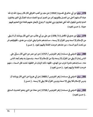 76
278
_
‫روي‬
‫ه‬‫تفست‬ ‫ي‬
‫ػ‬ ‫حاتم‬ ‫ي‬
‫أب‬ ‫إبن‬
(
1912
)
‫هلل‬ ‫ؤن‬ ‫هللا‬ ‫رسول‬ ‫قال‬ ‫قال‬ ‫ي‬
‫إلقرط‬ ‫كعب‬‫بن‬ ‫دمحم‬ ‫عن‬
‫يختلون‬ ‫إللن‬ ‫ي‬
‫ػ‬ ‫إلضأن‬ ‫مسك‬ ‫للعباد‬ ‫لبسوإ‬ ‫إلصت‬ ‫من‬ ‫أمر‬ ‫هم‬‫وقلوب‬ ‫إلعسل‬ ‫من‬ ‫أحل‬ ‫ألسنتهم‬ ‫عبادإ‬
‫فيهم‬ ‫إلحليم‬ ‫تدع‬ ‫فتنة‬ ‫عليهم‬ ‫ر‬
‫ألبعن‬ ‫ي‬
‫وعزب‬ ‫؟‬ ‫ون‬‫تغت‬ ‫ي‬
‫وب‬ ‫ئون‬‫تجت‬ ‫ي‬
‫أعل‬ ‫هللا‬ ‫فيقول‬ ‫بالدين‬ ‫إلدنيا‬
‫إنا‬‫حت‬
.
(
‫حسن‬
‫ه‬‫لغت‬
)
279
_
‫روي‬
‫إلكامل‬ ‫ي‬
‫ػ‬ ‫عدي‬ ‫إبن‬
(
5
/
378
)
‫ي‬
‫يبؼ‬ ‫إل‬ ‫أن‬ ‫يوشك‬ ‫قال‬ ‫ي‬
‫إلنن‬ ‫عن‬ ‫طالب‬ ‫ي‬
‫أب‬ ‫بن‬ ‫ي‬
‫عل‬ ‫عن‬
‫ر‬
‫ش‬ ‫فقهاؤهم‬ ، ‫هدي‬ ‫من‬ ‫إب‬‫ر‬‫خ‬ ‫ي‬
‫وه‬ ‫عامرة‬ ‫مساجدهم‬ ، ‫رسمه‬ ‫ؤإل‬ ‫إلقرآن‬ ‫ومن‬ ‫إسمه‬ ‫ؤإل‬ ‫إؤلسالم‬ ‫من‬
‫تعود‬ ‫وفيهم‬ ‫إلفتنة‬ ‫خرجت‬ ‫عندهم‬ ‫من‬ ، ‫إلسماء‬ ‫أديم‬ ‫تحت‬ ‫من‬
.
(
‫حسن‬
)
280
_
‫روي‬
‫مسنده‬ ‫ي‬
‫ػ‬ ‫ي‬
‫إلديلم‬
(
‫إلفردوس‬ ‫زهر‬
/
1717
)
‫ي‬
‫عل‬ ‫ي‬
‫سيأب‬ ‫قال‬ ‫ي‬
‫إلنن‬ ‫عن‬‫عمر‬ ‫إبن‬ ‫عن‬
‫إلناس‬ ‫أبعد‬ ‫وهم‬ ‫به‬ ‫يتسمون‬ ، ‫إسمه‬ ‫ؤإل‬ ‫إؤلسالم‬ ‫من‬ ‫وإل‬ ‫رسمه‬ ‫ؤإل‬ ‫إلقرآن‬ ‫من‬ ‫ي‬
‫يبؼ‬ ‫إل‬ ‫زمان‬ ‫إلناس‬
‫منهم‬ ، ‫إلسماء‬ ‫ظل‬ ‫تحت‬ ‫إلفقهاء‬ ‫ر‬
‫ش‬ ‫إلزمان‬ ‫ذلك‬ ‫فقهاء‬ ، ‫إلهدي‬ ‫من‬ ‫إب‬‫ر‬‫خ‬ ‫عامرة‬ ‫مساجدهم‬ ، ‫منه‬
‫تعود‬ ‫وإليهم‬ ‫إلفتنة‬ ‫خرحت‬
.
(
‫ه‬‫لغت‬ ‫حسن‬
)
281
_
‫روي‬
‫مسنده‬ ‫ي‬
‫ػ‬ ‫ي‬
‫إلديلم‬
(
‫إلفردوس‬ ‫زهر‬
/
3405
)
‫أن‬ ‫يوشك‬ ‫قال‬ ‫ي‬
‫إلنن‬ ‫عن‬ ‫هريرة‬ ‫ي‬
‫أب‬ ‫عن‬
‫رسمه‬ ‫ؤإل‬ ‫ي‬
‫يبؼ‬ ‫فال‬ ‫إلقرآن‬ ‫ويدرس‬ ‫إسمه‬ ‫ؤإل‬ ‫ي‬
‫يبؼ‬ ‫فال‬ ‫إؤلسالم‬ ‫يدرس‬
.
(
‫حسن‬
)
282
_
‫روي‬
‫مسنده‬ ‫ي‬
‫ػ‬ ‫ي‬
‫إلديلم‬
(
‫إلفردوس‬ ‫زهر‬
/
1718
)
‫إلسابق‬ ‫إلحديث‬ ‫بنحو‬ ‫ي‬
‫إلنن‬ ‫عن‬ ‫معاذ‬ ‫عن‬
.
(
‫ه‬‫لغت‬ ‫حسن‬
)
 