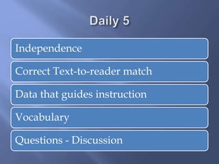 Independence
Correct Text-to-reader match
Data that guides instruction
Vocabulary
Questions - Discussion
 