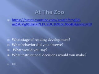  https://www.youtube.com/watch?v=qEd-
mZsCVg8&list=PLFC2DC18916C8664E&index=10
 What stage of reading development?
 What behavior did you observe?
 What would you say?
 What instructional decisions would you make?
 1:23
 