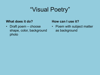 “Visual Poetry”
What does it do?
• Draft poem – choose
shape, color, background
photo
How can I use it?
• Poem with subject matter
as background
 
