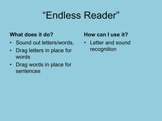 “Endless Reader”
What does it do?
• Sound out letters/words,
• Drag letters in place for
words
• Drag words in place for
sentences
How can I use it?
• Letter and sound
recognition
 