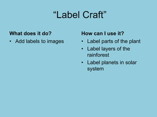 “Label Craft”
What does it do?
• Add labels to images
How can I use it?
• Label parts of the plant
• Label layers of the
rainforest
• Label planets in solar
system
 