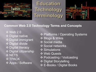 Common Web 2.0 Technology Terms and Concepts

 Web 2.0
                         Platforms / Operating Systems
 Digital native
                         Blogs & Wikis
 Digital immigrant
 Digital divide         Social media
                         Social networks
 Digital literacy
                         Simulations
 Digital citizenship
                         Web Quests
 NETS
 TPACK                  Podcasting / Vodcasting
                         Digital Storytelling
 Apps / Software
                         E-Books / Digital Books
 