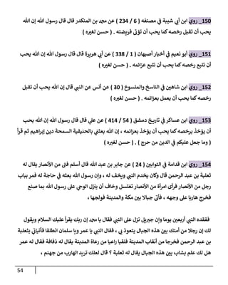 54
214
_
‫روي‬
‫مصنفه‬ ‫ي‬
‫ف‬ ‫شيبة‬ ‫ي‬
‫أب‬ ‫ابن‬
(
0
/
890
)
‫هللا‬ ‫إن‬ ‫هللا‬ ‫رسول‬ ‫قال‬ ‫قال‬ ‫المنكدر‬ ‫بن‬ ‫دمحم‬ ‫عن‬
‫فريضته‬ ‫تؤب‬ ‫أن‬ ‫يحب‬ ‫كما‬‫رخصه‬ ‫تقبل‬ ‫أن‬ ‫يحب‬
( .
‫ه‬ ‫ر‬
‫لغي‬ ‫حسن‬
)
212
_
‫روي‬
‫أصبهان‬ ‫أخبار‬ ‫ي‬
‫ف‬ ‫نعيم‬ ‫أبو‬
(
2
/
998
)
‫يحب‬ ‫هللا‬ ‫إن‬ ‫هللا‬ ‫رسول‬ ‫قال‬ ‫قال‬ ‫هريرة‬ ‫ي‬
‫أب‬ ‫عن‬
‫ر‬ ‫تتبع‬ ‫أن‬
‫ائمه‬‫ز‬‫ع‬ ‫تتبع‬ ‫أن‬ ‫يحب‬ ‫كما‬‫خصه‬
( .
‫ه‬ ‫ر‬
‫لغي‬ ‫حسن‬
)
218
_
‫روي‬
‫والمنسوخ‬ ‫الناسخ‬ ‫ي‬
‫ف‬ ‫ر‬
‫شاهن‬ ‫ابن‬
(
94
)
‫تقبل‬ ‫أن‬ ‫يحب‬ ‫هللا‬ ‫إن‬ ‫قال‬ ‫ي‬
‫النب‬ ‫عن‬ ‫أنس‬ ‫عن‬
‫ائمه‬‫ز‬‫بع‬ ‫يعمل‬ ‫أن‬ ‫يحب‬ ‫كما‬‫رخصه‬
( .
‫ه‬ ‫ر‬
‫لغي‬ ‫حسن‬
)
219
_
‫روي‬
‫دمشق‬ ‫خ‬ ‫تاري‬ ‫ي‬
‫ف‬ ‫عساكر‬ ‫ابن‬
(
10
/
020
)
‫يحب‬ ‫هللا‬ ‫إن‬ ‫هللا‬ ‫رسول‬ ‫قال‬ ‫قال‬ ‫ي‬
‫عل‬ ‫عن‬
‫أ‬‫ر‬‫ق‬ ‫ثم‬ ‫اهيم‬‫ر‬‫إب‬ ‫دين‬ ‫السمحة‬ ‫بالحنيفية‬ ‫ي‬
‫بعثب‬ ‫هللا‬ ‫إن‬ ، ‫ائمه‬‫ز‬‫بع‬ ‫يؤخذ‬ ‫أن‬ ‫يحب‬ ‫كما‬‫برخصه‬ ‫يؤخذ‬ ‫أن‬
(
‫ي‬
‫ف‬ ‫عليكم‬ ‫جعل‬ ‫وما‬
‫حرج‬ ‫من‬ ‫الدين‬
( . )
‫حسن‬
‫ه‬ ‫ر‬
‫لغي‬
)
210
_
‫روي‬
‫ا‬
‫قدامة‬ ‫بن‬
‫ي‬
‫ف‬
‫ر‬
‫التوابن‬
(
80
)
‫له‬ ‫يقال‬ ‫األنصار‬ ‫من‬ ‫فب‬ ‫أسلم‬ ‫قال‬ ‫هللا‬ ‫عبد‬ ‫بن‬ ‫جابر‬ ‫عن‬
‫بباب‬ ‫فمر‬ ‫له‬ ‫حاجة‬ ‫ي‬
‫ف‬ ‫بعثه‬ ‫هللا‬ ‫رسول‬ ‫ونن‬ ، ‫له‬ ‫ويخف‬ ‫ي‬
‫النب‬ ‫يخدم‬ ‫وكان‬ ‫قال‬ ‫الرحمن‬ ‫عبد‬ ‫بن‬ ‫ثعلبة‬
‫صنع‬ ‫بما‬ ‫هللا‬ ‫رسول‬ ‫عل‬ ‫ي‬
‫الوح‬ ‫ل‬‫يي‬ ‫أن‬ ‫وخاف‬ ‫تغتسل‬‫األنصار‬ ‫من‬ ‫أة‬‫ر‬‫ام‬ ‫أى‬‫ر‬‫ف‬ ‫األنصار‬ ‫من‬ ‫رجل‬
‫جباال‬ ‫فأب‬ ، ‫وجهه‬ ‫عل‬ ‫هاربا‬ ‫فخرج‬
، ‫فولجها‬ ‫والمدينة‬ ‫مكة‬ ‫ر‬
‫بن‬
‫ويقول‬ ‫السالم‬ ‫عليك‬ ‫أ‬‫ر‬‫يق‬ ‫ربك‬ ‫إن‬ ‫دمحم‬ ‫يا‬ ‫فقال‬ ‫ي‬
‫النب‬ ‫عل‬ ‫نزل‬ ‫يل‬‫جي‬ ‫ونن‬ ‫يوما‬ ‫ر‬
‫أربعن‬ ‫ي‬
‫النب‬ ‫ففقده‬
‫بثعلبة‬ ‫ي‬
‫فأتياب‬ ‫انطلقا‬ ‫سلمان‬ ‫ويا‬‫عمر‬ ‫يا‬ ‫ي‬
‫النب‬ ‫فقال‬ ، ‫ي‬
‫ب‬ ‫يتعوذ‬ ‫الجبال‬ ‫هذه‬ ‫ر‬
‫بن‬ ‫أمتك‬ ‫من‬ ‫رجال‬ ‫إن‬ ‫لك‬
‫فلق‬ ‫المدينة‬ ‫أنقاب‬ ‫من‬ ‫فخرجا‬ ‫الرحمن‬ ‫عبد‬ ‫بن‬
‫عمر‬ ‫له‬ ‫فقال‬ ‫ذفافة‬ ‫له‬ ‫يقال‬ ‫المدينة‬ ‫رعاة‬ ‫من‬ ‫اعيا‬‫ر‬ ‫يا‬
، ‫جهنم‬ ‫من‬ ‫الهارب‬ ‫تريد‬ ‫لعلك‬ ‫قال‬ ‫؟‬ ‫ثعلبة‬ ‫له‬ ‫يقال‬ ‫الجبال‬ ‫هذه‬ ‫ر‬
‫بن‬ ‫بشاب‬ ‫علم‬ ‫لك‬ ‫هل‬
 