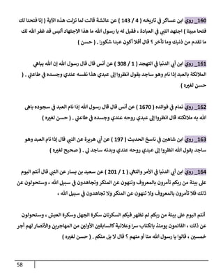 58
204
_
‫روي‬
‫تاريخه‬ ‫ي‬
‫ف‬ ‫عساكر‬ ‫ابن‬
(
0
/
209
)
‫عن‬
‫اآلية‬ ‫هذه‬ ‫نزلت‬ ‫لما‬ ‫قالت‬ ‫عائشة‬
(
‫لك‬ ‫فتحنا‬ ‫إنا‬
‫مبينا‬ ‫فتحا‬
)
‫لك‬ ‫هللا‬ ‫غفر‬ ‫قد‬ ‫أليس‬ ‫االجتهاد‬ ‫هذا‬ ‫ما‬ ‫هللا‬ ‫رسول‬ ‫يا‬ ‫له‬ ‫فقيل‬ ، ‫العبادة‬ ‫ي‬
‫ف‬ ‫ي‬
‫النب‬ ‫اجتهد‬
‫ا‬‫ر‬‫شكو‬ ‫عبدا‬ ‫أكون‬ ‫أفال‬ ‫قال‬ ‫؟‬‫تأخر‬ ‫وما‬ ‫ذنبك‬ ‫من‬ ‫تقدم‬ ‫ما‬
( .
‫حسن‬
)
202
_
‫روي‬
‫التهجد‬ ‫ي‬
‫ف‬ ‫الدنيا‬ ‫ي‬
‫أب‬ ‫ابن‬
(
2
/
948
)
‫أنس‬ ‫عن‬
‫ي‬
‫يباه‬ ‫هللا‬ ‫إن‬ ‫هللا‬ ‫رسول‬ ‫قال‬ ‫قال‬
‫ي‬
‫طاعب‬ ‫ي‬
‫ف‬ ‫وجسده‬ ‫عندي‬ ‫نفسه‬ ‫هذا‬ ‫عبدي‬ ‫إل‬ ‫انظروا‬ ‫يقول‬ ‫ساجد‬ ‫وهو‬ ‫نام‬ ‫إذا‬ ‫بالعبد‬ ‫المالئكة‬
( .
‫ه‬ ‫ر‬
‫لغي‬ ‫حسن‬
)
208
_
‫روي‬
‫فوائده‬ ‫ي‬
‫ف‬ ‫تمام‬
(
2004
)
‫أنس‬ ‫عن‬
‫باه‬ ‫سجوده‬ ‫ي‬
‫ف‬ ‫العبد‬ ‫نام‬ ‫إذا‬ ‫هللا‬ ‫رسول‬ ‫قال‬ ‫قال‬
‫عبدي‬ ‫إل‬ ‫انظروا‬ ‫قال‬ ‫مالئكته‬ ‫به‬ ‫هللا‬
‫ي‬
‫طاعب‬ ‫ي‬
‫ف‬ ‫وجسده‬ ‫عندي‬ ‫روحه‬
( .
‫ه‬ ‫ر‬
‫لغي‬ ‫حسن‬
)
209
_
‫روي‬
‫الحديث‬ ‫ناسخ‬ ‫ي‬
‫ف‬ ‫ر‬
‫شاهن‬ ‫ابن‬
(
230
)
‫وهو‬ ‫العبد‬ ‫نام‬ ‫إذا‬ ‫قال‬ ‫ي‬
‫النب‬ ‫عن‬ ‫هريرة‬ ‫ي‬
‫أب‬ ‫عن‬
‫ي‬
‫ل‬ ‫ساجد‬ ‫وبدنه‬ ‫عندي‬ ‫روحه‬ ‫عبدي‬ ‫إل‬ ‫انظروا‬ ‫هللا‬ ‫يقول‬ ‫ساجد‬
( .
‫ه‬ ‫ر‬
‫لغي‬ ‫صحيح‬
)
200
_
‫روي‬
‫ي‬
‫والنه‬‫األمر‬ ‫ي‬
‫ف‬ ‫الدنيا‬ ‫ي‬
‫أب‬ ‫ابن‬
(
2
/
842
)
‫اليوم‬ ‫أنتم‬ ‫قال‬ ‫ي‬
‫النب‬ ‫عن‬‫يسار‬ ‫بن‬ ‫سعيد‬ ‫عن‬
‫عن‬ ‫وستحولون‬ ، ‫هللا‬ ‫سبيل‬ ‫ي‬
‫ف‬ ‫وتجاهدون‬‫المنكر‬ ‫عن‬ ‫وتنهون‬ ‫بالمعروف‬ ‫تأمرون‬ ‫ربكم‬ ‫من‬ ‫بينة‬ ‫عل‬
، ‫هللا‬ ‫سبيل‬ ‫ي‬
‫ف‬ ‫تجاهدون‬ ‫وال‬‫المنكر‬ ‫عن‬ ‫تنهون‬ ‫وال‬ ‫بالمعروف‬ ‫تأمرون‬ ‫فال‬ ‫ذلك‬
‫عل‬ ‫اليوم‬ ‫أنتم‬
‫وستحولون‬ ، ‫العيش‬ ‫وسكرة‬ ‫الجهل‬ ‫سكرة‬ ‫السكرتان‬ ‫فيكم‬ ‫تظهر‬ ‫لم‬ ‫ربكم‬ ‫من‬ ‫بينة‬
‫أجر‬ ‫لهم‬ ‫واألنصار‬ ‫المهاجرين‬ ‫من‬ ‫ر‬
‫األولن‬ ‫ر‬
‫كالسابقن‬‫وعالنية‬ ‫ا‬‫ش‬ ‫بالكتاب‬ ‫يومئذ‬ ‫القائمون‬ ، ‫ذلك‬ ‫عن‬
‫منكم‬ ‫بل‬ ‫ال‬ ‫قال‬ ‫؟‬ ‫منهم‬ ‫أو‬ ‫منا‬ ‫هللا‬ ‫رسول‬ ‫يا‬ ‫قالوا‬ ، ‫ر‬
‫خمسن‬
( .
‫ه‬ ‫ر‬
‫لغي‬ ‫حسن‬
)
 