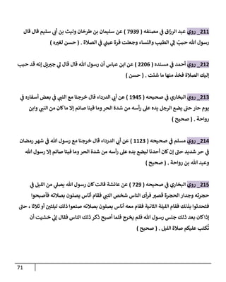 71
822
_
‫روي‬
‫مصنفه‬ ‫ي‬
‫ف‬ ‫اق‬‫ز‬‫الر‬ ‫عبد‬
(
0393
)
‫سليم‬ ‫ي‬
‫أب‬ ‫بن‬ ‫وليث‬ ‫طرخان‬ ‫بن‬ ‫سليمان‬ ‫عن‬
‫قال‬ ‫قال‬
‫الصالة‬ ‫ي‬
‫ف‬ ‫ي‬
‫عيب‬ ‫قرة‬ ‫وجعلت‬ ‫والنساء‬ ‫الطيب‬ ‫ي‬
‫إل‬ ‫حبب‬ ‫هللا‬ ‫رسول‬
( .
‫ه‬ ‫ر‬
‫لغي‬ ‫حسن‬
)
828
_
‫روي‬
‫مسنده‬ ‫ي‬
‫ف‬ ‫أحمد‬
(
8840
)
‫حبب‬ ‫قد‬ ‫إنه‬ ‫يل‬‫جي‬ ‫ي‬
‫ل‬ ‫قال‬ ‫قال‬ ‫هللا‬ ‫رسول‬ ‫أن‬ ‫عباس‬ ‫ابن‬ ‫عن‬
‫شئت‬ ‫ما‬ ‫منها‬ ‫فخذ‬ ‫الصالة‬ ‫إليك‬
( .
‫حسن‬
)
829
_
‫روي‬
‫صحيحه‬ ‫ي‬
‫ف‬ ‫البخاري‬
(
2301
)
‫ي‬
‫ف‬ ‫أسفاره‬ ‫بعض‬ ‫ي‬
‫ف‬ ‫ي‬
‫النب‬ ‫مع‬ ‫خرجنا‬ ‫قال‬ ‫الدرداء‬ ‫ي‬
‫أب‬ ‫عن‬
‫ال‬ ‫من‬ ‫كان‬‫ما‬ ‫إال‬ ‫صائم‬ ‫فينا‬ ‫وما‬‫الحر‬ ‫شدة‬ ‫من‬ ‫أسه‬‫ر‬ ‫عل‬ ‫يده‬ ‫الرجل‬ ‫يضع‬ ‫حب‬ ‫حار‬ ‫يوم‬
‫وابن‬ ‫ي‬
‫نب‬
‫رواحة‬
( .
‫صحيح‬
)
820
_
‫روي‬
‫صحيحه‬ ‫ي‬
‫ف‬ ‫مسلم‬
(
2289
)
‫رمضان‬ ‫شهر‬ ‫ي‬
‫ف‬ ‫هللا‬ ‫رسول‬ ‫مع‬ ‫خرجنا‬ ‫قال‬ ‫الدرداء‬ ‫ي‬
‫أب‬ ‫عن‬
‫هللا‬ ‫رسول‬ ‫إال‬ ‫صائم‬ ‫فينا‬ ‫وما‬‫الحر‬ ‫شدة‬ ‫من‬ ‫أسه‬‫ر‬ ‫عل‬ ‫يده‬ ‫ليضع‬ ‫أحدنا‬ ‫كان‬‫إن‬ ‫حب‬ ‫شديد‬ ‫حر‬ ‫ي‬
‫ف‬
‫رواحة‬ ‫بن‬ ‫هللا‬ ‫وعبد‬
( .
‫صحيح‬
)
821
_
‫روي‬
‫صحيحه‬ ‫ي‬
‫ف‬ ‫البخاري‬
(
083
)
‫ي‬
‫ف‬ ‫الليل‬ ‫من‬ ‫ي‬
‫يصل‬ ‫هللا‬ ‫رسول‬ ‫كان‬‫قالت‬ ‫عائشة‬ ‫عن‬
‫فأصبحوا‬ ‫بصالته‬ ‫يصلون‬ ‫أناس‬ ‫فقام‬ ‫ي‬
‫النب‬ ‫شخص‬ ‫الناس‬ ‫أى‬‫ر‬‫ف‬ ‫ر‬
‫قصي‬ ‫الحجرة‬ ‫وجدار‬ ‫حجرته‬
‫حب‬ ، ‫ثالثا‬ ‫أو‬ ‫ر‬
‫ليلتن‬ ‫ذلك‬ ‫صنعوا‬ ‫بصالته‬ ‫يصلون‬ ‫أناس‬ ‫معه‬ ‫فقام‬ ‫الثانية‬ ‫الليلة‬ ‫فقام‬ ‫بذلك‬ ‫فتحدثوا‬
‫ج‬ ‫ذلك‬ ‫بعد‬ ‫كان‬‫إذا‬
‫أن‬ ‫خشيت‬ ‫ي‬
‫إب‬ ‫فقال‬ ‫الناس‬ ‫ذلك‬ ‫ذكر‬ ‫أصبح‬ ‫فلما‬ ‫يخرج‬ ‫فلم‬ ‫هللا‬ ‫رسول‬ ‫لس‬
‫الليل‬ ‫صالة‬ ‫عليكم‬ ‫كتب‬
ُ
‫ت‬
( .
‫صحيح‬
)
 