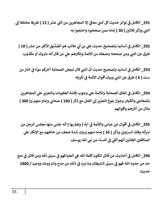 55
090
_
‫ر‬
‫عش‬ ‫ي‬
‫اثن‬ ‫من‬ ‫المجاهرين‬ ‫إال‬ ‫ي‬
‫معاف‬ ‫ي‬
‫ر‬
‫أمن‬ ‫كل‬‫حديث‬‫تواتر‬ ‫ي‬
‫ف‬ ‫الكامل‬
(
00
)
‫ي‬
‫إل‬ ‫مختلفا‬ ‫طريقا‬
‫ر‬
‫ثالثن‬ ‫كر‬ِ
‫وذ‬ ‫ي‬
‫النن‬
(
72
)
‫به‬ ‫واحتجوا‬ ‫صححوه‬ ‫ممن‬ ‫إماما‬
090
_
‫من‬ ‫األكت‬ ‫يق‬
ِّ
‫د‬ ِّ
‫الص‬ ‫هو‬ ‫طالب‬ ‫ي‬
‫أب‬ ‫بن‬ ‫ي‬
‫عل‬ ‫حديث‬ ‫وتصحيح‬ ‫أسانيد‬ ‫ي‬
‫ف‬ ‫الكامل‬
‫ر‬
‫عش‬
(
02
)
‫مكذوب‬ ‫أو‬ ‫وك‬ ‫ر‬
‫مت‬ ‫أنه‬ ‫قال‬ ‫من‬ ‫ي‬
‫عل‬ ‫وإنكارهم‬ ‫األئمة‬ ‫من‬ ‫وضعفه‬ ‫صححه‬ ‫ومن‬ ‫ي‬
‫النن‬ ‫عن‬ ‫طرق‬
097
_
‫من‬ ‫النار‬ ‫ي‬
‫ف‬ ‫موتا‬ ‫كم‬
‫آخر‬ ‫الصحابة‬ ‫لبعض‬ ‫قال‬ ‫ي‬
‫النن‬ ‫أن‬ ‫حديث‬ ‫وتصحيح‬ ‫أسانيد‬ ‫ي‬
‫ف‬ ‫الكامل‬
‫ست‬
(
0
)
‫تأويله‬ ‫ي‬
‫ف‬ ‫األئمة‬ ‫أقوال‬ ‫وبيان‬ ‫ي‬
‫النن‬ ‫عن‬ ‫طرق‬
090
_
‫و‬ ‫الصحابة‬ ‫اتفاق‬ ‫ي‬
‫ف‬ ‫الكامل‬
‫المجاهرين‬ ‫ي‬
‫عل‬‫والتعزير‬ ‫العقوبات‬ ‫إقامة‬ ‫وجوب‬ ‫ي‬
‫عل‬ ‫األئمة‬
‫كر‬ِ
‫ذ‬ ‫مع‬ ‫القتل‬ ‫ي‬
‫إل‬ ‫التعزير‬ ‫بلوغ‬ ‫وجواز‬‫والكبائر‬ ‫ي‬
‫بالمعاص‬
(
002
)
‫و‬ ‫منهم‬ ‫وإمام‬ ‫ي‬
‫صحاب‬
(
722
)
‫وأقوالهم‬ ‫آثارهم‬ ‫من‬ ‫مثال‬
098
_
‫آية‬ ‫ي‬
‫ف‬ ‫واألئمة‬ ‫عباس‬ ‫ابن‬ ‫أقوال‬ ‫ي‬
‫ف‬ ‫الكامل‬
(
‫بها‬ َّ
‫وهم‬
)
‫من‬ ‫الرجل‬ ‫مجلس‬ ‫منها‬ ‫جلس‬ ‫أنه‬
‫ا‬
‫كر‬ِ
‫وذ‬ ‫اويل‬‫ش‬‫ال‬ ‫وفك‬ ‫أته‬‫ر‬‫م‬
(
78
)
‫ي‬
‫عل‬‫اإلنكار‬ ‫مع‬ ‫خالفهم‬ ‫من‬ ‫ضعف‬ ‫شدة‬ ‫وبيان‬ ‫منهم‬ ‫إماما‬
‫يوسف‬ ‫هللا‬ ‫ي‬
‫نن‬ ‫من‬ ‫النساء‬ ‫ي‬
‫ف‬ ‫ي‬
‫ر‬
‫أتف‬ ‫أنهم‬ ‫ر‬
‫الظانن‬ ‫ر‬
‫المنافقن‬
090
_
‫منع‬ ‫ي‬
‫ف‬ ‫قاتل‬ ‫ومن‬ ‫هللا‬ ‫سبيل‬ ‫ي‬
‫ف‬ ‫فهو‬ ‫العليا‬ ‫ي‬
‫ه‬ ‫هللا‬ ‫كلمة‬‫لتكون‬ ‫قاتل‬ ‫من‬ ‫أحاديث‬ ‫ي‬
‫ف‬ ‫الكامل‬
‫سبيل‬ ‫ي‬
‫ف‬ ‫فهو‬ ‫هللا‬ ‫حدود‬ ‫من‬ ‫حد‬
‫ووعيد‬ ‫ووعد‬ ‫وذم‬ ‫مدح‬ ‫من‬ ‫ذلك‬ ‫ي‬
‫ف‬ ‫ورد‬ ‫وما‬ ‫الشيطان‬
/
0522
‫حديث‬
 