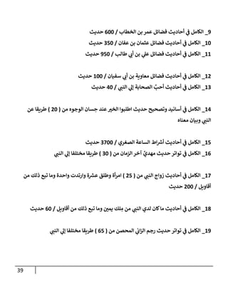 39
8
_
‫الخطاب‬ ‫بن‬ ‫عمر‬ ‫فضائل‬ ‫أحاديث‬ ‫ي‬
‫ف‬ ‫الكامل‬
/
011
‫حديث‬
01
_
‫عفان‬ ‫بن‬ ‫عثمان‬ ‫فضائل‬ ‫أحاديث‬ ‫ي‬
‫ف‬ ‫الكامل‬
/
251
‫حديث‬
00
_
‫طالب‬ ‫ي‬
‫أت‬ ‫بن‬ ‫ي‬
‫عل‬ ‫فضائل‬ ‫أحاديث‬ ‫ي‬
‫ف‬ ‫الكامل‬
/
851
‫حديث‬
03
_
‫سفيان‬ ‫ي‬
‫أت‬ ‫بن‬ ‫معاوية‬ ‫فضائل‬ ‫أحاديث‬ ‫ي‬
‫ف‬ ‫الكامل‬
/
011
‫حديث‬
02
_
‫ي‬
‫النن‬ ‫ي‬
‫إل‬ ‫الصحابة‬ ِّ
‫أحب‬ ‫أحاديث‬ ‫ي‬
‫ف‬ ‫الكامل‬
/
01
‫حديث‬
00
_
‫حدي‬ ‫وتصحيح‬ ‫أسانيد‬ ‫ي‬
‫ف‬ ‫الكامل‬
‫من‬ ‫الوجوه‬ ‫سان‬ ِ
‫ح‬ ‫عند‬‫الخي‬ ‫اطلبوا‬ ‫ث‬
(
31
)
‫عن‬ ‫طريقا‬
‫معناه‬ ‫وبيان‬ ‫ي‬
‫النن‬
05
_
‫الصغري‬ ‫الساعة‬ ‫اط‬ ‫ر‬
‫أش‬ ‫أحاديث‬ ‫ي‬
‫ف‬ ‫الكامل‬
/
2811
‫حديث‬
00
_
‫من‬ ‫الزمان‬ ‫آخر‬ ِّ
‫مهدي‬ ‫حديث‬ ‫تواتر‬ ‫ي‬
‫ف‬ ‫الكامل‬
(
21
)
‫ي‬
‫النن‬ ‫ي‬
‫إل‬ ‫مختلفا‬ ‫طريقا‬
08
_
‫من‬ ‫ي‬
‫النن‬ ‫زواج‬ ‫أحاديث‬ ‫ي‬
‫ف‬ ‫الكامل‬
(
35
)
‫وطلق‬ ‫أة‬‫ر‬‫ام‬
‫من‬ ‫ذلك‬ ‫تبع‬ ‫وما‬ ‫واحدة‬ ‫وارتدت‬ ‫ة‬ ‫ر‬
‫عش‬
‫أقاويل‬
/
311
‫حديث‬
07
_
‫أقاويل‬ ‫من‬ ‫ذلك‬ ‫تبع‬ ‫وما‬ ‫يمن‬ ‫لك‬ ِ
‫م‬ ‫من‬ ‫ي‬
‫النن‬ ‫لدي‬ ‫كان‬‫ما‬ ‫أحاديث‬ ‫ي‬
‫ف‬ ‫الكامل‬
/
01
‫حديث‬
08
_
‫من‬ ‫المحصن‬ ‫ي‬
‫ات‬‫ز‬‫ال‬ ‫رجم‬ ‫حديث‬ ‫تواتر‬ ‫ي‬
‫ف‬ ‫الكامل‬
(
05
)
‫ي‬
‫النن‬ ‫ي‬
‫إل‬ ‫مختلفا‬ ‫طريقا‬
 