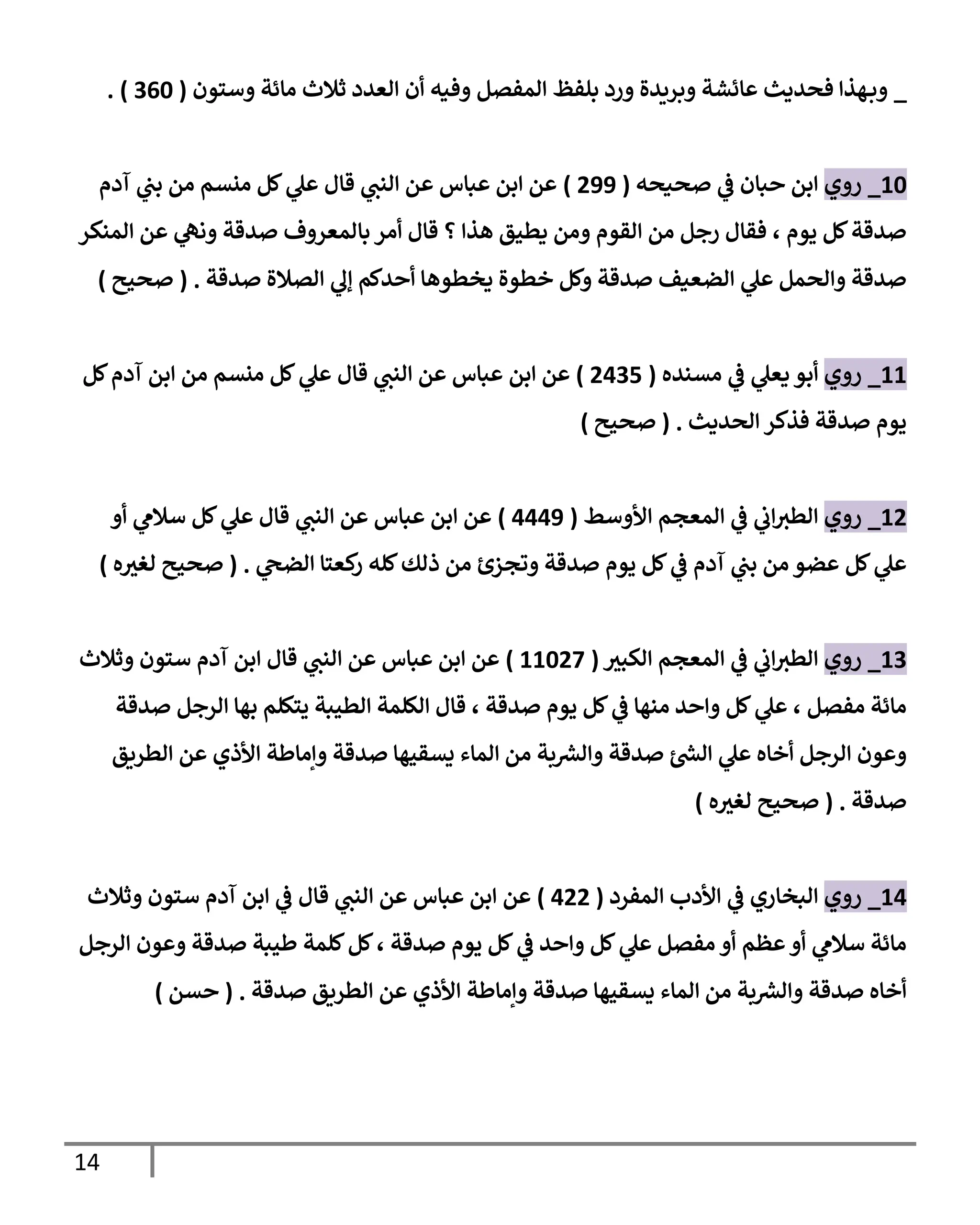 14
_
‫وستون‬ ‫مائة‬ ‫ثالث‬ ‫العدد‬ ‫أن‬ ‫وفيه‬ ‫المفصل‬ ‫بلفظ‬ ‫ورد‬ ‫وبريدة‬ ‫عائشة‬ ‫فحديث‬ ‫هذا‬‫وب‬
(
706
. )
36
_
‫روي‬
‫صحيحه‬ ‫ي‬
‫ف‬ ‫حبان‬ ‫ابن‬
(
288
)
‫آدم‬ ‫ي‬
‫بب‬ ‫من‬ ‫منسم‬ ‫كل‬ ‫ي‬
‫عل‬ ‫قال‬ ‫ي‬
‫النب‬ ‫عن‬ ‫عباس‬ ‫ابن‬ ‫عن‬
‫المنكر‬ ‫عن‬ ‫ي‬
‫ونه‬ ‫صدقة‬ ‫بالمعروف‬ ‫أمر‬ ‫قال‬ ‫؟‬ ‫هذا‬ ‫يطيق‬ ‫ومن‬ ‫القوم‬ ‫من‬ ‫رجل‬ ‫فقال‬ ، ‫يوم‬ ‫كل‬‫صدقة‬
‫صدقة‬ ‫الصالة‬ ‫ي‬
‫إل‬ ‫أحدكم‬ ‫يخطوها‬ ‫خطوة‬ ‫وكل‬ ‫صدقة‬ ‫الضعيف‬ ‫ي‬
‫عل‬ ‫والحمل‬ ‫صدقة‬
( .
‫صحيح‬
)
33
_
‫روي‬
‫ي‬
‫ف‬ ‫ي‬
‫يعل‬ ‫أبو‬
‫مسنده‬
(
2071
)
‫كل‬‫آدم‬ ‫ابن‬ ‫من‬ ‫منسم‬ ‫كل‬ ‫ي‬
‫عل‬ ‫قال‬ ‫ي‬
‫النب‬ ‫عن‬ ‫عباس‬ ‫ابن‬ ‫عن‬
‫الحديث‬ ‫فذكر‬ ‫صدقة‬ ‫يوم‬
( .
‫صحيح‬
)
32
_
‫روي‬
‫األوسط‬ ‫المعجم‬ ‫ي‬
‫ف‬ ‫ي‬
‫اب‬‫الطب‬
(
0008
)
‫أو‬ ‫ي‬
‫سالم‬ ‫كل‬ ‫ي‬
‫عل‬ ‫قال‬ ‫ي‬
‫النب‬ ‫عن‬ ‫عباس‬ ‫ابن‬ ‫عن‬
‫ي‬
‫الضح‬ ‫كعتا‬
‫ر‬ ‫كله‬‫ذلك‬ ‫من‬ ‫وتجزئ‬ ‫صدقة‬ ‫يوم‬ ‫كل‬ ‫ي‬
‫ف‬ ‫آدم‬ ‫ي‬
‫بب‬ ‫من‬ ‫عضو‬ ‫كل‬ ‫ي‬
‫عل‬
( .
‫ه‬‫لغب‬ ‫صحيح‬
)
37
_
‫روي‬
‫الكبب‬ ‫المعجم‬ ‫ي‬
‫ف‬ ‫ي‬
‫اب‬‫الطب‬
(
33623
)
‫وثالث‬ ‫ستون‬ ‫آدم‬ ‫ابن‬ ‫قال‬ ‫ي‬
‫النب‬ ‫عن‬ ‫عباس‬ ‫ابن‬ ‫عن‬
‫صدقة‬ ‫الرجل‬ ‫بها‬ ‫يتكلم‬ ‫الطيبة‬ ‫الكلمة‬ ‫قال‬ ، ‫صدقة‬ ‫يوم‬ ‫كل‬ ‫ي‬
‫ف‬ ‫منها‬ ‫واحد‬ ‫كل‬ ‫ي‬
‫عل‬ ، ‫مفصل‬ ‫مائة‬
‫األ‬ ‫وإماطة‬ ‫صدقة‬ ‫يسقيها‬ ‫الماء‬ ‫من‬ ‫بة‬‫والش‬ ‫صدقة‬ ‫ئ‬‫الش‬ ‫ي‬
‫عل‬ ‫أخاه‬ ‫الرجل‬ ‫وعون‬
‫الطريق‬ ‫عن‬ ‫ذي‬
‫صدقة‬
( .
‫ه‬‫لغب‬ ‫صحيح‬
)
30
_
‫روي‬
‫المفرد‬ ‫األدب‬ ‫ي‬
‫ف‬ ‫البخاري‬
(
022
)
‫وثالث‬ ‫ستون‬ ‫آدم‬ ‫ابن‬ ‫ي‬
‫ف‬ ‫قال‬ ‫ي‬
‫النب‬ ‫عن‬ ‫عباس‬ ‫ابن‬ ‫عن‬
‫الرجل‬ ‫وعون‬ ‫صدقة‬ ‫طيبة‬ ‫كلمة‬‫كل‬، ‫صدقة‬ ‫يوم‬ ‫كل‬ ‫ي‬
‫ف‬ ‫واحد‬ ‫كل‬ ‫ي‬
‫عل‬ ‫مفصل‬ ‫أو‬ ‫عظم‬‫أو‬ ‫ي‬
‫سالم‬ ‫مائة‬
‫ا‬ ‫وإماطة‬ ‫صدقة‬ ‫يسقيها‬ ‫الماء‬ ‫من‬ ‫بة‬‫والش‬ ‫صدقة‬ ‫أخاه‬
‫صدقة‬ ‫الطريق‬ ‫عن‬ ‫ألذي‬
( .
‫حسن‬
)
 