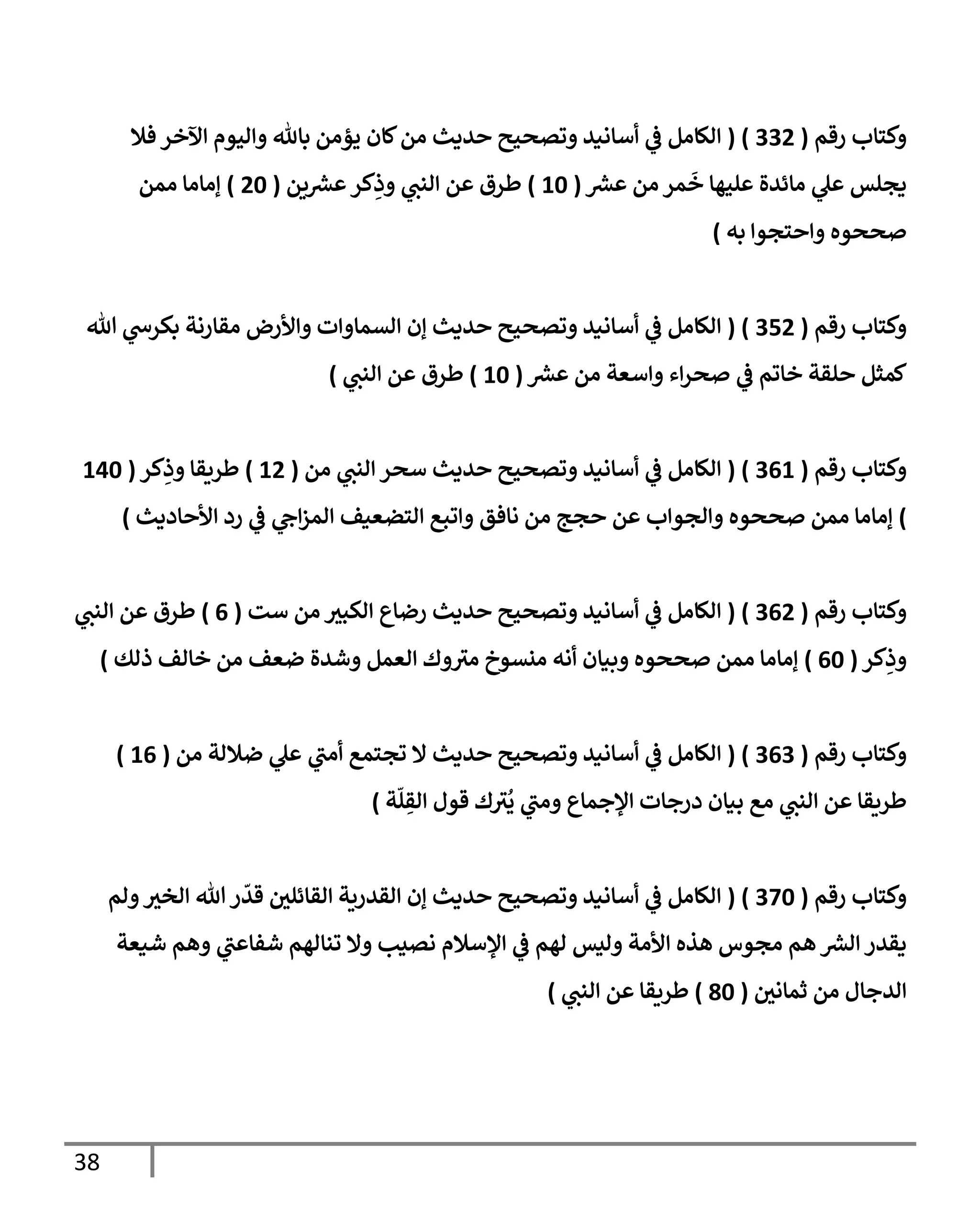38
‫رقم‬ ‫وكتاب‬
(
334
( )
‫فال‬ ‫اآلخر‬ ‫واليوم‬ ‫باهلل‬ ‫يؤمن‬ ‫كان‬‫من‬ ‫حديث‬ ‫وتصحيح‬ ‫أسانيد‬ ‫ي‬
‫ف‬ ‫الكامل‬
‫ر‬
‫عش‬ ‫من‬ ‫مر‬
َ
‫خ‬ ‫عليها‬ ‫مائدة‬ ‫ي‬
‫عل‬ ‫يجلس‬
(
06
)
‫ين‬ ‫ر‬
‫عش‬‫كر‬ِ
‫وذ‬ ‫ي‬
‫النب‬ ‫عن‬ ‫طرق‬
(
46
)
‫ممن‬ ‫إماما‬
‫واحتجوا‬ ‫صححوه‬
‫به‬
)
‫رقم‬ ‫وكتاب‬
(
304
( )
‫هللا‬ ‫ي‬
‫بكرس‬ ‫مقارنة‬ ‫واألرض‬ ‫السماوات‬ ‫إن‬ ‫حديث‬ ‫وتصحيح‬ ‫أسانيد‬ ‫ي‬
‫ف‬ ‫الكامل‬
‫ر‬
‫عش‬ ‫من‬ ‫واسعة‬ ‫اء‬‫ر‬‫صح‬ ‫ي‬
‫ف‬ ‫خاتم‬ ‫حلقة‬ ‫كمثل‬
(
06
)
‫طرق‬
‫ي‬
‫النب‬ ‫عن‬
)
‫رقم‬ ‫وكتاب‬
(
300
( )
‫الكامل‬
‫ي‬
‫ف‬
‫من‬ ‫ي‬
‫النب‬ ‫سحر‬ ‫حديث‬ ‫وتصحيح‬ ‫أسانيد‬
(
04
)
‫كر‬ِ
‫وذ‬ ‫طريقا‬
(
006
)
‫ن‬ ‫من‬ ‫حجج‬ ‫عن‬ ‫والجواب‬ ‫صححوه‬ ‫ممن‬ ‫إماما‬
‫و‬ ‫افق‬
‫ي‬
‫اح‬‫ز‬‫الم‬ ‫التضعيف‬ ‫اتبع‬
‫رد‬ ‫ي‬
‫ف‬
‫األحاديث‬
)
‫رقم‬ ‫وكتاب‬
(
304
( )
‫ست‬ ‫من‬ ‫الكبث‬ ‫رضاع‬ ‫حديث‬ ‫وتصحيح‬ ‫أسانيد‬ ‫ي‬
‫ف‬ ‫الكامل‬
(
0
)
‫ي‬
‫النب‬ ‫عن‬ ‫طرق‬
‫كر‬ِ
‫وذ‬
(
06
)
‫ذلك‬ ‫خالف‬ ‫من‬ ‫ضعف‬ ‫وشدة‬ ‫العمل‬ ‫وك‬‫مث‬ ‫منسوخ‬ ‫أنه‬ ‫وبيان‬ ‫صححوه‬ ‫ممن‬ ‫إماما‬
)
‫رقم‬ ‫وكتاب‬
(
303
( )
‫حديث‬ ‫وتصحيح‬ ‫أسانيد‬ ‫ي‬
‫ف‬ ‫الكامل‬
‫من‬ ‫ضاللة‬ ‫ي‬
‫عل‬ ‫ي‬
‫أمب‬ ‫تجتمع‬ ‫ال‬
(
00
)
‫ة‬‫ل‬ ِ
‫الق‬ ‫قول‬ ‫ك‬‫ث‬
ُ
‫ي‬ ‫ي‬
‫ومب‬ ‫اإلجماع‬ ‫درجات‬ ‫بيان‬ ‫مع‬ ‫ي‬
‫النب‬ ‫عن‬ ‫طريقا‬
)
‫رقم‬ ‫وكتاب‬
(
376
( )
‫ولم‬‫الخث‬ ‫هللا‬‫ر‬
ّ
‫قد‬ ‫القائلي‬ ‫القدرية‬ ‫إن‬ ‫حديث‬ ‫وتصحيح‬ ‫أسانيد‬ ‫ي‬
‫ف‬ ‫الكامل‬
‫تنالهم‬ ‫وال‬ ‫نصيب‬ ‫اإلسالم‬ ‫ي‬
‫ف‬ ‫لهم‬ ‫وليس‬ ‫األمة‬ ‫هذه‬ ‫مجوس‬ ‫هم‬ ‫ر‬
‫الش‬ ‫يقدر‬
‫شيعة‬ ‫وهم‬ ‫ي‬
‫شفاعب‬
‫ثماني‬ ‫من‬ ‫الدجال‬
(
96
)
‫طريقا‬
‫ي‬
‫النب‬ ‫عن‬
)
 