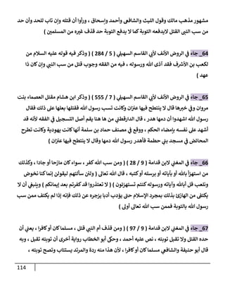 114
‫وإسحاق‬ ‫وأحمد‬ ‫والشافع‬ ‫الليث‬ ‫وقول‬ ‫مالك‬ ‫مذهب‬ ‫مشهور‬
،
‫حد‬ ‫وأن‬ ‫للحد‬ ‫تاب‬ ‫وإن‬ ‫قتله‬ ‫أن‬ ‫أوا‬‫ر‬‫و‬
‫من‬
‫سب‬
‫النب‬
‫التوبة‬ ‫اليدفعه‬ ‫القتل‬
‫ال‬ ‫كما‬
‫المسلمن‬ ‫من‬ ‫ه‬‫غب‬ ‫قذف‬ ‫حد‬ ‫التوبة‬ ‫يدفع‬
)
00
_
‫جاء‬
‫ي‬
‫السهيل‬ ‫القاسم‬ ‫ي‬
‫ألب‬ ‫األنف‬ ‫الروض‬ ‫ي‬
‫ف‬
(
4
/
210
)
(
‫السالم‬ ‫عليه‬ ‫قوله‬ ‫فيه‬ ‫وذكر‬
‫من‬
‫لكعب‬
‫بن‬
‫ف‬ ‫ر‬
‫األش‬
‫هللا‬ ‫آذى‬ ‫فقد‬
‫ورسوله‬
،
‫م‬ ‫قتل‬ ‫وجوب‬ ‫الفقه‬ ‫من‬ ‫فيه‬
‫ي‬
‫النب‬ ‫سب‬ ‫ن‬
‫ذا‬ ‫كان‬‫وإن‬
‫عهد‬
)
04
_
‫جاء‬
‫ي‬
‫السهيل‬ ‫القاسم‬ ‫ي‬
‫ألب‬ ‫األنف‬ ‫الروض‬ ‫ي‬
‫ف‬
(
8
/
444
)
(
‫بنت‬ ‫العصماء‬ ‫مقتل‬ ‫هشام‬ ‫ابن‬ ‫وذكر‬
‫قال‬ ‫ها‬‫خب‬ ‫ي‬
‫وف‬ ‫مروان‬
‫ينتطح‬ ‫ال‬
‫فيها‬
‫ان‬‫عب‬
‫هللا‬ ‫رسول‬ ‫تسب‬ ‫وكانت‬
‫عل‬ ‫بعلها‬ ‫فقتلها‬
‫فقال‬ ‫ذلك‬
‫هللا‬ ‫رسول‬
‫أن‬ ‫اشهدوا‬
‫دمها‬
‫هدر‬
،
‫ي‬
‫الدارقطب‬ ‫قال‬
‫ها‬ ‫من‬
‫قد‬ ‫ألنه‬ ‫الفقه‬ ‫ي‬
‫ف‬ ‫التسجيل‬ ‫أصل‬ ‫يقم‬ ‫هنا‬
‫الحكم‬ ‫بإمضاء‬ ‫نفسه‬ ‫عل‬ ‫أشهد‬
،
‫تطرح‬ ‫وكانت‬ ‫يهودية‬ ‫كانت‬‫أنها‬ ‫سلمة‬ ‫بن‬ ‫حماد‬ ‫مصنف‬ ‫ي‬
‫ف‬ ‫ووقع‬
‫فأهدر‬ ‫حطمة‬ ‫ي‬
‫بب‬ ‫مسجد‬ ‫ي‬
‫ف‬ ‫المحائض‬
‫هللا‬ ‫رسول‬
‫وقال‬ ‫دمها‬
‫ان‬‫عب‬ ‫فيها‬ ‫ينتطح‬ ‫ال‬
)
00
_
‫جاء‬
‫قدامة‬ ‫البن‬ ‫ي‬
‫المغب‬ ‫ي‬
‫ف‬
(
0
/
21
)
(
‫ومن‬
‫سب‬
‫كفر‬‫هللا‬
،
‫جادا‬ ‫أو‬ ‫مازحا‬ ‫كان‬‫سواء‬
،
‫وكذلك‬
‫كتبه‬‫أو‬ ‫برسله‬ ‫أو‬ ‫بدياته‬ ‫أو‬ ‫باهلل‬ ‫أ‬‫ز‬‫استه‬ ‫من‬
،
‫تعال‬ ‫هللا‬ ‫قال‬
(
‫نخوض‬ ‫كنا‬‫إنما‬ ‫ليقولن‬ ‫سألتهم‬ ‫ولن‬
‫تستهزئون‬ ‫كنتم‬‫ورسوله‬ ‫وآياته‬ ‫أباهلل‬ ‫قل‬ ‫ونلعب‬
( )
‫قد‬ ‫تعتذروا‬ ‫ال‬
‫إيمانكم‬ ‫بعد‬ ‫كفرتم‬
)
‫ال‬ ‫أن‬ ‫ي‬
‫وينبع‬
‫فإن‬ ‫ذلك‬ ‫عن‬ ‫يزجره‬ ‫أدبا‬ ‫يؤدب‬ ‫حب‬ ‫اإلسالم‬ ‫بمجرد‬ ‫بذلك‬ ‫الهازئ‬ ‫من‬ ‫يكتف‬
‫سب‬ ‫ممن‬ ‫يكتف‬ ‫لم‬ ‫إذا‬ ‫ه‬
‫هللا‬ ‫رسول‬
‫فممن‬ ‫بالتوبة‬
‫سب‬
‫أول‬ ‫تعال‬ ‫هللا‬
)
08
_
‫جاء‬
‫قدامة‬ ‫البن‬ ‫ي‬
‫المغب‬ ‫ي‬
‫ف‬
(
0
/
08
)
(
‫ي‬
‫النب‬ ‫أم‬ ‫قذف‬ ‫ومن‬
‫قتل‬
،
‫ا‬‫ر‬‫كاف‬‫أو‬ ‫كان‬‫مسلما‬
،
‫أن‬ ‫ي‬
‫يعب‬
‫القتل‬ ‫حده‬
‫توبته‬ ‫تقبل‬ ‫وال‬
،
‫أحمد‬ ‫عليه‬ ‫نص‬
،
‫تقبل‬ ‫توبته‬ ‫أن‬ ‫أخرى‬ ‫رواية‬ ‫الخطاب‬ ‫أبو‬ ‫وحىك‬
،
‫وبه‬
‫أ‬ ‫كان‬‫مسلما‬ ‫ي‬
‫والشافع‬ ‫حنيفة‬ ‫أبو‬ ‫قال‬
‫ا‬‫ر‬‫كاف‬‫و‬
،
‫توبته‬ ‫وتصح‬ ‫يستتاب‬ ‫والمرتد‬ ‫ردة‬ ‫منه‬ ‫هذا‬ ‫ألن‬
،
 