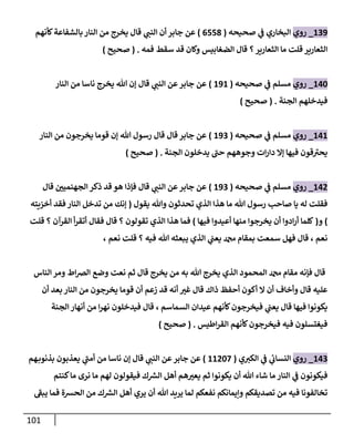 111
629
_
‫روي‬
‫صحيحه‬ ‫ي‬
‫ن‬
‫ف‬ ‫البخاري‬
(
0558
)
‫كأنهم‬‫بالشفاعة‬‫النار‬ ‫من‬ ‫يخرج‬ ‫قال‬ ‫ي‬
‫النن‬ ‫أن‬ ‫جابر‬ ‫عن‬
‫؟‬‫الثعارير‬ ‫ما‬ ‫قلت‬ ‫الثعارير‬
‫فمه‬ ‫سقط‬ ‫قد‬ ‫وكان‬ ‫الضغابيس‬ ‫قال‬
( .
‫صحيح‬
)
602
_
‫روي‬
‫صحيحه‬ ‫ي‬
‫ن‬
‫ف‬ ‫مسلم‬
(
696
)
‫قال‬ ‫ي‬
‫النن‬ ‫عن‬‫جابر‬ ‫عن‬
‫النار‬ ‫من‬ ‫ناسا‬ ‫يخرج‬ ‫هللا‬ ‫إن‬
‫الجنة‬ ‫فيدخلهم‬
( .
‫صحيح‬
)
606
_
‫روي‬
‫صحيحه‬ ‫ي‬
‫ن‬
‫ف‬ ‫مسلم‬
(
692
)
‫جابر‬ ‫عن‬
‫النار‬ ‫من‬ ‫يخرجون‬ ‫قوما‬ ‫إن‬ ‫هللا‬ ‫رسول‬ ‫قال‬ ‫قال‬
‫وجوه‬ ‫ات‬‫ر‬‫دا‬ ‫إال‬ ‫فيها‬ ‫قون‬‫يحي‬
‫الجنة‬ ‫يدخلون‬ ‫حن‬ ‫هم‬
( .
‫صحيح‬
)
600
_
‫روي‬
‫صحيحه‬ ‫ي‬
‫ن‬
‫ف‬ ‫مسلم‬
(
692
)
‫ي‬
‫النن‬ ‫عن‬‫جابر‬ ‫عن‬
‫قال‬ ‫ن‬
‫الجهنميي‬ ‫ذكر‬ ‫قد‬ ‫هو‬ ‫فإذا‬ ‫قال‬
‫يقول‬ ‫وهللا‬ ‫تحدثون‬ ‫الذي‬ ‫هذا‬ ‫ما‬ ‫هللا‬ ‫رسول‬ ‫صاحب‬ ‫يا‬ ‫له‬ ‫فقلت‬
(
‫أخييته‬ ‫فقد‬ ‫النار‬ ‫تدخل‬ ‫من‬ ‫إنك‬
)
‫و‬
(
‫فيها‬ ‫أعيدوا‬ ‫منها‬ ‫يخرجوا‬ ‫أن‬ ‫ادوا‬‫ر‬‫أ‬ ‫كلما‬
)
‫هذا‬ ‫فما‬
‫قلت‬ ‫؟‬ ‫القرآن‬ ‫أ‬‫ر‬‫أتق‬ ‫فقال‬ ‫قال‬ ‫؟‬ ‫تقولون‬ ‫الذي‬
، ‫نعم‬ ‫قلت‬ ‫؟‬ ‫فيه‬ ‫هللا‬ ‫يبعثه‬ ‫الذي‬ ‫ي‬
‫ن‬
‫يعن‬ ‫دمحم‬ ‫بمقام‬ ‫سمعت‬ ‫فهل‬ ‫قال‬ ، ‫نعم‬
‫الناس‬‫ومر‬ ‫اط‬‫رص‬‫ال‬ ‫وضع‬ ‫نعت‬ ‫ثم‬ ‫قال‬ ‫يخرج‬ ‫من‬ ‫به‬ ‫هللا‬ ‫يخرج‬ ‫الذي‬ ‫المحمود‬ ‫دمحم‬ ‫مقام‬ ‫فإنه‬ ‫قال‬
‫قوم‬ ‫أن‬ ‫زعم‬ ‫قد‬ ‫أنه‬ ‫غي‬ ‫قال‬ ‫ذاك‬ ‫أحفظ‬ ‫أكون‬ ‫ال‬ ‫أن‬ ‫وأخاف‬ ‫قال‬ ‫عليه‬
‫أن‬ ‫بعد‬‫النار‬ ‫من‬ ‫يخرجون‬ ‫ا‬
‫الجنة‬‫أنهار‬ ‫من‬ ‫ا‬‫ر‬‫نه‬ ‫فيدخلون‬ ‫قال‬ ، ‫السماسم‬ ‫عيدان‬ ‫كأنهم‬‫فيخرجون‬ ‫ي‬
‫ن‬
‫يعن‬ ‫قال‬ ‫فيها‬ ‫يكونوا‬
‫اطيس‬‫ر‬‫الق‬ ‫كأنهم‬‫فيخرجون‬ ‫فيه‬ ‫فيغتسلون‬
( .
‫صحيح‬
)
602
_
‫روي‬
‫ي‬‫الكي‬ ‫ي‬
‫ن‬
‫ف‬ ‫ي‬
‫ئ‬
‫النساب‬
(
66022
)
‫هم‬‫بذنوب‬ ‫يعذبون‬ ‫ي‬
‫أمن‬ ‫من‬ ‫ناسا‬ ‫إن‬ ‫قال‬ ‫ي‬
‫النن‬ ‫عن‬‫جابر‬ ‫عن‬
‫ي‬
‫ن‬
‫ف‬ ‫فيكونون‬
‫كنتم‬‫ما‬ ‫نرى‬ ‫ما‬ ‫لهم‬ ‫فيقولون‬ ‫ك‬ ‫ر‬
‫الش‬ ‫أهل‬ ‫هم‬‫يعي‬ ‫ثم‬ ‫يكونوا‬ ‫أن‬ ‫هللا‬ ‫شاء‬ ‫ما‬ ‫النار‬
‫يبف‬ ‫فما‬ ‫الحشة‬ ‫من‬ ‫ك‬ ‫ر‬
‫الش‬ ‫أهل‬ ‫يري‬ ‫أن‬ ‫هللا‬ ‫يريد‬ ‫لما‬ ‫نفعكم‬ ‫وإيمانكم‬ ‫تصديقكم‬ ‫من‬ ‫فيه‬ ‫تخالفونا‬
 