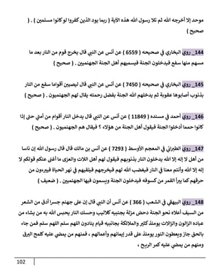 112
‫اآلية‬ ‫هذه‬ ‫هللا‬ ‫رسول‬ ‫تال‬ ‫ثم‬ ‫هللا‬ ‫أخرجه‬ ‫إال‬ ‫موحد‬
(
‫ن‬
‫مسلمي‬ ‫كانوا‬‫لو‬ ‫كفروا‬‫الذين‬ ‫يود‬ ‫ربما‬
( . )
‫صحيح‬
)
600
_
‫روي‬
‫صحيحه‬ ‫ي‬
‫ن‬
‫ف‬ ‫البخاري‬
(
0559
)
‫ما‬ ‫بعد‬‫النار‬ ‫من‬ ‫قوم‬ ‫يخرج‬ ‫قال‬ ‫ي‬
‫النن‬ ‫عن‬ ‫أنس‬ ‫عن‬
‫ن‬
‫الجهنميي‬ ‫الجنة‬ ‫أهل‬ ‫فيسميهم‬ ‫الجنة‬ ‫فيدخلون‬ ‫سفع‬ ‫منها‬ ‫مسهم‬
( .
‫صحيح‬
)
605
_
‫روي‬
‫صحيحه‬ ‫ي‬
‫ن‬
‫ف‬ ‫البخاري‬
(
2052
)
‫النار‬ ‫من‬ ‫سفع‬ ‫أقواما‬ ‫ن‬
‫ليصيي‬ ‫قال‬ ‫ي‬
‫النن‬ ‫عن‬ ‫أنس‬ ‫عن‬
‫ع‬ ‫أصابوها‬ ‫بذنوب‬
‫الجهنميون‬ ‫لهم‬ ‫يقال‬ ‫رحمته‬ ‫بفضل‬ ‫الجنة‬ ‫هللا‬ ‫يدخلهم‬ ‫ثم‬ ‫قوبة‬
( .
‫صحيح‬
)
600
_
‫روي‬
‫مسنده‬ ‫ي‬
‫ن‬
‫ف‬ ‫أحمد‬
(
66809
)
‫إذا‬ ‫حن‬ ‫ي‬
‫أمن‬ ‫من‬ ‫أقوام‬ ‫النار‬ ‫يدخل‬ ‫قال‬ ‫ي‬
‫النن‬ ‫عن‬ ‫أنس‬ ‫عن‬
‫الجهنميون‬ ‫هم‬ ‫فيقال‬ ‫؟‬ ‫هؤالء‬ ‫من‬ ‫الجنة‬ ‫أهل‬ ‫فيقول‬ ‫الجنة‬ ‫أدخلوا‬ ‫حمما‬ ‫كانوا‬
( .
‫صحيح‬
)
602
_
‫روي‬
‫األوسط‬ ‫المعجم‬ ‫ي‬
‫ن‬
‫ف‬ ‫ي‬
‫ن‬
‫اب‬‫الطي‬
(
2092
)
‫ناسا‬ ‫إن‬ ‫هللا‬ ‫رسول‬ ‫قال‬ ‫قال‬ ‫مالك‬ ‫بن‬ ‫أنس‬ ‫عن‬
‫ال‬ ‫قولكم‬ ‫عنكم‬ ‫ن‬
‫أغن‬ ‫ما‬ ‫والعزى‬ ‫الالت‬ ‫أهل‬ ‫لهم‬ ‫فيقول‬ ‫هم‬‫بذنوب‬ ‫النار‬ ‫يدخلون‬ ‫هللا‬ ‫إال‬ ‫إله‬ ‫ال‬ ‫أهل‬ ‫من‬
‫ءون‬‫فيي‬ ‫الحياة‬ ‫نهر‬ ‫ي‬
‫ن‬
‫ف‬ ‫فيلقيهم‬ ‫فيخرجهم‬ ‫لهم‬ ‫هللا‬ ‫فيغضب‬ ‫النار‬ ‫ي‬
‫ن‬
‫ف‬ ‫معنا‬ ‫وأنتم‬ ‫هللا‬ ‫إال‬ ‫إله‬
‫من‬
‫ن‬
‫الجهنميي‬ ‫فيها‬ ‫ويسمون‬ ‫الجنة‬ ‫فيدخلون‬ ‫كسوفه‬‫من‬ ‫القمر‬ ‫أ‬‫يي‬ ‫كما‬‫حرقهم‬
( .
‫ضعيف‬
)
608
_
‫روي‬
‫الشعب‬ ‫ي‬
‫ن‬
‫ف‬ ‫ي‬
‫البيهف‬
(
200
)
‫الشعر‬ ‫من‬ ‫أدق‬ ‫ا‬‫ش‬‫ج‬ ‫جهنم‬ ‫عل‬ ‫إن‬ ‫قال‬ ‫ي‬
‫النن‬ ‫أن‬ ‫أنس‬ ‫عن‬
‫من‬ ‫يشاء‬ ‫من‬ ‫به‬ ‫هللا‬ ‫يحبس‬ ‫النار‬ ‫وحسك‬ ‫كالليب‬‫بجنبيه‬ ‫مزلة‬ ‫دحض‬ ‫الجنة‬ ‫نحو‬ ‫أعاله‬ ‫السيف‬ ‫من‬
‫ا‬ ‫عباده‬
‫جاء‬ ‫فمن‬ ‫سلم‬ ‫اللهم‬ ‫سلم‬ ‫اللهم‬ ‫ينادون‬ ‫قيام‬ ‫بجانبيه‬ ‫والمالئكة‬‫كثي‬‫يومئذ‬ ‫االت‬‫ز‬‫وال‬ ‫الون‬‫ز‬‫ل‬
‫ق‬‫الي‬ ‫كلمح‬‫عليه‬ ‫ي‬
‫ن‬
‫يمض‬ ‫من‬ ‫فمنهم‬ ، ‫وأعمالهم‬ ‫إيمانهم‬ ‫قدر‬ ‫عل‬ ‫يومئذ‬ ‫النور‬ ‫ويعطون‬‫جاز‬ ‫بالحق‬
، ‫ح‬ ‫الري‬ ‫كمر‬‫عليه‬ ‫ي‬
‫ن‬
‫يمض‬ ‫من‬ ‫ومنهم‬
 