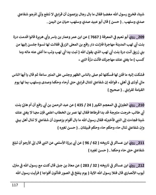 117
‫ي‬
‫شفاعن‬ ‫جو‬‫لي‬ ‫ي‬
‫ن‬
‫وأب‬ ‫تنفع‬ ‫ال‬ ‫ي‬
‫ابن‬‫ر‬‫ق‬ ‫أن‬ ‫يزعمون‬ ‫رجال‬ ‫بال‬ ‫ما‬ ‫فقال‬ ‫مغضبا‬ ‫هللا‬ ‫رسول‬ ‫فخرج‬ ،‫شيئا‬
‫صدي‬
‫وسلهب‬
( .
‫حسن‬
)
‫أ‬ ‫قال‬
‫اليم‬ ‫من‬ ‫حيان‬ ‫وسلهب‬ ‫صدي‬ ‫عبيد‬‫بو‬
‫ن‬
.
029
_
‫روي‬
‫المعرفة‬ ‫ي‬
‫ن‬
‫ف‬ ‫نعيم‬ ‫أبو‬
(
2002
)
‫درة‬ ‫قدمت‬ ‫قالوا‬ ‫هريرة‬ ‫ي‬
‫وأب‬‫يارس‬ ‫بن‬ ‫وعمار‬‫عمر‬ ‫ابن‬ ‫عن‬
‫من‬ ‫إليها‬ ‫جلسن‬ ‫نسوة‬ ‫لها‬ ‫فقالت‬ ‫ي‬
‫الزرف‬ ‫المعل‬ ‫بن‬ ‫افع‬‫ر‬ ‫دار‬ ‫لت‬‫ن‬ ‫ن‬
‫في‬ ‫مهاجرة‬ ‫المدينة‬ ‫لهب‬ ‫ي‬
‫أب‬ ‫بنت‬
‫أ‬ ‫بنت‬ ‫درة‬ ‫أنت‬ ‫زريق‬ ‫ي‬
‫ن‬
‫بن‬
‫هللا‬ ‫يقول‬ ‫الذي‬ ‫لهب‬ ‫ي‬
‫ب‬
(
‫وما‬ ‫ماله‬ ‫عنه‬ ‫ن‬
‫أغن‬ ‫ما‬ ‫وتب‬ ‫لهب‬ ‫ي‬
‫أب‬ ‫يدا‬ ‫تبت‬
‫كسب‬
)
‫ي‬
‫النن‬
ُ
‫ة‬ َّ
‫در‬ ‫فأتت‬ ‫مهاجرتك‬ ‫عنك‬ ‫ي‬
‫ن‬
‫يغن‬ ‫ما‬
،
‫قال‬ ‫ثم‬ ‫ساعة‬ ‫المني‬ ‫عل‬ ‫وجلس‬‫الظهر‬ ‫بالناس‬ ‫صل‬ ‫ثم‬ ‫فسكتها‬ ‫لها‬ ‫قلن‬ ‫ما‬ ‫إليه‬ ‫فشكت‬
‫الناس‬ ‫أيها‬ ‫يا‬
‫ي‬
‫أهل‬ ‫ي‬
‫ن‬
‫ف‬ ‫أوذى‬ ‫ي‬
‫مال‬
،
‫حن‬ ‫ي‬
‫ابن‬‫ر‬‫ق‬ ‫لتنال‬ ‫ي‬
‫شفاعن‬ ‫إن‬ ‫فوهللا‬
‫يوم‬ ‫لها‬ ‫بما‬ ‫وسلهب‬ ‫وصدى‬ ‫وحكما‬ ‫أرحاء‬
‫ي‬
‫ابن‬‫ر‬‫لق‬ ‫القيامة‬
( .
‫صحيح‬
)
062
_
‫روي‬
‫الكبي‬ ‫المعجم‬ ‫ي‬
‫ن‬
‫ف‬ ‫ي‬
‫ن‬
‫اب‬‫الطي‬
(
00
/
025
)
‫بنت‬ ‫ئ‬ ‫ن‬
‫هاب‬ ‫أم‬ ‫أن‬ ‫افع‬‫ر‬ ‫ي‬
‫أب‬ ‫بن‬ ‫الرحمن‬ ‫عبد‬ ‫عن‬
‫عنك‬ ‫ي‬
‫ن‬
‫يغن‬ ‫ال‬ ‫دمحما‬ ‫فإن‬ ‫ي‬
‫اعلم‬ ‫الخطاب‬ ‫بن‬ ‫عمر‬ ‫لها‬ ‫فقال‬ ‫قرطاها‬ ‫بدا‬ ‫قد‬ ‫جة‬‫متي‬ ‫خرجت‬ ‫طالب‬ ‫ي‬
‫أب‬
‫إل‬ ‫فجاءت‬ ‫شيئا‬
‫ي‬
‫بين‬ ‫أهل‬ ‫تنال‬ ‫ال‬ ‫ي‬
‫شفاعن‬ ‫أن‬ ‫يزعمون‬ ‫أقوام‬ ‫بال‬ ‫ما‬ ‫هللا‬ ‫رسول‬ ‫فقال‬ ‫ته‬‫فأخي‬ ‫ي‬
‫النن‬
‫قبيلتان‬ ‫وحكم‬ ‫حاء‬ ‫وحكم‬ ‫حاء‬ ‫تنال‬ ‫ي‬
‫شفاعن‬ ‫وإن‬
( .
‫ه‬‫لغي‬ ‫حسن‬
)
066
_
‫روي‬
‫تاريخه‬ ‫ي‬
‫ن‬
‫ف‬ ‫عساكر‬ ‫ابن‬
(
00
/
90
)
‫تبلغ‬ ‫أن‬ ‫ألرجو‬ ‫ي‬
‫ن‬
‫إب‬ ‫قال‬ ‫ي‬
‫النن‬ ‫عن‬ ‫ي‬
‫األسلم‬ ‫برزة‬ ‫ي‬
‫أب‬ ‫عن‬
‫وحكما‬ ‫حاء‬ ‫حن‬ ‫ي‬
‫شفاعن‬
( .
‫حسن‬
‫ه‬‫لغي‬
)
060
_
‫روي‬
‫تاريخه‬ ‫ي‬
‫ن‬
‫ف‬ ‫عساكر‬ ‫ابن‬
(
20
/
082
)
‫ل‬‫ن‬ ‫ن‬
‫مي‬ ‫ي‬
‫ن‬
‫ف‬ ‫هللا‬ ‫رسول‬ ‫مع‬ ‫كنت‬‫قال‬ ‫جبل‬ ‫بن‬ ‫معاذ‬ ‫عن‬
‫اآلية‬ ‫هللا‬ ‫رسول‬ ‫فتال‬ ‫قال‬ ‫األنصاري‬ ‫أيوب‬
(
‫أفواجا‬ ‫فتأتون‬ ‫الصور‬ ‫ي‬
‫ن‬
‫ف‬ ‫ينفخ‬ ‫يوم‬
)
‫هللا‬ ‫رسول‬ ‫أيت‬‫ر‬‫ف‬
 