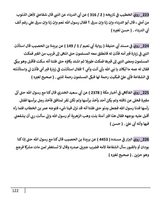 122
002
_
‫روي‬
‫تاريخه‬ ‫ي‬
‫ن‬
‫ف‬ ‫الخطيب‬
(
0
/
260
)
‫قال‬ ‫ي‬
‫النن‬ ‫عن‬ ‫الدرداء‬ ‫ي‬
‫أب‬ ‫عن‬
‫ي‬
‫شفاعن‬
‫الذنوب‬ ‫ألهل‬
‫ي‬
‫أمن‬ ‫من‬
‫رسق‬ ‫وإن‬ ‫زنا‬ ‫وإن‬ ‫الدرداء‬ ‫أبو‬ ‫قال‬ ،
‫أنف‬ ‫رغم‬ ‫ي‬
‫عل‬ ‫رسق‬ ‫وإن‬ ‫زنا‬ ‫وإن‬ ‫نعم‬ ‫هللا‬ ‫رسول‬ ‫فقال‬ ‫؟‬
‫الدرداء‬ ‫ي‬
‫أب‬
( .
‫ه‬‫لغي‬ ‫حسن‬
)
000
_
‫روي‬
‫م‬ ‫ي‬
‫ن‬
‫ف‬
‫س‬
‫ند‬
‫حنيفة‬ ‫ي‬
‫أب‬
(
‫نعيم‬ ‫ي‬
‫أب‬ ‫رواية‬
/
6
/
609
)
‫استأذن‬ ‫قال‬ ‫الحصيب‬ ‫بن‬ ‫بريدة‬ ‫عن‬
‫فمكث‬ ‫القي‬ ‫من‬ ‫قريب‬ ‫إل‬ ‫انته‬ ‫حن‬ ‫المسلمون‬ ‫معه‬ ‫فانطلق‬ ‫له‬ ‫فأذن‬ ‫أمه‬ ‫قي‬ ‫زيارة‬ ‫ي‬
‫ن‬
‫ف‬ ‫ي‬
‫النن‬
‫طويال‬ ‫فمكث‬ ‫ها‬‫قي‬ ‫إل‬ ‫ي‬
‫النن‬ ‫ن‬
‫ومض‬ ‫المسلمون‬
‫ي‬
‫يبك‬ ‫وهو‬ ‫فأقبل‬ ‫سكت‬ ‫أنه‬ ‫ظننا‬ ‫حن‬ ‫بكاؤه‬ ‫اشتد‬ ‫ثم‬
‫أ‬ ‫ما‬ ‫عمه‬ ‫له‬ ‫فقال‬
‫ي‬
‫وأم‬ ‫أنت‬ ‫ي‬
‫بأب‬ ‫هللا‬ ‫ي‬
‫نن‬ ‫يا‬ ‫بكاك‬
‫ي‬
‫ل‬ ‫فأذن‬ ‫ي‬
‫أم‬ ‫قي‬ ‫زيارة‬ ‫ي‬
‫ن‬
‫ف‬ ‫استأذنت‬ ‫فقال‬ ‫؟‬
‫واستأذنته‬
َّ
‫ي‬
‫عل‬ ‫فأب‬ ‫الشفاعة‬ ‫ي‬
‫ن‬
‫ف‬
‫لها‬ ‫رحمة‬ ‫فبكيت‬
‫ي‬
‫للنن‬ ‫رحمة‬ ‫المسلمون‬ ‫فبك‬
( .
‫ه‬‫لغي‬ ‫صحيح‬
)
005
_
‫روي‬
‫مكة‬ ‫أخبار‬ ‫ي‬
‫ن‬
‫ف‬ ‫ي‬
‫الفاكه‬
(
0228
)
‫أب‬ ‫حن‬ ‫هللا‬ ‫رسول‬ ‫مع‬ ‫كنا‬‫قال‬ ‫الخدري‬ ‫سعيد‬ ‫ي‬
‫أب‬ ‫عن‬
‫ة‬‫مقي‬
‫ففتل‬ ‫أسها‬‫ر‬‫ب‬ ‫رجل‬ ‫فأخذ‬ ‫لمنافق‬ ‫تقر‬ ‫تكن‬ ‫ولم‬ ‫أسها‬‫ر‬‫ب‬ ‫يأخذ‬ ‫أحد‬ ‫يكن‬ ‫ولم‬ ‫ناقته‬ ‫عن‬ ‫فخل‬
‫يد‬ ‫فجعل‬ ‫هللا‬ ‫رسول‬ ‫فدنا‬ ‫أسها‬‫ر‬
‫ء‬ ‫ي‬
‫ر‬
‫ش‬ ‫فينا‬ ‫نزل‬ ‫قد‬ ‫أنه‬ ‫ظننا‬ ‫حن‬ ‫نو‬
‫رآه‬ ‫فلما‬ ‫الخطاب‬ ‫بن‬ ‫عمر‬ ‫فتوجه‬
‫ي‬
‫ن‬
‫يشفعن‬ ‫أن‬ ‫ي‬
‫رب‬ ‫سألت‬ ‫ي‬
‫ن‬
‫وإب‬ ‫هللا‬ ‫رسول‬ ‫أم‬ ‫الزهرية‬ ‫وهب‬ ‫بنت‬ ‫آمنة‬ ‫قي‬ ‫هذا‬ ‫فقال‬ ‫بوجهه‬ ‫عليه‬ ‫أقبل‬
‫في‬
‫ي‬
‫عل‬ ‫أب‬ ‫وأنه‬ ‫ها‬
( .
‫حسن‬
)
000
_
‫روي‬
‫مسنده‬ ‫ي‬
‫ن‬
‫ف‬ ‫ار‬‫ن‬
‫الي‬
(
0052
)
‫ح‬ ‫هللا‬ ‫رسول‬ ‫مع‬ ‫كنا‬‫قال‬ ‫الحصيب‬ ‫بن‬ ‫بريدة‬ ‫عن‬
‫كنا‬‫إذا‬ ‫ن‬
‫سأل‬ ‫بالقبور‬ ‫أو‬ ‫بودان‬
‫الشفاعة‬
‫ألمه‬
‫ال‬ ‫وقال‬ ‫صدره‬ ‫يل‬‫جي‬ ‫ب‬ ‫ن‬
‫فرص‬
‫كا‬ ‫ر‬
‫مش‬ ‫مات‬ ‫لمن‬ ‫تستغفر‬
‫فرجع‬
‫حيين‬ ‫وهو‬
( .
‫ه‬‫لغي‬ ‫صحيح‬
)
 