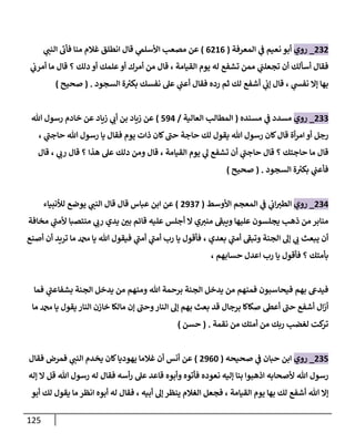 125
020
_
‫روي‬
‫المعرفة‬ ‫ي‬
‫ن‬
‫ف‬ ‫نعيم‬ ‫أبو‬
(
0060
)
‫ي‬
‫النن‬ ‫فأب‬ ‫منا‬ ‫غالم‬ ‫انطلق‬ ‫قال‬ ‫ي‬
‫األسلم‬ ‫مصعب‬ ‫عن‬
‫القيامة‬ ‫يوم‬ ‫له‬ ‫تشفع‬ ‫ممن‬ ‫ي‬
‫ن‬
‫تجعلن‬ ‫أن‬ ‫أسألك‬ ‫فقال‬
‫دلك‬ ‫أو‬ ‫علمك‬ ‫أو‬ ‫أمرك‬ ‫من‬ ‫قال‬ ،
‫ي‬
‫ن‬
‫أمرب‬ ‫ما‬ ‫قال‬ ‫؟‬
‫ي‬
‫نفس‬ ‫إال‬ ‫بها‬
‫لك‬ ‫أشفع‬ ‫ي‬
‫ن‬
‫إب‬ ‫قال‬ ،
‫السجود‬ ‫ة‬ ‫ر‬
‫بكي‬ ‫نفسك‬ ‫عل‬ ‫ي‬
‫ن‬
‫أعن‬ ‫فقال‬ ‫رده‬ ‫ثم‬
( .
‫صحيح‬
)
022
_
‫روي‬
‫مسنده‬ ‫ي‬
‫ن‬
‫ف‬ ‫مسدد‬
(
‫العالية‬ ‫المطالب‬
/
590
)
‫هللا‬ ‫رسول‬ ‫خادم‬ ‫عن‬ ‫زياد‬ ‫ي‬
‫أب‬ ‫بن‬ ‫زياد‬ ‫عن‬
‫أة‬‫ر‬‫ام‬ ‫أو‬ ‫رجل‬
‫حاجة‬ ‫لك‬ ‫يقول‬ ‫هللا‬ ‫رسول‬ ‫كان‬‫قال‬
‫ي‬
‫حاجن‬ ‫هللا‬ ‫رسول‬ ‫يا‬ ‫فقال‬ ‫يوم‬ ‫ذات‬ ‫كان‬‫حن‬
،
‫حاجتك‬ ‫ما‬ ‫قال‬
‫القيامة‬ ‫يوم‬ ‫ي‬
‫ل‬ ‫تشفع‬ ‫أن‬ ‫ي‬
‫حاجن‬ ‫قال‬ ‫؟‬
‫هذا‬ ‫عل‬ ‫دلك‬ ‫ومن‬ ‫قال‬ ،
‫؟‬
‫ي‬
‫رب‬ ‫قال‬
،
‫قال‬
‫السجود‬ ‫ة‬ ‫ر‬
‫بكي‬ ‫ي‬
‫ن‬
‫فأعن‬
( .
‫صحيح‬
)
020
_
‫روي‬
‫األوسط‬ ‫المعجم‬ ‫ي‬
‫ن‬
‫ف‬ ‫ي‬
‫ن‬
‫اب‬‫الطي‬
(
0922
)
‫لألنبياء‬ ‫يوضع‬ ‫ي‬
‫النن‬ ‫قال‬ ‫قال‬ ‫عباس‬ ‫ابن‬ ‫عن‬
‫مخافة‬ ‫ي‬
‫ألمن‬ ‫منتصبا‬ ‫ي‬
‫رب‬ ‫يدي‬ ‫ن‬
‫بي‬ ‫قائم‬ ‫عليه‬ ‫أجلس‬ ‫ال‬ ‫ي‬‫مني‬ ‫ويبف‬ ‫عليها‬ ‫يجلسون‬ ‫ذهب‬ ‫من‬ ‫منابر‬
‫بعدي‬ ‫ي‬
‫أمن‬ ‫وتبف‬ ‫الجنة‬ ‫إل‬ ‫ي‬
‫ب‬ ‫يبعث‬ ‫أن‬
،
‫أصنع‬ ‫أن‬ ‫تريد‬ ‫ما‬ ‫دمحم‬ ‫يا‬ ‫هللا‬ ‫فيقول‬ ‫ي‬
‫أمن‬ ‫ي‬
‫أمن‬ ‫رب‬ ‫يا‬ ‫فأقول‬
‫بأمتك‬
‫حسابهم‬ ‫اعدل‬ ‫رب‬ ‫يا‬ ‫فأقول‬ ‫؟‬
،
‫ي‬
‫بشفاعن‬ ‫الجنة‬ ‫يدخل‬ ‫من‬ ‫ومنهم‬ ‫هللا‬ ‫برحمة‬ ‫الجنة‬ ‫يدخل‬ ‫من‬ ‫فمنهم‬ ‫فيحاسبون‬ ‫بهم‬ ‫فيديع‬
‫فما‬
‫يقول‬ ‫النار‬ ‫خازن‬ ‫مالكا‬ ‫إن‬ ‫وحن‬‫النار‬ ‫إل‬ ‫بهم‬ ‫بعث‬ ‫قد‬ ‫برجال‬ ‫صكاكا‬ ‫أعط‬ ‫حن‬ ‫أشفع‬ ‫ال‬‫ز‬‫أ‬
‫ما‬ ‫دمحم‬ ‫يا‬
‫نقمة‬ ‫من‬ ‫أمتك‬ ‫من‬ ‫ربك‬ ‫لغضب‬ ‫كت‬
‫تر‬
( .
‫حسن‬
)
025
_
‫روي‬
‫صحيحه‬ ‫ي‬
‫ن‬
‫ف‬ ‫حبان‬ ‫ابن‬
(
0902
)
‫فقال‬ ‫فمرض‬ ‫ي‬
‫النن‬ ‫يخدم‬ ‫كان‬‫يهوديا‬ ‫غالما‬ ‫أن‬ ‫أنس‬ ‫عن‬
‫هللا‬ ‫رسول‬
‫نعوده‬ ‫إليه‬ ‫بنا‬ ‫اذهبوا‬ ‫ألصحابه‬
‫إله‬ ‫ال‬ ‫قل‬ ‫هللا‬ ‫رسول‬ ‫له‬ ‫فقال‬ ‫أسه‬‫ر‬ ‫عل‬ ‫قاعد‬ ‫وأبوه‬ ‫فأتوه‬
‫هللا‬ ‫إال‬
‫أشفع‬
‫يوم‬ ‫بها‬ ‫لك‬
‫القيامة‬
‫أبيه‬ ‫إل‬ ‫ينظر‬ ‫الغالم‬ ‫فجعل‬ ،
‫أبو‬ ‫لك‬ ‫يقول‬ ‫ما‬ ‫انظر‬ ‫أبوه‬ ‫له‬ ‫فقال‬ ،
 