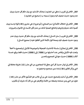 173
082
_
‫تقريب‬ ‫ي‬
‫ن‬
‫ف‬ ‫الكامل‬
(
‫الجارود‬ ‫ابن‬ ‫ي‬
‫منتف‬
)
‫وبيان‬ ‫حديث‬ ‫كل‬‫حكم‬ ‫بيان‬ ‫مع‬ ‫األسانيد‬ ‫بحذف‬
‫ب‬ ‫تسميته‬‫وجواز‬ ‫فيه‬ ‫ضعيف‬ ‫حديث‬ ‫وجود‬ ‫عدم‬
(
‫الجارود‬ ‫ابن‬ ‫صحيح‬
)
088
_
‫ي‬
‫الصحاب‬ ‫اسم‬ ‫ي‬
‫ن‬
‫ف‬ ‫األئمة‬ ‫اختالف‬ ‫ي‬
‫ن‬
‫ف‬ ‫الكامل‬
(
‫أبو‬
‫هريرة‬
)
‫ين‬ ‫ر‬
‫عش‬ ‫ي‬
‫عل‬
(
02
)
‫وبيان‬ ‫واسما‬ ‫قوال‬
‫والمرويات‬ ‫األحوال‬ ‫ي‬
‫ن‬
‫ف‬ ‫األسماء‬ ‫تأثي‬ ‫عدم‬ ‫من‬ ‫لذلك‬ ‫العملية‬ ‫والنتائج‬ ‫وتاريخيا‬ ‫حديثيا‬ ‫ذلك‬ ‫أهمية‬
089
_
‫تقريب‬ ‫ي‬
‫ن‬
‫ف‬ ‫الكامل‬
(
‫ي‬
‫ئ‬
‫النساب‬ ‫ن‬ ‫ن‬
‫سي‬
)
‫عدم‬ ‫وبيان‬ ‫حديث‬ ‫كل‬‫حكم‬ ‫بيان‬ ‫مع‬ ‫األسانيد‬ ‫بحذف‬
‫الذين‬ ‫األئمة‬ ‫قول‬ ‫وصحة‬ ‫فيه‬ ‫ضعيف‬ ‫حديث‬ ‫وجود‬
‫عليه‬ ‫أطلقوا‬
(
‫ي‬
‫ئ‬
‫النساب‬ ‫صحيح‬
)
092
_
‫إصالح‬ ‫ي‬
‫ن‬
‫ف‬ ‫الكامل‬
(
‫ي‬
‫ن‬
‫لأللباب‬ ‫والموضوعة‬ ‫الضعيفة‬ ‫األحاديث‬ ‫سلسلة‬
)
‫أخطأ‬ ‫ما‬ ‫وتصحيح‬
‫من‬ ‫أحاديثها‬ ‫عدد‬ ‫وإنقاص‬ ‫ي‬
‫ن‬
‫األلباب‬ ‫فيه‬ ‫وتعنت‬
(
2222
)
‫ي‬
‫إل‬
(
0222
)
‫خمسة‬ ‫ورفع‬ ‫فقط‬ ‫حديث‬
‫آالف‬
(
5222
)
‫والحسن‬ ‫الصحيح‬ ‫ي‬
‫إل‬ ‫منها‬ ‫حديث‬
096
_
‫ر‬
‫عش‬ ‫ي‬
‫ن‬
‫اثن‬ ‫من‬ ‫المجاهرين‬ ‫إال‬ ‫ي‬
‫ن‬
‫معاف‬ ‫ي‬
‫أمن‬ ‫كل‬‫حديث‬‫تواتر‬ ‫ي‬
‫ن‬
‫ف‬ ‫الكامل‬
(
60
)
‫ي‬
‫إل‬ ‫مختلفا‬ ‫طريقا‬
‫ن‬
‫ثالثي‬ ‫كر‬ِ
‫وذ‬ ‫ي‬
‫النن‬
(
22
)
‫به‬ ‫واحتجوا‬ ‫صححوه‬ ‫ممن‬ ‫إماما‬
090
_
‫ر‬
‫عش‬ ‫من‬ ‫األكي‬ ‫يق‬‫د‬‫الص‬ ‫هو‬ ‫طالب‬ ‫ي‬
‫أب‬ ‫بن‬ ‫ي‬
‫عل‬ ‫حديث‬ ‫وتصحيح‬ ‫أسانيد‬ ‫ي‬
‫ن‬
‫ف‬ ‫الكامل‬
(
62
)
‫وضعف‬ ‫صححه‬ ‫ومن‬ ‫ي‬
‫النن‬ ‫عن‬ ‫طرق‬
‫مكذوب‬ ‫أو‬ ‫وك‬‫مي‬ ‫أنه‬ ‫قال‬ ‫من‬ ‫ي‬
‫عل‬ ‫وإنكارهم‬ ‫األئمة‬ ‫من‬ ‫ه‬
 