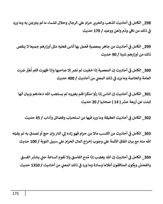 175
098
_
‫والحرير‬ ‫الذهب‬ ‫أحاديث‬ ‫ي‬
‫ن‬
‫ف‬ ‫الكامل‬
‫ورد‬ ‫وما‬ ‫به‬ ‫جن‬‫يتي‬ ‫لم‬ ‫ما‬ ‫للنساء‬ ‫وحالل‬ ‫الرجال‬ ‫ي‬
‫عل‬ ‫ام‬‫ر‬‫ح‬
‫ووعيد‬ ‫ولعن‬ ‫وذم‬ ‫ي‬
‫نه‬ ‫من‬ ‫ذلك‬ ‫ي‬
‫ن‬
‫ف‬
/
622
‫حديث‬
099
_
‫ينقص‬ ‫ال‬ ‫جميعا‬ ‫ارهم‬‫ز‬‫أو‬ ‫مثل‬ ‫فعليه‬ ‫أناس‬ ‫بها‬ ‫فعمل‬ ‫بمعصية‬ ‫جاهر‬ ‫من‬ ‫أحاديث‬ ‫ي‬
‫ن‬
‫ف‬ ‫الكامل‬
‫شيئا‬ ‫ارهم‬‫ز‬‫أو‬ ‫من‬ ‫ذلك‬
/
92
‫حديث‬
222
_
‫لم‬ ‫خفيت‬ ‫إذا‬ ‫المعصية‬ ‫إن‬ ‫أحاديث‬ ‫ي‬
‫ن‬
‫ف‬ ‫الكامل‬
‫ت‬ ‫ن‬
‫ض‬ َّ
‫غي‬
ُ
‫ت‬ ‫فلم‬ ‫ظهرت‬ ‫وإذا‬ ‫صاحبها‬ ‫إال‬ ‫ن‬
‫ترص‬
‫أحاديث‬ ‫من‬ ‫ي‬
‫ن‬
‫المعن‬ ‫ذلك‬ ‫ي‬
‫ن‬
‫ف‬ ‫ورد‬ ‫وما‬ ‫والخاصة‬ ‫العامة‬
/
022
‫حديث‬
226
_
‫أنها‬ ‫وبيان‬ ‫دعاءهم‬ ‫هللا‬ ‫يستجب‬ ‫لم‬ ‫وه‬‫يغي‬ ‫فلم‬ ‫ا‬‫ر‬‫منك‬ ‫أوا‬‫ر‬ ‫إذا‬ ‫الناس‬ ‫إن‬ ‫أحاديث‬ ‫ي‬
‫ن‬
‫ف‬ ‫الكامل‬
‫ر‬
‫عش‬ ‫أربعة‬ ‫عن‬ ‫ثبتت‬
(
60
)
‫صحابيا‬
/
02
‫حديث‬
220
_
‫وآداب‬ ‫وفضائل‬ ‫استحباب‬ ‫من‬ ‫فيها‬ ‫ورد‬ ‫وما‬ ‫العقيقة‬ ‫أحاديث‬ ‫ي‬
‫ن‬
‫ف‬ ‫الكامل‬
/
05
‫حديث‬
222
_
‫يقبله‬ ‫لم‬ ‫به‬ ‫تصدق‬ ‫أو‬ ‫حج‬ ‫وإن‬‫النار‬ ‫ي‬
‫إل‬ ‫اده‬‫ز‬ ‫فهو‬ ‫ام‬‫ر‬‫ح‬ ‫من‬ ‫ماال‬ ‫اكتسب‬ ‫من‬ ‫أحاديث‬ ‫ي‬
‫ن‬
‫ف‬ ‫الكامل‬
‫التوبة‬ ‫سبيل‬ ‫ي‬
‫عل‬ ‫ام‬‫ر‬‫الح‬ ‫المال‬ ‫اج‬‫ر‬‫إخ‬ ‫وجوب‬ ‫ي‬
‫عل‬ ‫األئمة‬ ‫اتفاق‬ ‫بيان‬ ‫مع‬ ‫منه‬ ‫هللا‬
/
622
‫حديث‬
220
_
‫الفسق‬ ‫ر‬
‫ينتش‬ ‫ي‬
‫حن‬ ‫الساعة‬ ‫تقوم‬ ‫وال‬ ‫الفاسق‬ ‫دح‬ ُ‫م‬ ‫إذا‬ ‫يغضب‬ ‫هللا‬ ‫إن‬ ‫أحاديث‬ ‫ي‬
‫ن‬
‫ف‬ ‫الكامل‬
‫أحاديث‬ ‫من‬ ‫ي‬
‫ن‬
‫المعن‬ ‫ذلك‬ ‫ي‬
‫ن‬
‫ف‬ ‫ورد‬ ‫وما‬ ‫وسادة‬ ‫أعالما‬ ‫المنافقون‬ ‫ويكون‬ ‫والفحش‬
/
6252
‫حديث‬
 