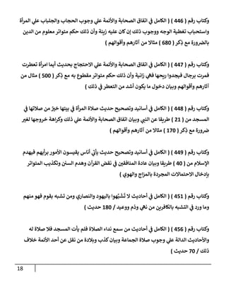 18
‫رقم‬ ‫وكتاب‬
(
000
( )
‫أة‬‫ر‬‫الم‬ ‫ي‬
‫عل‬ ‫والجلباب‬ ‫الحجاب‬ ‫وجوب‬ ‫ي‬
‫عل‬ ‫واألئمة‬ ‫الصحابة‬ ‫اتفاق‬ ‫ي‬
‫ن‬
‫ف‬ ‫الكامل‬
‫ك‬‫إن‬ ‫ذلك‬ ‫ووجوب‬ ‫الوجه‬ ‫تغطية‬ ‫واستحباب‬
‫الدين‬ ‫من‬ ‫معلوم‬ ‫متواتر‬ ‫حكم‬ ‫ذلك‬ ‫وأن‬ ‫زينة‬ ‫عليه‬ ‫ان‬
‫كر‬ِ
‫ذ‬ ‫مع‬ ‫ورة‬ ‫ن‬
‫بالرص‬
(
082
)
‫وأقوالهم‬ ‫آثارهم‬ ‫من‬ ‫مثاال‬
)
‫رقم‬ ‫وكتاب‬
(
002
( )
‫تعطرت‬ ‫أة‬‫ر‬‫ام‬ ‫أيما‬ ‫بحديث‬ ‫االحتجاج‬ ‫ي‬
‫عل‬ ‫واألئمة‬ ‫الصحابة‬ ‫اتفاق‬ ‫ي‬
‫ن‬
‫ف‬ ‫الكامل‬
ِ
‫ذ‬ ‫مع‬ ‫به‬ ‫مقطوع‬ ‫متواتر‬ ‫حكم‬ ‫ذلك‬ ‫وأن‬ ‫انية‬‫ز‬ ‫ي‬
‫فه‬ ‫ريحها‬ ‫فيجدوا‬ ‫برجال‬ ‫فمرت‬
‫كر‬
(
522
)
‫من‬ ‫مثال‬
‫ذلك‬ ‫ي‬
‫ن‬
‫ف‬ ‫التعطر‬ ‫من‬ ‫أشد‬ ‫يكون‬ ‫ما‬ ‫دخول‬ ‫وبيان‬ ‫وأقوالهم‬ ‫آثارهم‬
)
‫رقم‬ ‫وكتاب‬
(
008
( )
‫ي‬
‫ن‬
‫ف‬ ‫صالتها‬ ‫من‬ ٌ
‫خي‬ ‫بيتها‬ ‫ي‬
‫ن‬
‫ف‬ ‫أة‬‫ر‬‫الم‬ ‫صالة‬ ‫حديث‬ ‫وتصحيح‬ ‫أسانيد‬ ‫ي‬
‫ن‬
‫ف‬ ‫الكامل‬
‫من‬ ‫المسجد‬
(
06
)
‫لغي‬ ‫خروجها‬ ‫اهة‬‫ر‬‫وك‬ ‫ذلك‬ ‫ي‬
‫عل‬ ‫واألئمة‬ ‫الصحابة‬ ‫اتفاق‬ ‫وبيان‬ ‫ي‬
‫النن‬ ‫عن‬ ‫طريقا‬
‫ن‬
‫ض‬
‫كر‬ِ
‫ذ‬ ‫مع‬ ‫ورة‬
(
622
)
‫وأقوالهم‬ ‫آثارهم‬ ‫من‬ ‫مثاال‬
)
‫رقم‬ ‫وكتاب‬
(
009
( )
‫فيهدم‬ ‫أيهم‬‫ر‬‫ب‬ ‫األمور‬ ‫يقيسون‬ ‫أناس‬ ‫ي‬
‫يأب‬ ‫حديث‬ ‫وتصحيح‬ ‫أسانيد‬ ‫ي‬
‫ن‬
‫ف‬ ‫الكامل‬
‫من‬ ‫اإلسالم‬
(
02
)
‫المتواتر‬ ‫وتكذيب‬ ‫ن‬ ‫ن‬
‫السي‬ ‫وهدم‬ ‫القرآن‬ ‫نقض‬ ‫ي‬
‫ن‬
‫ف‬ ‫ن‬
‫المنافقي‬ ‫عادة‬ ‫وبيان‬ ‫طريقا‬
‫و‬ ‫اج‬‫ز‬‫بالم‬ ‫المجردة‬ ‫االحتماالت‬ ‫بإدخال‬
‫الهوي‬
)
‫رقم‬ ‫وكتاب‬
(
056
( )
‫منهم‬ ‫فهو‬ ‫بقوم‬ ‫تشبه‬ ‫ومن‬ ‫والنصاري‬ ‫باليهود‬ ‫هوا‬َّ‫ب‬‫ش‬‫ت‬ ‫ال‬ ‫أحاديث‬ ‫ي‬
‫ن‬
‫ف‬ ‫الكامل‬
‫ووعيد‬ ‫وذم‬ ‫ي‬
‫نه‬ ‫من‬ ‫بالكافرين‬ ‫التشبه‬ ‫ي‬
‫ن‬
‫ف‬ ‫ورد‬ ‫وما‬
/
682
‫حديث‬
)
‫رقم‬ ‫وكتاب‬
(
050
( )
‫له‬ ‫صالة‬ ‫فال‬ ‫المسجد‬ ‫يأت‬ ‫فلم‬ ‫الصالة‬ ‫نداء‬ ‫سمع‬ ‫من‬ ‫أحاديث‬ ‫ي‬
‫ن‬
‫ف‬ ‫الكامل‬
‫ال‬ ‫واألحاديث‬
‫خالف‬ ‫األئمة‬ ‫أحد‬ ‫عن‬ ‫نقل‬ ‫من‬ ‫وبالدة‬ ‫كذب‬‫وبيان‬ ‫الجماعة‬ ‫صالة‬ ‫وجوب‬ ‫ي‬
‫عل‬ ‫دالة‬
‫ذلك‬
/
22
‫حديث‬
)
 
