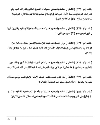 21
‫رقم‬ ‫وكتاب‬
(
222
( )
‫الخ‬ ‫هللا‬‫ر‬‫قد‬ ‫ن‬
‫القائلي‬ ‫القدرية‬ ‫إن‬ ‫حديث‬ ‫وتصحيح‬ ‫أسانيد‬ ‫ي‬
‫ن‬
‫ف‬ ‫الكامل‬
‫ولم‬‫ي‬
‫شيعة‬ ‫وهم‬ ‫ي‬
‫شفاعن‬ ‫تنالهم‬ ‫وال‬ ‫نصيب‬ ‫اإلسالم‬ ‫ي‬
‫ن‬
‫ف‬ ‫لهم‬ ‫وليس‬ ‫األمة‬ ‫هذه‬ ‫مجوس‬ ‫هم‬ ‫ر‬
‫الش‬ ‫يقدر‬
‫ن‬
‫ثماني‬ ‫من‬ ‫الدجال‬
(
82
)
‫طريقا‬
‫ي‬
‫النن‬ ‫عن‬
)
‫رقم‬ ‫وكتاب‬
(
220
( )
‫فيها‬ ‫اورون‬‫ن‬
‫يي‬ ‫فإنهم‬ ‫موتاكم‬ ‫أكفان‬ ‫أحسنوا‬ ‫حديث‬ ‫وتصحيح‬ ‫أسانيد‬ ‫ي‬
‫ن‬
‫ف‬ ‫الكامل‬
‫سبع‬ ‫من‬ ‫قبورهم‬ ‫ي‬
‫ن‬
‫ف‬
(
2
)
‫ط‬
‫رق‬
‫ي‬
‫النن‬ ‫عن‬
)
‫رقم‬ ‫وكتاب‬
(
220
( )
‫من‬ ‫النار‬ ‫من‬ ‫مقعده‬ ‫فليتبوأ‬ ‫متعمدا‬ َّ
‫ي‬
‫عل‬ ‫كذب‬‫من‬ ‫حديث‬ ‫تواتر‬ ‫ي‬
‫ن‬
‫ف‬ ‫الكامل‬
(
52
)
‫الغناء‬ ‫ي‬
‫ن‬
‫ف‬ ‫ذلك‬ ‫من‬ ‫يقع‬ ‫ما‬ ‫ة‬ ‫ر‬
‫كي‬‫وبيان‬ ‫فاعله‬ ‫كفر‬ ‫ي‬
‫ن‬
‫ف‬ ‫األئمة‬ ‫اختالف‬ ‫وبيان‬ ‫ي‬
‫النن‬ ‫ي‬
‫إل‬ ‫مختلفا‬ ‫طريقا‬
‫والتمثيل‬
)
‫رقم‬ ‫وكتاب‬
(
220
( )
‫أمر‬ ‫حديث‬ ‫وتصحيح‬ ‫أسانيد‬ ‫ي‬
‫ن‬
‫ف‬ ‫الكامل‬
‫ن‬
‫والقاسطي‬ ‫ن‬
‫الناكثي‬ ‫بقتال‬
ً
‫عليا‬ ‫ي‬
‫النن‬
‫ين‬ ‫ر‬
‫عش‬ ‫من‬ ‫ن‬
‫والمارقي‬
(
02
)
‫تيم‬ ‫ابن‬ ‫كذب‬‫وبيان‬ ‫ي‬
‫النن‬ ‫عن‬ ‫طريقا‬
‫تكذيبه‬ ‫من‬ ‫األئمة‬ ‫عن‬ ‫نقل‬ ‫فيما‬ ‫ية‬
)
‫رقم‬ ‫وكتاب‬
(
229
( )
‫كتاب‬‫نسبة‬ ‫كذب‬‫بيان‬ ‫ي‬
‫ن‬
‫ف‬ ‫الكامل‬
(
‫اإليك‬ ‫ن‬
‫نواض‬
)
‫أن‬ ‫بيان‬ ‫مع‬ ‫ي‬
‫السيوط‬ ‫لإلمام‬
‫ل‬ ‫مستوجب‬ ‫فسق‬ ‫والبذاء‬ ‫بالفحش‬ ‫ح‬ ‫الترصي‬
‫والتعيير‬ ‫لعقوبة‬
)
‫رقم‬ ‫وكتاب‬
(
280
( )
‫تسع‬ ‫من‬ ‫فاقتلوه‬ ‫حرم‬‫م‬ ‫ذات‬ ‫ي‬
‫عل‬ ‫وقع‬ ‫من‬ ‫حديث‬ ‫وتصحيح‬ ‫أسانيد‬ ‫ي‬
‫ن‬
‫ف‬ ‫الكامل‬
(
9
)
‫الكبائر‬ ‫ألفحش‬ ‫استحالل‬ ‫من‬ ‫تبعه‬ ‫وما‬ ‫ذلك‬ ‫خالف‬ ‫من‬ ‫ضعف‬ ‫شدة‬ ‫وبيان‬ ‫ي‬
‫النن‬ ‫عن‬ ‫طرق‬
)
 