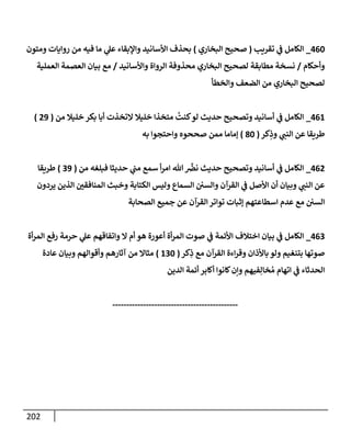 212
002
_
‫تقريب‬ ‫ي‬
‫ن‬
‫ف‬ ‫الكامل‬
(
‫البخاري‬ ‫صحيح‬
)
‫ومتون‬ ‫روايات‬ ‫من‬ ‫فيه‬ ‫ما‬ ‫ي‬
‫عل‬ ‫واإلبقاء‬ ‫األسانيد‬ ‫بحذف‬
‫وأحكام‬
/
‫واأل‬ ‫الرواة‬ ‫محذوفة‬ ‫البخاري‬ ‫لصحيح‬ ‫مطابقة‬ ‫نسخة‬
‫سانيد‬
/
‫العملية‬ ‫العصمة‬ ‫بيان‬ ‫مع‬
‫والخطأ‬ ‫الضعف‬ ‫من‬ ‫البخاري‬ ‫لصحيح‬
006
_
‫متخذا‬
ُ
‫كنت‬‫لو‬ ‫حديث‬ ‫وتصحيح‬ ‫أسانيد‬ ‫ي‬
‫ن‬
‫ف‬ ‫الكامل‬
‫خليال‬
‫من‬ ‫خليال‬ ‫بكر‬ ‫أبا‬ ‫التخذت‬
(
09
)
‫كر‬ِ
‫وذ‬ ‫ي‬
‫النن‬ ‫عن‬ ‫طريقا‬
(
82
)
‫به‬ ‫واحتجوا‬ ‫صححوه‬ ‫ممن‬ ‫إماما‬
000
_
‫من‬ ‫فبلغه‬ ‫حديثا‬ ‫ي‬
‫ن‬
‫من‬ ‫سمع‬ ‫أ‬‫ر‬‫ام‬ ‫هللا‬
َّ‫ن‬
‫نرص‬ ‫حديث‬ ‫وتصحيح‬ ‫أسانيد‬ ‫ي‬
‫ن‬
‫ف‬ ‫الكامل‬
(
29
)
‫طريقا‬
‫يردون‬ ‫الذين‬ ‫ن‬
‫المنافقي‬ ‫وخبث‬ ‫الكتابة‬ ‫وليس‬ ‫السماع‬ ‫ن‬ ‫ن‬
‫والسي‬ ‫القرآن‬ ‫ي‬
‫ن‬
‫ف‬ ‫األصل‬ ‫أن‬ ‫وبيان‬ ‫ي‬
‫النن‬ ‫عن‬
‫الصحابة‬ ‫جميع‬ ‫عن‬ ‫القرآن‬‫تواتر‬ ‫إثبات‬ ‫اسطاعتهم‬ ‫عدم‬ ‫مع‬ ‫ن‬ ‫ن‬
‫السي‬
002
_
‫اخت‬ ‫بيان‬ ‫ي‬
‫ن‬
‫ف‬ ‫الكامل‬
‫أة‬‫ر‬‫الم‬ ‫رفع‬ ‫حرمة‬ ‫ي‬
‫عل‬ ‫واتفاقهم‬ ‫ال‬ ‫أم‬ ‫هو‬ ‫أعورة‬ ‫أة‬‫ر‬‫الم‬ ‫صوت‬ ‫ي‬
‫ن‬
‫ف‬ ‫األئمة‬ ‫الف‬
‫كر‬ِ
‫ذ‬ ‫مع‬ ‫القرآن‬ ‫اءة‬‫ر‬‫وق‬ ‫باألذان‬ ‫ولو‬ ‫بتنغيم‬ ‫صوتها‬
(
622
)
‫عادة‬ ‫وبيان‬ ‫وأقوالهم‬ ‫آثارهم‬ ‫من‬ ‫مثاال‬
‫الدين‬ ‫أئمة‬ ‫أكابر‬ ‫كانوا‬‫وإن‬ ‫فيهم‬ِ‫خال‬ ُ‫م‬ ‫اتهام‬ ‫ي‬
‫ن‬
‫ف‬ ‫الحدثاء‬
---------------------------------------------
 