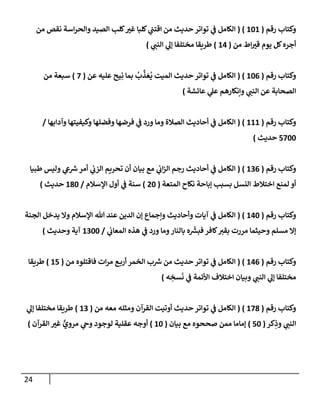 24
‫رقم‬ ‫وكتاب‬
(
626
( )
‫من‬ ‫نقص‬ ‫اسة‬‫ر‬‫والح‬ ‫الصيد‬ ‫كلب‬‫غي‬ ‫كلبا‬ ‫ي‬
‫ن‬
‫اقتن‬ ‫من‬ ‫حديث‬ ‫تواتر‬ ‫ي‬
‫ن‬
‫ف‬ ‫الكامل‬
‫من‬ ‫اط‬‫قي‬ ‫يوم‬ ‫كل‬‫أجره‬
(
60
)
‫ي‬
‫النن‬ ‫ي‬
‫إل‬ ‫مختلفا‬ ‫طريقا‬
)
‫رقم‬ ‫وكتاب‬
(
620
( )
‫عن‬ ‫عليه‬ ‫يح‬ِ‫ن‬ ‫بما‬
ُ
‫ب‬
َّ
‫ذ‬‫ع‬
ُ
‫ي‬ ‫الميت‬ ‫حديث‬ ‫تواتر‬ ‫ي‬
‫ن‬
‫ف‬ ‫الكامل‬
(
2
)
‫من‬ ‫سبعة‬
‫عاسشة‬ ‫ي‬
‫عل‬ ‫وإنكارهم‬ ‫ي‬
‫النن‬ ‫عن‬ ‫الصحابة‬
)
‫رق‬ ‫وكتاب‬
‫م‬
(
666
( )
‫وآدابها‬ ‫وكيفيتها‬ ‫وفضلها‬ ‫فرضها‬ ‫ي‬
‫ن‬
‫ف‬ ‫ورد‬ ‫وما‬ ‫الصالة‬ ‫أحاديث‬ ‫ي‬
‫ن‬
‫ف‬ ‫الكامل‬
/
5222
‫حديث‬
)
‫رقم‬ ‫وكتاب‬
(
620
( )
‫طبيا‬ ‫وليس‬ ‫ي‬
‫يع‬ ‫ر‬
‫رس‬‫أمر‬ ‫ي‬
‫ن‬
‫الزب‬ ‫تحريم‬ ‫أن‬ ‫بيان‬ ‫مع‬ ‫ي‬
‫ن‬
‫اب‬‫ز‬‫ال‬ ‫رجم‬ ‫أحاديث‬ ‫ي‬
‫ن‬
‫ف‬ ‫الكامل‬
‫المتعة‬ ‫نكاح‬ ‫إباحة‬ ‫بسبب‬ ‫النسل‬ ‫اختالط‬ ‫لمنع‬ ‫أو‬
(
02
)
‫اإلسالم‬ ‫أول‬ ‫ي‬
‫ن‬
‫ف‬ ‫سنة‬
/
682
‫حديث‬
)
‫رقم‬ ‫وكتاب‬
(
602
( )
‫الجنة‬ ‫يدخل‬ ‫وال‬ ‫اإلسالم‬ ‫هللا‬ ‫عند‬ ‫الدين‬ ‫إن‬ ‫وإجماع‬ ‫وأحاديث‬ ‫آيات‬ ‫ي‬
‫ن‬
‫ف‬ ‫الكامل‬
‫و‬ ‫مسلم‬ ‫إال‬
‫ي‬
‫ن‬
‫المعاب‬ ‫هذه‬ ‫ي‬
‫ن‬
‫ف‬ ‫ورد‬ ‫وما‬‫بالنار‬ ‫ه‬ ‫ر‬
‫فبش‬ ‫كافر‬‫بقي‬ ‫مررت‬ ‫حيثما‬
/
6222
‫وحديث‬ ‫آية‬
)
‫رقم‬ ‫وكتاب‬
(
600
( )
‫من‬ ‫فاقتلوه‬ ‫ات‬‫ر‬‫م‬ ‫ع‬‫أرب‬ ‫الخمر‬ ‫ب‬ ‫ر‬
‫رس‬ ‫من‬ ‫حديث‬ ‫تواتر‬ ‫ي‬
‫ن‬
‫ف‬ ‫الكامل‬
(
65
)
‫طريقا‬
‫ه‬ ِ
‫سخ‬‫ن‬ ‫ي‬
‫ن‬
‫ف‬ ‫األئمة‬ ‫اختالف‬ ‫وبيان‬ ‫ي‬
‫النن‬ ‫ي‬
‫إل‬ ‫مختلفا‬
)
‫رقم‬ ‫وكتاب‬
(
628
( )
‫حد‬ ‫تواتر‬ ‫ي‬
‫ن‬
‫ف‬ ‫الكامل‬
‫من‬ ‫معه‬ ‫ومثله‬ ‫القرآن‬ ‫أوتيت‬ ‫يث‬
(
62
)
‫ي‬
‫إل‬ ‫مختلفا‬ ‫طريقا‬
‫كر‬ِ
‫وذ‬ ‫ي‬
‫النن‬
(
52
)
‫بيان‬ ‫مع‬ ‫صححوه‬ ‫ممن‬ ‫إماما‬
(
62
)
‫القرآن‬ ‫غي‬ ٍّ
‫مروي‬ ‫ي‬
‫وج‬ ‫لوجود‬ ‫عقلية‬ ‫أوجه‬
)
 
