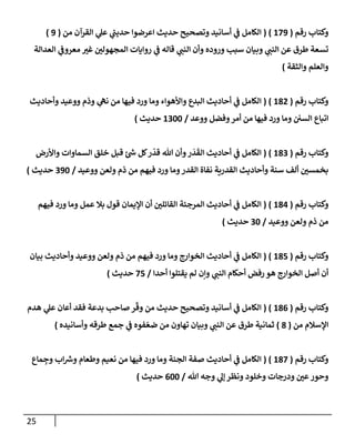 25
‫رقم‬ ‫وكتاب‬
(
629
( )
‫من‬ ‫القرآن‬ ‫ي‬
‫عل‬ ‫ي‬
‫ر‬
‫حدين‬ ‫اعرضوا‬ ‫حديث‬ ‫وتصحيح‬ ‫أسانيد‬ ‫ي‬
‫ن‬
‫ف‬ ‫الكامل‬
(
9
)
‫سبب‬ ‫وبيان‬ ‫ي‬
‫النن‬ ‫عن‬ ‫طرق‬ ‫تسعة‬
‫العدالة‬ ‫ي‬
‫ن‬
‫معروف‬ ‫غي‬ ‫ن‬
‫المجهولي‬ ‫روايات‬ ‫ي‬
‫ن‬
‫ف‬ ‫قاله‬ ‫ي‬
‫النن‬ ‫وأن‬ ‫وروده‬
‫والثقة‬ ‫والعلم‬
)
‫رقم‬ ‫وكتاب‬
(
680
( )
‫وأحاديث‬ ‫ووعيد‬ ‫وذم‬ ‫ي‬
‫نه‬ ‫من‬ ‫فيها‬ ‫ورد‬ ‫وما‬ ‫واألهواء‬ ‫البدع‬ ‫أحاديث‬ ‫ي‬
‫ن‬
‫ف‬ ‫الكامل‬
‫ووعد‬ ‫وفضل‬‫أمر‬ ‫من‬ ‫فيها‬ ‫ورد‬ ‫وما‬ ‫ن‬ ‫ن‬
‫السي‬ ‫اتباع‬
/
6222
‫حديث‬
)
‫رقم‬ ‫وكتاب‬
(
682
( )
‫واألرض‬ ‫السماوات‬ ‫خلق‬ ‫قبل‬ ‫ئ‬ ‫ر‬
‫ش‬ ‫كل‬‫ر‬‫قد‬ ‫هللا‬ ‫وأن‬‫ر‬‫د‬‫الق‬ ‫أحاديث‬ ‫ي‬
‫ن‬
‫ف‬ ‫الكامل‬
‫ووعيد‬ ‫ولعن‬ ‫ذم‬ ‫من‬ ‫فيهم‬ ‫ورد‬ ‫وما‬‫القدر‬ ‫نفاة‬ ‫القدرية‬ ‫وأحاديث‬ ‫سنة‬ ‫ألف‬ ‫ن‬
‫بخمسي‬
/
292
‫حديث‬
)
‫رقم‬ ‫وكتاب‬
(
680
( )
‫فيهم‬ ‫ورد‬ ‫وما‬ ‫عمل‬ ‫بال‬ ‫قول‬ ‫اإليمان‬ ‫أن‬ ‫ن‬
‫القائلي‬ ‫المرجئة‬ ‫أحاديث‬ ‫ي‬
‫ن‬
‫ف‬ ‫الكامل‬
‫ولعن‬ ‫ذم‬ ‫من‬
‫ووعيد‬
/
22
‫حديث‬
)
‫رقم‬ ‫وكتاب‬
(
685
( )
‫بيان‬ ‫وأحاديث‬ ‫ووعيد‬ ‫ولعن‬ ‫ذم‬ ‫من‬ ‫فيهم‬ ‫ورد‬ ‫وما‬ ‫الخوارج‬ ‫أحاديث‬ ‫ي‬
‫ن‬
‫ف‬ ‫الكامل‬
‫أحدا‬ ‫يقتلوا‬ ‫لم‬ ‫وإن‬ ‫ي‬
‫النن‬ ‫أحكام‬ ‫رفض‬ ‫هو‬ ‫الخوارج‬ ‫أصل‬ ‫أن‬
/
25
‫حديث‬
)
‫رقم‬ ‫وكتاب‬
(
680
( )
‫ي‬
‫عل‬ ‫أعان‬ ‫فقد‬ ‫بدعة‬ ‫صاحب‬ ‫ر‬‫وق‬ ‫من‬ ‫حديث‬ ‫وتصحيح‬ ‫أسانيد‬ ‫ي‬
‫ن‬
‫ف‬ ‫الكامل‬
‫هدم‬
‫من‬ ‫اإلسالم‬
(
8
)
‫وأسانيده‬ ‫طرقه‬ ‫جمع‬ ‫ي‬
‫ن‬
‫ف‬ ‫فوه‬‫ضع‬ ‫من‬ ‫تهاون‬ ‫وبيان‬ ‫ي‬
‫النن‬ ‫عن‬ ‫طرق‬ ‫ثمانية‬
)
‫رقم‬ ‫وكتاب‬
(
682
( )
‫ماع‬ ِ
‫وج‬ ‫اب‬ ‫ر‬
‫ورس‬ ‫وطعام‬ ‫نعيم‬ ‫من‬ ‫فيها‬ ‫ورد‬ ‫وما‬ ‫الجنة‬ ‫صفة‬ ‫أحاديث‬ ‫ي‬
‫ن‬
‫ف‬ ‫الكامل‬
‫هللا‬ ‫وجه‬ ‫ي‬
‫إل‬‫ونظر‬ ‫وخلود‬ ‫ودرجات‬ ‫ن‬
‫عي‬‫وحور‬
/
022
‫حديث‬
)
 
