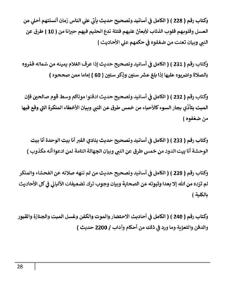 28
‫رقم‬ ‫وكتاب‬
(
008
( )
‫من‬ ‫ي‬
‫أحل‬ ‫ألسنتهم‬ ‫زمان‬ ‫الناس‬ ‫ي‬
‫عل‬ ‫ي‬
‫يأب‬ ‫حديث‬ ‫وتصحيح‬ ‫أسانيد‬ ‫ي‬
‫ن‬
‫ف‬ ‫الكامل‬
‫من‬ ‫انا‬‫حي‬ ‫فيهم‬ ‫الحليم‬ ‫تدع‬ ‫فتنة‬ ‫عليهم‬ ‫ن‬ ‫ر‬
‫ألبعي‬ ‫الذئاب‬ ‫قلوب‬ ‫هم‬‫وقلوب‬ ‫العسل‬
(
62
)
‫عن‬ ‫طرق‬
‫األحاديث‬ ‫ي‬
‫عل‬ ‫حكمهم‬ ‫ي‬
‫ن‬
‫ف‬ ‫فوه‬‫ضع‬ ‫من‬ ‫تعنت‬ ‫وبيان‬ ‫ي‬
‫النن‬
)
‫رقم‬ ‫وكتاب‬
(
026
( )
‫إذا‬ ‫حديث‬ ‫وتصحيح‬ ‫أسانيد‬ ‫ي‬
‫ن‬
‫ف‬ ‫الكامل‬
‫روه‬ ُ‫فم‬ ‫شماله‬ ‫من‬ ‫يمينه‬ ‫الغالم‬ ‫عرف‬
‫ن‬
‫ستي‬‫كر‬ِ
‫وذ‬ ‫ن‬
‫سني‬ ‫ر‬
‫عش‬ ‫بلغ‬ ‫إذا‬ ‫عليها‬ ‫بوه‬ ‫ن‬
‫واض‬ ‫بالصالة‬
(
02
)
‫صححوه‬ ‫ممن‬ ‫إماما‬
)
‫رقم‬ ‫وكتاب‬
(
020
( )
‫فإن‬ ‫ن‬
‫صالحي‬ ‫قوم‬ ‫وسط‬ ‫موتاكم‬ ‫ادفنوا‬ ‫حديث‬ ‫وتصحيح‬ ‫أسانيد‬ ‫ي‬
‫ن‬
‫ف‬ ‫الكامل‬
‫األخط‬ ‫وبيان‬ ‫ي‬
‫النن‬ ‫عن‬ ‫طرق‬ ‫خمس‬ ‫من‬ ‫كاألحياء‬‫السوء‬ ‫بجار‬ ‫ي‬‫يتأذ‬ ‫الميت‬
‫فيها‬ ‫وقع‬ ‫ي‬
‫الن‬ ‫المنكرة‬ ‫اء‬
‫فوه‬‫ضع‬ ‫من‬
)
‫رقم‬ ‫وكتاب‬
(
022
( )
‫بيت‬ ‫أنا‬ ‫الوحدة‬ ‫بيت‬ ‫أنا‬ ‫القي‬ ‫ينادي‬ ‫حديث‬ ‫وتصحيح‬ ‫أسانيد‬ ‫ي‬
‫ن‬
‫ف‬ ‫الكامل‬
‫مكذوب‬ ‫أنه‬ ‫ادعوا‬ ‫لمن‬ ‫التامة‬ ‫الجهالة‬ ‫وبيان‬ ‫ي‬
‫النن‬ ‫عن‬ ‫طرق‬ ‫خمس‬ ‫من‬ ‫الدود‬ ‫بيت‬ ‫أنا‬ ‫الوحشة‬
)
‫رقم‬ ‫وكتاب‬
(
029
( )
‫حدي‬ ‫وتصحيح‬ ‫أسانيد‬ ‫ي‬
‫ن‬
‫ف‬ ‫الكامل‬
‫والمنكر‬ ‫الفحشاء‬ ‫عن‬ ‫صالته‬ ‫تنهه‬ ‫لم‬ ‫من‬ ‫ث‬
‫األحاديث‬ ‫كل‬ ‫ي‬
‫ن‬
‫ف‬ ‫ي‬
‫ن‬
‫األلباب‬ ‫تضعيفات‬ ‫ترك‬ ‫وجوب‬ ‫وبيان‬ ‫الصحابة‬ ‫عن‬ ‫وثبوته‬ ‫بعدا‬ ‫إال‬ ‫هللا‬ ‫من‬ ‫تزده‬ ‫لم‬
‫بالكلية‬
)
‫رقم‬ ‫وكتاب‬
(
002
( )
‫والقبور‬ ‫والجنازة‬ ‫الميت‬ ‫وغسل‬ ‫والكفن‬ ‫والموت‬‫االحتضار‬ ‫أحاديث‬ ‫ي‬
‫ن‬
‫ف‬ ‫الكامل‬
‫ذ‬ ‫ي‬
‫ن‬
‫ف‬ ‫ورد‬ ‫وما‬ ‫والتعيية‬ ‫والدفن‬
‫وآداب‬ ‫أحكام‬ ‫من‬ ‫لك‬
/
0022
‫حديث‬
)
 