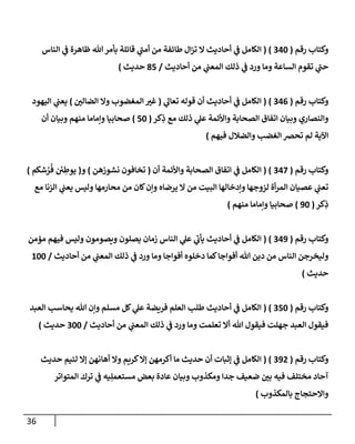 36
‫رقم‬ ‫وكتاب‬
(
202
( )
‫الناس‬ ‫ي‬
‫ن‬
‫ف‬ ‫ظاهرة‬ ‫هللا‬‫بأمر‬ ‫قائلة‬ ‫ي‬
‫أمن‬ ‫من‬ ‫طائفة‬ ‫ال‬‫ز‬‫ت‬ ‫ال‬ ‫أحاديث‬ ‫ي‬
‫ن‬
‫ف‬ ‫الكامل‬
‫ي‬
‫ن‬
‫المعن‬ ‫ذلك‬ ‫ي‬
‫ن‬
‫ف‬ ‫ورد‬ ‫وما‬ ‫الساعة‬ ‫تقوم‬ ‫ي‬
‫حن‬
‫أحاديث‬ ‫من‬
/
85
‫حديث‬
)
‫رقم‬ ‫وكتاب‬
(
200
( )
‫ي‬
‫تعال‬ ‫قوله‬ ‫أن‬ ‫أحاديث‬ ‫ي‬
‫ن‬
‫ف‬ ‫الكامل‬
(
‫ن‬
‫الضالي‬ ‫وال‬ ‫المغضوب‬ ‫غي‬
)
‫اليهود‬ ‫ي‬
‫ن‬
‫يعن‬
‫كر‬ِ
‫ذ‬ ‫مع‬ ‫ذلك‬ ‫ي‬
‫عل‬ ‫واألئمة‬ ‫الصحابة‬ ‫اتفاق‬ ‫وبيان‬ ‫والنصاري‬
(
52
)
‫أن‬ ‫وبيان‬ ‫منهم‬ ‫وإماما‬ ‫صحابيا‬
‫فيهم‬ ‫والضالل‬ ‫الغضب‬ ‫تحرص‬ ‫لم‬ ‫اآلية‬
)
‫رقم‬ ‫وكتاب‬
(
202
( )
‫أن‬ ‫واألئمة‬ ‫الصحابة‬ ‫اتفاق‬ ‫ي‬
‫ن‬
‫ف‬ ‫الكامل‬
(
‫نشوزهن‬ ‫تخافون‬
)
‫و‬
(
‫شكم‬ ُ
‫ر‬
ُ
‫ف‬ ‫ن‬ ‫ئ‬
‫ي‬ ِ
‫يوط‬
)
‫مع‬ ‫الزنا‬ ‫ي‬
‫ن‬
‫يعن‬ ‫وليس‬ ‫محارمها‬ ‫من‬ ‫كان‬‫وإن‬ ‫يرضاه‬ ‫ال‬ ‫من‬ ‫البيت‬ ‫وإدخالها‬ ‫لزوجها‬ ‫أة‬‫ر‬‫الم‬ ‫عصيان‬ ‫ي‬
‫ن‬
‫تعن‬
‫كر‬ِ
‫ذ‬
(
92
)
‫منهم‬ ‫وإماما‬ ‫صحابيا‬
)
‫رقم‬ ‫وكتاب‬
(
209
( )
‫زم‬ ‫الناس‬ ‫ي‬
‫عل‬ ‫ي‬
‫يأب‬ ‫أحاديث‬ ‫ي‬
‫ن‬
‫ف‬ ‫الكامل‬
‫مؤمن‬ ‫فيهم‬ ‫وليس‬ ‫ويصومون‬ ‫يصلون‬ ‫ان‬
‫أحاديث‬ ‫من‬ ‫ي‬
‫ن‬
‫المعن‬ ‫ذلك‬ ‫ي‬
‫ن‬
‫ف‬ ‫ورد‬ ‫وما‬ ‫أفواجا‬ ‫دخلوه‬ ‫كما‬‫أفواجا‬ ‫هللا‬ ‫دين‬ ‫من‬ ‫الناس‬ ‫وليخرجن‬
/
622
‫حديث‬
)
‫رقم‬ ‫وكتاب‬
(
252
( )
‫العبد‬ ‫يحاسب‬ ‫هللا‬ ‫وإن‬ ‫مسلم‬ ‫كل‬ ‫ي‬
‫عل‬ ‫فريضة‬ ‫العلم‬ ‫طلب‬ ‫أحاديث‬ ‫ي‬
‫ن‬
‫ف‬ ‫الكامل‬
‫أحاديث‬ ‫من‬ ‫ي‬
‫ن‬
‫المعن‬ ‫ذلك‬ ‫ي‬
‫ن‬
‫ف‬ ‫ورد‬ ‫وما‬ ‫تعلمت‬ ‫أال‬ ‫هللا‬ ‫فيقول‬ ‫جهلت‬ ‫العبد‬ ‫فيقول‬
/
222
‫حديث‬
)
‫رقم‬ ‫وكتاب‬
(
290
( )
‫حديث‬ ‫لئيم‬ ‫إال‬ ‫أهانهن‬ ‫وال‬ ‫كريم‬‫إال‬ ‫أكرمهن‬ ‫ما‬ ‫حديث‬ ‫أن‬ ‫إثبات‬ ‫ي‬
‫ن‬
‫ف‬ ‫الكامل‬
‫ن‬
‫بي‬ ‫فيه‬ ‫مختلف‬ ‫آحاد‬
‫المتواتر‬ ‫ترك‬ ‫ي‬
‫ن‬
‫ف‬ ‫يه‬ِ‫مستعمل‬ ‫بعض‬ ‫عادة‬ ‫وبيان‬ ‫ومكذوب‬ ‫جدا‬ ‫ضعيف‬
‫بالمكذوب‬ ‫واالحتجاج‬
)
 