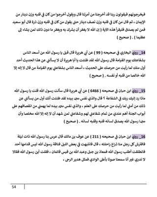 54
‫من‬ ‫دينار‬ ‫وزن‬ ‫قلبه‬ ‫ي‬
‫ن‬
‫ف‬ ‫كان‬‫من‬ ‫أخرجوا‬ ‫ويقول‬ ‫قال‬ ‫أمرتنا‬ ‫من‬ ‫أخرجنا‬ ‫قد‬ ‫ربنا‬ ‫فيقولون‬ ‫فيخرجونهم‬
‫ك‬‫من‬ ‫يقول‬ ‫حن‬‫دينار‬ ‫نصف‬ ‫وزن‬ ‫قلبه‬ ‫ي‬
‫ن‬
‫ف‬ ‫كان‬‫من‬ ‫قال‬ ‫ثم‬ ، ‫اإليمان‬
‫سعيد‬‫أبو‬ ‫قال‬ ‫ذرة‬ ‫وزن‬ ‫قلبه‬ ‫ي‬
‫ن‬
‫ف‬ ‫ان‬
‫اآلية‬ ‫هذه‬ ‫أ‬‫ر‬‫فليق‬ ‫يصدق‬ ‫لم‬ ‫فمن‬
)
‫إل‬ ‫يشاء‬ ‫لمن‬ ‫ذلك‬ ‫دون‬ ‫ما‬ ‫ويغفر‬ ‫به‬ ‫ك‬ ‫ر‬
‫يش‬ ‫أن‬ ‫يغفر‬ ‫ال‬ ‫هللا‬ ‫إن‬
‫عظيما‬
(
( .
‫صحيح‬
)
60
_
‫روي‬
‫صحيحه‬ ‫ي‬
‫ن‬
‫ف‬ ‫البخاري‬
(
99
)
‫الناس‬ ‫أسعد‬ ‫من‬ ‫هللا‬ ‫رسول‬ ‫يا‬ ‫قيل‬ ‫قال‬ ‫هريرة‬ ‫ي‬
‫أب‬ ‫عن‬
‫أحد‬ ‫الحديث‬ ‫هذا‬ ‫عن‬ ‫ي‬
‫ن‬
‫يسألن‬ ‫ال‬ ‫أن‬ ‫هريرة‬ ‫أبا‬ ‫يا‬ ‫ظننت‬ ‫لقد‬ ‫هللا‬ ‫رسول‬ ‫قال‬ ‫القيامة‬ ‫يوم‬ ‫بشفاعتك‬
‫إال‬ ‫إله‬ ‫ال‬ ‫قال‬ ‫من‬ ‫القيامة‬ ‫يوم‬ ‫ي‬
‫بشفاعن‬ ‫الناس‬ ‫أسعد‬ ، ‫الحديث‬ ‫عل‬ ‫حرصك‬ ‫من‬ ‫أيت‬‫ر‬ ‫لما‬ ‫منك‬ ‫أول‬
‫خالص‬ ‫هللا‬
‫نفسه‬ ‫أو‬ ‫قلبه‬ ‫من‬ ‫ا‬
( .
‫صحيح‬
)
65
_
‫روي‬
‫صحيحه‬ ‫ي‬
‫ن‬
‫ف‬ ‫حبان‬ ‫ابن‬
(
0000
)
‫هريرة‬ ‫ي‬
‫أب‬ ‫عن‬
‫قال‬
‫هللا‬ ‫رسول‬ ‫يا‬ ‫قلت‬ ‫هللا‬ ‫رسول‬ ‫سألت‬
‫عن‬ ‫ي‬
‫ن‬
‫يسألن‬ ‫من‬ ‫أول‬ ‫أنك‬ ‫ظننت‬ ‫لقد‬ ‫بيده‬ ‫دمحم‬ ‫نفس‬ ‫والذي‬ ‫قال‬ ‫؟‬ ‫الشفاعة‬ ‫ي‬
‫ن‬
‫ف‬ ‫ربك‬ ‫إليك‬ ‫رد‬ ‫ماذا‬
‫عل‬ ‫انقصافهم‬ ‫من‬ ‫ي‬
‫ن‬
‫يهمن‬ ‫لما‬ ‫بيده‬ ‫دمحم‬ ‫نفس‬ ‫والذي‬ ، ‫العلم‬ ‫عل‬ ‫حرصك‬ ‫من‬ ‫أيت‬‫ر‬ ‫لما‬ ‫ي‬
‫أمن‬ ‫من‬ ‫ذلك‬
‫لمن‬ ‫ي‬
‫وشفاعن‬ ‫لهم‬ ‫ي‬
‫شفاعن‬ ‫تمام‬ ‫من‬ ‫عندي‬ ‫أهم‬ ‫الجنة‬ ‫أبواب‬
‫وأن‬ ‫مخلصا‬ ‫هللا‬ ‫إال‬ ‫إله‬ ‫ال‬ ‫أن‬ ‫شهد‬
‫لسانه‬ ‫وقلبه‬ ‫قلبه‬ ‫لسانه‬ ‫يصدق‬ ‫هللا‬ ‫رسول‬ ‫دمحما‬
( .
‫صحيح‬
)
60
_
‫روي‬
‫صحيحه‬ ‫ي‬
‫ن‬
‫ف‬ ‫حبان‬ ‫ابن‬
(
066
)
‫ليلة‬ ‫ذات‬ ‫هللا‬ ‫رسول‬ ‫بنا‬ ‫عرس‬ ‫قال‬ ‫مالك‬ ‫بن‬ ‫عوف‬ ‫عن‬
‫أح‬ ‫قدامها‬ ‫ليس‬ ‫هللا‬ ‫رسول‬ ‫فناقة‬ ‫الليل‬ ‫بعض‬ ‫ي‬
‫ن‬
‫ف‬ ‫فانتبهت‬ ‫قال‬ ، ‫احلته‬‫ر‬ ‫اع‬‫ر‬‫ذ‬ ‫منا‬ ‫رجل‬ ‫كل‬‫ش‬‫فافي‬
‫د‬
‫فقاال‬ ‫هللا‬ ‫رسول‬ ‫أين‬ ‫فقلت‬ ، ‫قائمان‬ ‫قيس‬ ‫بن‬ ‫هللا‬ ‫وعبد‬ ‫جبل‬ ‫بن‬ ‫فمعاذ‬ ‫هللا‬ ‫رسول‬ ‫أطلب‬ ‫فانطلقت‬
، ‫الرج‬ ‫هدير‬ ‫فمثل‬ ‫الوادي‬ ‫بأعل‬ ‫صوتا‬ ‫سمعنا‬ ‫أنا‬ ‫غي‬ ‫ندري‬ ‫ال‬
 