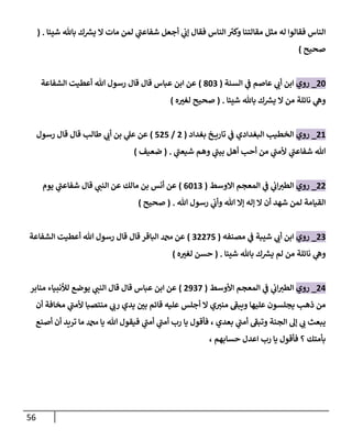 56
‫شيئا‬ ‫باهلل‬ ‫ك‬ ‫ر‬
‫يش‬ ‫ال‬ ‫مات‬ ‫لمن‬ ‫ي‬
‫شفاعن‬ ‫أجعل‬ ‫ي‬
‫ن‬
‫إب‬ ‫فقال‬ ‫الناس‬ ‫ر‬
‫وكي‬ ‫مقالتنا‬ ‫مثل‬ ‫له‬ ‫فقالوا‬ ‫الناس‬
( .
‫صحيح‬
)
02
_
‫روي‬
‫السنة‬ ‫ي‬
‫ن‬
‫ف‬ ‫عاصم‬ ‫ي‬
‫أب‬ ‫ابن‬
(
822
)
‫الشفاعة‬ ‫أعطيت‬ ‫هللا‬ ‫رسول‬ ‫قال‬ ‫قال‬ ‫عباس‬ ‫ابن‬ ‫عن‬
‫شيئا‬ ‫باهلل‬ ‫ك‬ ‫ر‬
‫يش‬ ‫ال‬ ‫من‬ ‫نائلة‬ ‫ي‬
‫وه‬
( .
‫ه‬‫لغي‬ ‫صحيح‬
)
06
_
‫روي‬
‫بغداد‬ ‫خ‬ ‫تاري‬ ‫ي‬
‫ن‬
‫ف‬ ‫البغدادي‬ ‫الخطيب‬
(
0
/
505
)
‫رسول‬ ‫قال‬ ‫قال‬ ‫طالب‬ ‫ي‬
‫أب‬ ‫بن‬ ‫ي‬
‫عل‬ ‫عن‬
‫ي‬
‫شيعن‬ ‫وهم‬ ‫ي‬
‫بين‬ ‫أهل‬ ‫أحب‬ ‫من‬ ‫ي‬
‫ألمن‬ ‫ي‬
‫شفاعن‬ ‫هللا‬
( .
‫ضعيف‬
)
00
_
‫روي‬
‫االوسط‬ ‫المعجم‬ ‫ي‬
‫ن‬
‫ف‬ ‫ي‬
‫ن‬
‫اب‬‫الطي‬
(
0262
)
‫يوم‬ ‫ي‬
‫شفاعن‬ ‫قال‬ ‫ي‬
‫النن‬ ‫عن‬ ‫مالك‬ ‫بن‬ ‫أنس‬ ‫عن‬
‫أن‬ ‫شهد‬ ‫لمن‬ ‫القيامة‬
‫هللا‬ ‫رسول‬ ‫ي‬
‫ن‬
‫وأب‬ ‫هللا‬ ‫إال‬ ‫إله‬ ‫ال‬
( .
‫صحيح‬
)
02
_
‫روي‬
‫مصنفه‬ ‫ي‬
‫ن‬
‫ف‬ ‫شيبة‬ ‫ي‬
‫أب‬ ‫ابن‬
(
20025
)
‫الباقر‬ ‫دمحم‬ ‫عن‬
‫الشفاعة‬ ‫أعطيت‬ ‫هللا‬ ‫رسول‬ ‫قال‬ ‫قال‬
‫شيئا‬ ‫باهلل‬ ‫ك‬ ‫ر‬
‫يش‬ ‫لم‬ ‫من‬ ‫نائلة‬ ‫ي‬
‫وه‬
( .
‫ه‬‫لغي‬ ‫حسن‬
)
00
_
‫روي‬
‫األوسط‬ ‫المعجم‬ ‫ي‬
‫ن‬
‫ف‬ ‫ي‬
‫ن‬
‫اب‬‫الطي‬
(
0922
)
‫منابر‬ ‫لألنبياء‬ ‫يوضع‬ ‫ي‬
‫النن‬ ‫قال‬ ‫قال‬ ‫عباس‬ ‫ابن‬ ‫عن‬
‫أن‬ ‫مخافة‬ ‫ي‬
‫ألمن‬ ‫منتصبا‬ ‫ي‬
‫رب‬ ‫يدي‬ ‫ن‬
‫بي‬ ‫قائم‬ ‫عليه‬ ‫أجلس‬ ‫ال‬ ‫ي‬‫مني‬ ‫ويبف‬ ‫عليها‬ ‫يجلسون‬ ‫ذهب‬ ‫من‬
‫أص‬ ‫أن‬ ‫تريد‬ ‫ما‬ ‫دمحم‬ ‫يا‬ ‫هللا‬ ‫فيقول‬ ‫ي‬
‫أمن‬ ‫ي‬
‫أمن‬ ‫رب‬ ‫يا‬ ‫فأقول‬ ، ‫بعدي‬ ‫ي‬
‫أمن‬ ‫وتبف‬ ‫الجنة‬ ‫إل‬ ‫ي‬
‫ب‬ ‫يبعث‬
‫نع‬
‫حسابهم‬ ‫اعدل‬ ‫رب‬ ‫يا‬ ‫فأقول‬ ‫؟‬ ‫بأمتك‬
،
 
