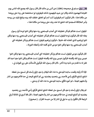 61
20
_
‫روي‬
‫صحيحه‬ ‫ي‬
‫ن‬
‫ف‬ ‫مسلم‬
(
690
)
‫ي‬ ‫الناس‬ ‫هللا‬ ‫يجمع‬ ‫هللا‬ ‫رسول‬ ‫قال‬ ‫قال‬ ‫مالك‬ ‫بن‬ ‫أنس‬ ‫عن‬
‫وم‬
‫يريحنا‬ ‫حن‬ ‫ربنا‬ ‫عل‬ ‫استشفعنا‬ ‫لو‬ ‫فيقولون‬ ‫لذلك‬ ‫فيلهمون‬ ‫عبيد‬ ‫ابن‬ ‫وقال‬ ‫لذلك‬ ‫فيهتمون‬ ‫القيامة‬
‫روحه‬ ‫من‬ ‫فيك‬ ‫ونفخ‬ ‫بيده‬ ‫هللا‬ ‫خلقك‬ ‫الخلق‬ ‫أبو‬ ‫آدم‬ ‫أنت‬ ‫فيقولون‬ ‫آدم‬ ‫فيأتون‬ ‫قال‬ ، ‫هذا‬ ‫مكاننا‬ ‫من‬
، ‫هذا‬ ‫مكاننا‬ ‫من‬ ‫يريحنا‬ ‫حن‬ ‫ربك‬ ‫عند‬ ‫لنا‬ ‫اشفع‬ ‫لك‬ ‫فسجدوا‬ ‫المالئكة‬ ‫وأمر‬
‫رسول‬ ‫أول‬ ‫نوحا‬ ‫ائتوا‬ ‫ولكن‬ ‫منها‬ ‫ربه‬ ‫ي‬
‫فيستحن‬ ‫أصاب‬ ‫ي‬
‫الن‬ ‫خطيئته‬ ‫فيذكر‬ ‫هناكم‬ ‫لست‬ ‫فيقول‬
‫ولكن‬ ‫منها‬ ‫ربه‬ ‫ي‬
‫فيستحن‬ ‫أصاب‬ ‫ي‬
‫الن‬ ‫خطيئته‬ ‫فيذكر‬ ‫هناكم‬ ‫لست‬ ‫فيقول‬ ‫نوحا‬ ‫فيأتون‬ ‫قال‬ ‫هللا‬ ‫بعثه‬
‫ي‬
‫الن‬ ‫خطيئته‬ ‫ويذكر‬ ‫هناكم‬ ‫لست‬ ‫فيقول‬ ‫اهيم‬‫ر‬‫إب‬ ‫فيأتون‬ ، ‫خليال‬ ‫هللا‬ ‫اتخذه‬ ‫الذي‬ ‫اهيم‬‫ر‬‫إب‬ ‫ائتوا‬
، ‫اة‬‫ر‬‫التو‬ ‫وأعطاه‬ ‫هللا‬ ‫كلمه‬‫الذي‬ ‫موش‬ ‫ائتوا‬ ‫ولكن‬ ‫منها‬ ‫ربه‬ ‫ي‬
‫فيستحن‬ ‫أصاب‬
‫ائتوا‬ ‫ولكن‬ ‫منها‬ ‫ربه‬ ‫ي‬
‫فيستحن‬ ‫أصاب‬ ‫ي‬
‫الن‬ ‫خطيئته‬ ‫ويذكر‬ ‫هناكم‬ ‫لست‬ ‫فيقول‬ ‫موش‬ ‫فيأتون‬ ‫قال‬
‫قد‬ ‫عبدا‬ ‫دمحما‬ ‫ائتوا‬ ‫ولكن‬ ‫هناكم‬ ‫لست‬ ‫فيقول‬ ‫وكلمته‬ ‫هللا‬ ‫روح‬ ‫عيس‬ ‫فيأتون‬ ‫وكلمته‬ ‫هللا‬ ‫روح‬ ‫عيس‬
‫ت‬ ‫ما‬ ‫له‬ ‫غفر‬
، ‫ي‬
‫ل‬ ‫فيؤذن‬ ‫ي‬
‫رب‬ ‫عل‬ ‫فأستأذن‬ ‫ي‬
‫ن‬
‫فيأتوب‬ ‫هللا‬ ‫رسول‬ ‫قال‬ ‫قال‬ ،‫تأخر‬ ‫وما‬ ‫ذنبه‬ ‫من‬ ‫قدم‬
‫تعطه‬ ‫سل‬ ‫تسمع‬ ‫قل‬ ‫أسك‬‫ر‬ ‫ارفع‬ ‫دمحم‬ ‫يا‬ ‫فيقال‬ ‫هللا‬ ‫شاء‬ ‫ما‬ ‫ي‬
‫ن‬
‫فيدعن‬ ‫ساجدا‬ ‫وقعت‬ ‫أيته‬‫ر‬ ‫أنا‬ ‫فإذا‬
‫النار‬ ‫من‬ ‫فأخرجهم‬ ‫حدا‬ ‫ي‬
‫ل‬ ‫فيحد‬ ‫أشفع‬ ‫ثم‬ ‫ي‬
‫رب‬ ‫يعلمنيه‬ ‫بتحميد‬ ‫ي‬
‫رب‬ ‫فأحمد‬ ‫ي‬
‫أش‬‫ر‬ ‫فأرفع‬ ‫تشفع‬ ‫اشفع‬
‫وأدخله‬
، ‫ي‬
‫ن‬
‫يدعن‬ ‫أن‬ ‫هللا‬ ‫شاء‬ ‫ما‬ ‫ي‬
‫ن‬
‫فيدعن‬ ‫ساجدا‬ ‫فأقع‬ ‫أعود‬ ‫ثم‬ ، ‫الجنة‬ ‫م‬
‫بتحميد‬ ‫ي‬
‫رب‬ ‫فأحمد‬ ‫ي‬
‫أش‬‫ر‬ ‫فأرفع‬ ‫تشفع‬ ‫اشفع‬ ‫تعطه‬ ‫سل‬ ‫تسمع‬ ‫قل‬ ‫دمحم‬ ‫يا‬ ‫أسك‬‫ر‬ ‫ارفع‬ ‫يقال‬ ‫ثم‬
‫ي‬
‫ن‬
‫ف‬ ‫أو‬ ‫الثالثة‬ ‫ي‬
‫ن‬
‫ف‬ ‫أدري‬ ‫فال‬ ‫قال‬ ، ‫الجنة‬ ‫وأدخلهم‬‫النار‬ ‫من‬ ‫فأخرجهم‬ ‫حدا‬ ‫ي‬
‫ل‬ ‫فيحد‬ ‫أشفع‬ ‫ثم‬ ‫يعلمنيه‬
‫رب‬ ‫يا‬ ‫فأقول‬ ‫قال‬ ‫ابعة‬‫ر‬‫ال‬
‫القرآن‬ ‫حبسه‬ ‫من‬ ‫إال‬ ‫النار‬ ‫ي‬
‫ن‬
‫ف‬ ‫ي‬
‫بف‬ ‫ما‬
( .
‫صحيح‬
)
 