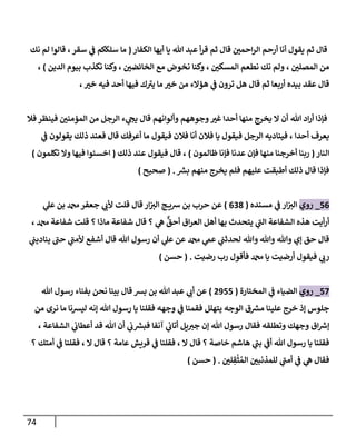 74
‫ن‬
‫احمي‬‫ر‬‫ال‬ ‫أرحم‬ ‫أنا‬ ‫يقول‬ ‫ثم‬ ‫قال‬
‫الكفار‬ ‫أيها‬ ‫يا‬ ‫هللا‬ ‫عبد‬ ‫أ‬‫ر‬‫ق‬ ‫ثم‬ ‫قال‬
(
‫نك‬ ‫لم‬ ‫قالوا‬ ، ‫سقر‬ ‫ي‬
‫ن‬
‫ف‬ ‫سلككم‬ ‫ما‬
‫الدين‬ ‫بيوم‬ ‫نكذب‬ ‫وكنا‬ ، ‫ن‬
‫الخائضي‬ ‫مع‬ ‫نخوض‬ ‫وكنا‬ ، ‫ن‬
‫المسكي‬ ‫نطعم‬ ‫نك‬ ‫ولم‬ ، ‫ن‬
‫المصلي‬ ‫من‬
)
،
،‫خي‬ ‫فيه‬ ‫أحد‬ ‫فيها‬ ‫ك‬‫يي‬ ‫ما‬ ‫خي‬ ‫من‬ ‫هؤالء‬ ‫ي‬
‫ن‬
‫ف‬ ‫ترون‬ ‫هل‬ ‫قال‬ ‫ثم‬ ‫أربعا‬ ‫بيده‬ ‫عقد‬ ‫قال‬
‫يخرج‬ ‫ال‬ ‫أن‬ ‫هللا‬ ‫اد‬‫ر‬‫أ‬ ‫فإذا‬
‫فال‬‫فينظر‬ ‫ن‬
‫المؤمني‬ ‫من‬ ‫الرجل‬ ‫ء‬ ‫ي‬
‫يج‬ ‫قال‬ ‫وألوانهم‬ ‫وجوههم‬‫غي‬ ‫أحدا‬ ‫منها‬
‫ي‬
‫ن‬
‫ف‬ ‫يقولون‬ ‫ذلك‬ ‫فعند‬ ‫قال‬ ‫أعرفك‬ ‫ما‬ ‫فيقول‬ ‫فالن‬ ‫أنا‬ ‫فالن‬ ‫يا‬ ‫فيقول‬ ‫الرجل‬ ‫فيناديه‬ ، ‫أحدا‬ ‫يعرف‬
‫النار‬
(
‫ظالمون‬ ‫فإنا‬ ‫عدنا‬ ‫فإن‬ ‫منها‬ ‫أخرجنا‬ ‫ربنا‬
)
‫ذلك‬ ‫عند‬ ‫فيقول‬ ‫قال‬ ،
(
‫تكلمون‬ ‫وال‬ ‫فيها‬ ‫اخسئوا‬
)
‫ق‬ ‫فإذا‬
‫ر‬
‫بش‬ ‫منهم‬ ‫يخرج‬ ‫فلم‬ ‫عليهم‬ ‫أطبقت‬ ‫ذلك‬ ‫ال‬
( .
‫صحيح‬
)
50
_
‫روي‬
‫مسنده‬ ‫ي‬
‫ن‬
‫ف‬ ‫ار‬‫ن‬
‫الي‬
(
028
)
‫عن‬
‫ي‬
‫عل‬ ‫بن‬ ‫دمحم‬‫جعفر‬ ‫ي‬
‫ألب‬ ‫قلت‬ ‫قال‬ ‫ار‬‫ن‬
‫الي‬ ‫ج‬ ‫رسي‬ ‫بن‬ ‫حرب‬
، ‫دمحم‬ ‫شفاعة‬ ‫قلت‬ ‫؟‬ ‫ماذا‬ ‫شفاعة‬ ‫قال‬ ‫؟‬ ‫ي‬
‫ه‬
ٌّ
‫أحق‬ ‫اق‬‫ر‬‫الع‬ ‫أهل‬ ‫بها‬ ‫يتحدث‬ ‫ي‬
‫الن‬ ‫الشفاعة‬ ‫هذه‬ ‫أيت‬‫ر‬‫أ‬
‫ي‬
‫ن‬
‫ينادين‬ ‫حن‬ ‫ي‬
‫ألمن‬ ‫أشفع‬ ‫قال‬ ‫هللا‬ ‫رسول‬ ‫أن‬ ‫ي‬
‫عل‬ ‫عن‬ ‫دمحم‬ ‫ي‬
‫عم‬ ‫ي‬
‫ن‬
‫لحدثن‬ ‫وهللا‬ ‫وهللا‬ ‫وهللا‬ ‫إي‬ ‫حق‬ ‫قال‬
‫فأ‬ ‫دمحم‬ ‫يا‬ ‫أرضيت‬ ‫فيقول‬ ‫ي‬
‫رب‬
‫رضيت‬ ‫رب‬ ‫قول‬
( .
‫حسن‬
)
52
_
‫روي‬
‫المختارة‬ ‫ي‬
‫ن‬
‫ف‬ ‫الضياء‬
(
0955
)
‫هللا‬ ‫رسول‬ ‫بفناء‬ ‫نحن‬ ‫بينا‬ ‫قال‬ ‫بش‬ ‫بن‬ ‫هللا‬ ‫عبد‬ ‫ي‬
‫أب‬ ‫عن‬
‫من‬ ‫نرى‬ ‫ما‬ ‫ليشنا‬ ‫إنه‬ ‫هللا‬ ‫رسول‬ ‫يا‬ ‫فقلنا‬ ‫وجهه‬ ‫ي‬
‫ن‬
‫ف‬ ‫فقمنا‬ ‫يتهلل‬ ‫الوجه‬ ‫ق‬ ‫ر‬
‫مش‬ ‫علينا‬ ‫خرج‬ ‫إذ‬ ‫جلوس‬
‫فب‬ ‫آنفا‬ ‫ي‬
‫ن‬
‫أتاب‬ ‫يل‬‫جي‬ ‫إن‬ ‫هللا‬ ‫رسول‬ ‫فقال‬ ‫وتطلقه‬ ‫وجهك‬ ‫اق‬ ‫ر‬
‫إرس‬
، ‫الشفاعة‬ ‫ي‬
‫ن‬
‫أعطاب‬ ‫قد‬ ‫هللا‬ ‫أن‬ ‫ي‬
‫ن‬
‫ب‬ ‫ر‬
‫ش‬
‫؟‬ ‫أمتك‬ ‫ي‬
‫ن‬
‫ف‬ ‫فقلنا‬ ، ‫ال‬ ‫قال‬ ‫؟‬ ‫عامة‬ ‫قريش‬ ‫ي‬
‫ن‬
‫ف‬ ‫فقلنا‬ ، ‫ال‬ ‫قال‬ ‫؟‬ ‫خاصة‬ ‫هاشم‬ ‫ي‬
‫ن‬
‫بن‬ ‫ي‬
‫ن‬
‫أف‬ ‫هللا‬ ‫رسول‬ ‫يا‬ ‫فقلنا‬
‫ن‬
‫لي‬ ِ
‫ق‬
ْ
‫ث‬ ُ‫الم‬ ‫ن‬
‫للمذنبي‬ ‫ي‬
‫أمن‬ ‫ي‬
‫ن‬
‫ف‬ ‫ي‬
‫ه‬ ‫فقال‬
( .
‫حسن‬
)
 