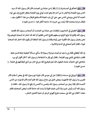 76
59
_
‫روي‬
‫المستدرك‬ ‫ي‬
‫ن‬
‫ف‬ ‫الحاكم‬
(
6
/
22
)
‫سيد‬ ‫أنا‬ ‫هللا‬ ‫رسول‬ ‫قال‬ ‫قال‬ ‫الصامت‬ ‫بن‬ ‫عبادة‬ ‫عن‬
‫لواء‬ ‫ي‬
‫مغ‬ ‫وإن‬ ‫الفرج‬ ‫ينتظر‬ ‫القيامة‬ ‫يوم‬ ‫ي‬
‫ئ‬
‫لواب‬ ‫تحت‬ ‫وهو‬ ‫إال‬ ‫أحد‬ ‫من‬ ‫ما‬ ‫فخر‬ ‫وال‬ ‫القيامة‬ ‫يوم‬ ‫الناس‬
، ‫دمحم‬ ‫فأقول‬ ‫؟‬ ‫هذا‬ ‫من‬ ‫فيقال‬ ‫فأستفتح‬ ‫الجنة‬ ‫باب‬ ‫ي‬
‫آب‬ ‫حن‬ ‫ي‬
‫مغ‬ ‫الناس‬ ‫ي‬
‫ر‬
‫ويمس‬ ‫ي‬
‫ر‬
‫أمس‬ ‫أنا‬ ‫الحمد‬
‫أيت‬‫ر‬ ‫فإذا‬ ‫بمحمد‬ ‫مرحبا‬ ‫فيقال‬
‫إليه‬ ‫أنظر‬ ‫ساجدا‬ ‫له‬ ‫خررت‬ ‫ي‬
‫رب‬
( .
‫ه‬‫لغي‬ ‫حسن‬
)
02
_
‫روي‬
‫ن‬
‫الشاميي‬ ‫ي‬
‫ن‬
‫ف‬ ‫ي‬
‫ن‬
‫اب‬‫الطي‬
(
6626
)
‫فقدوا‬ ‫هللا‬ ‫رسول‬ ‫أصحاب‬ ‫أن‬ ‫الصامت‬ ‫بن‬ ‫عبادة‬ ‫عن‬
‫وإذا‬ ‫هم‬‫غي‬ ‫أصحابا‬ ‫له‬ ‫اختار‬ ‫قد‬ ‫هللا‬ ‫أن‬ ‫فظنوا‬ ‫الناس‬ ‫ففيع‬ ‫وسطهم‬ ‫أنزلوه‬ ‫نزلوا‬ ‫إذا‬ ‫وكانوا‬ ‫هللا‬ ‫رسول‬
‫ن‬
‫حي‬ ‫نا‬‫فكي‬ ‫هللا‬ ‫رسول‬ ‫بخيال‬ ‫نحن‬
‫أصحابا‬ ‫لك‬ ‫اختار‬ ‫هللا‬ ‫يكون‬ ‫أن‬ ‫أشفقنا‬ ‫هللا‬ ‫رسول‬ ‫يا‬ ‫وقلنا‬ ‫أيناه‬‫ر‬
، ‫واآلخرة‬ ‫الدنيا‬ ‫ي‬
‫ن‬
‫ف‬ ‫ي‬
‫أصحاب‬ ‫أنتم‬ ‫فقال‬ ، ‫نا‬‫غي‬
‫تعط‬ ‫فسل‬ ‫إياها‬ ‫أعطيته‬ ‫مسألة‬ ‫ي‬
‫ن‬
‫سألن‬ ‫إال‬ ‫رسوال‬ ‫وال‬ ‫نبيا‬ ‫أبعث‬ ‫لم‬ ‫دمحم‬ ‫يا‬ ‫ي‬
‫ل‬ ‫فقال‬ ‫ي‬
‫ن‬
‫أيقظن‬ ‫هللا‬ ‫إن‬
‫ي‬ ‫الشفاعة‬ ‫ما‬ ‫بكر‬ ‫أبو‬ ‫فقال‬ ، ‫القيامة‬ ‫يوم‬ ‫ي‬
‫ألمن‬ ‫ي‬
‫شفاعن‬ ‫فقلت‬
‫رب‬ ‫أي‬ ‫أقول‬ ‫قال‬ ‫؟‬ ‫هللا‬ ‫رسول‬ ‫ا‬
‫الجنة‬ ‫ي‬
‫ن‬
‫ف‬ ‫فيقذفهم‬ ‫ي‬
‫أمن‬ ‫من‬ ‫النار‬ ‫ي‬
‫ن‬
‫ف‬ ‫من‬ ‫هللا‬ ‫فيخرج‬ ‫نعم‬ ‫هللا‬ ‫فيقول‬ ‫عندك‬ ‫اختبأت‬ ‫ي‬
‫الن‬ ‫ي‬
‫شفاعن‬
( .
‫ه‬‫لغي‬ ‫حسن‬
)
06
_
‫روي‬
‫مسنده‬ ‫ي‬
‫ن‬
‫ف‬ ‫ي‬
‫ن‬
‫الروياب‬
(
526
)
‫قال‬ ‫أسفاره‬ ‫بعض‬ ‫ي‬
‫ن‬
‫ف‬ ‫هللا‬ ‫رسول‬ ‫مع‬ ‫غزونا‬ ‫قال‬ ‫موش‬ ‫ي‬
‫أب‬ ‫عن‬
‫الل‬ ‫ببعض‬ ‫فانتهيت‬ ‫هللا‬ ‫رسول‬ ‫بنا‬ ‫فعرس‬
‫الناس‬ ‫من‬ ‫فدنوت‬ ‫قال‬ ‫أجده‬ ‫فلم‬ ‫هللا‬ ‫رسول‬ ‫مناخ‬ ‫إل‬ ‫يل‬
‫يا‬ ‫فقلنا‬ ، ‫هللا‬ ‫رسول‬ ‫لنا‬ ‫رفع‬ ‫إذ‬ ‫ألتمس‬ ‫ما‬ ‫يلتمس‬ ‫هللا‬ ‫رسول‬ ‫أصحاب‬ ‫من‬ ‫رجل‬ ‫فإذا‬ ‫قال‬ ‫ألتمسه‬
‫فقام‬ ‫أصحابك‬ ‫لبعض‬ ‫قلت‬ ‫حاجة‬ ‫لك‬ ‫بدت‬ ‫إذ‬ ‫فلوال‬ ‫عليك‬ ‫نأمن‬ ‫وال‬ ‫خرب‬ ‫بأرض‬ ‫أنت‬ ‫هللا‬ ‫رسول‬
‫كهييز‬‫ا‬‫ز‬‫هيي‬ ‫سمعت‬ ‫ي‬
‫ن‬
‫إب‬ ‫هللا‬ ‫ي‬
‫نن‬ ‫فقال‬ ‫؟‬ ‫معك‬
‫النحل‬ ‫ن‬
‫كحني‬‫حنينا‬ ‫أو‬ ‫الرحل‬
،
 