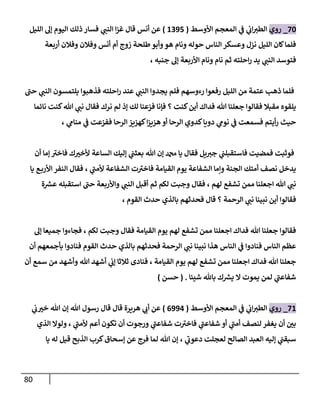 81
22
_
‫روي‬
‫ي‬
‫ن‬
‫ف‬ ‫ي‬
‫ن‬
‫اب‬‫الطي‬
‫األوسط‬ ‫المعجم‬
(
6295
)
‫الليل‬ ‫إل‬ ‫اليوم‬ ‫ذلك‬ ‫فسار‬ ‫ي‬
‫النن‬ ‫ا‬‫ز‬‫غ‬ ‫قال‬ ‫أنس‬ ‫عن‬
‫أربعة‬ ‫وفالن‬ ‫وفالن‬ ‫أنس‬ ‫أم‬ ‫زوج‬ ‫طلحة‬‫وأبو‬‫هو‬ ‫ونام‬ ‫حوله‬ ‫الناس‬ ‫وعسكر‬ ‫نزل‬ ‫الليل‬ ‫كان‬‫فلما‬
، ‫جنبه‬ ‫إل‬ ‫األربعة‬ ‫ونام‬ ‫نام‬ ‫ثم‬ ‫احلته‬‫ر‬ ‫يد‬ ‫ي‬
‫النن‬ ‫فتوسد‬
‫ال‬ ‫يجدوا‬ ‫فلم‬ ‫رءوسهم‬ ‫رفعوا‬ ‫الليل‬ ‫من‬ ‫عتمة‬ ‫ذهب‬ ‫فلما‬
‫حن‬ ‫ي‬
‫النن‬ ‫يلتمسون‬ ‫فذهبوا‬ ‫احلته‬‫ر‬ ‫عند‬ ‫ي‬
‫نن‬
‫نائما‬ ‫كنت‬‫هللا‬ ‫ي‬
‫نن‬ ‫فقال‬ ‫نرك‬ ‫لم‬ ‫إذ‬ ‫لك‬ ‫فزعنا‬ ‫فإنا‬ ‫؟‬ ‫كنت‬‫أين‬ ‫فداك‬ ‫هللا‬ ‫جعلنا‬ ‫فقالوا‬ ‫مقبال‬ ‫يلقوه‬
، ‫ي‬
‫منام‬ ‫ي‬
‫ن‬
‫ف‬ ‫ففزعت‬ ‫الرحا‬‫كهييز‬‫ا‬‫ز‬‫هيي‬ ‫أو‬ ‫الرحا‬ ‫كدوي‬‫دويا‬ ‫ي‬
‫نوم‬ ‫ي‬
‫ن‬
‫ف‬ ‫فسمعت‬ ‫أيتم‬‫ر‬ ‫حيث‬
‫إن‬ ‫دمحم‬ ‫يا‬ ‫فقال‬ ‫يل‬‫جي‬ ‫ي‬
‫ن‬
‫فاستقبلن‬ ‫فمضيت‬ ‫فوثبت‬
‫أن‬ ‫إما‬‫فاخي‬ ‫ك‬‫ألخي‬ ‫الساعة‬ ‫إليك‬ ‫ي‬
‫ن‬
‫بعثن‬ ‫هللا‬
‫يا‬ ‫ع‬‫األرب‬ ‫النفر‬ ‫فقال‬ ، ‫ي‬
‫ألمن‬ ‫الشفاعة‬ ‫ت‬‫فاخي‬ ‫القيامة‬ ‫يوم‬ ‫الشفاعة‬ ‫وإما‬ ‫الجنة‬ ‫أمتك‬ ‫نصف‬ ‫يدخل‬
‫ة‬ ‫ر‬
‫عش‬ ‫استقبله‬ ‫حن‬ ‫واألربعة‬ ‫ي‬
‫النن‬ ‫أقبل‬ ‫ثم‬ ‫لكم‬ ‫وجبت‬ ‫فقال‬ ، ‫لهم‬ ‫تشفع‬ ‫ممن‬ ‫اجعلنا‬ ‫هللا‬ ‫ي‬
‫نن‬
‫فحدث‬ ‫قال‬ ‫؟‬ ‫الرحمة‬ ‫ي‬
‫نن‬ ‫نبينا‬ ‫أين‬ ‫فقالوا‬
، ‫القوم‬ ‫حدث‬ ‫بالذي‬ ‫هم‬
‫إل‬ ‫جميعا‬ ‫فجاءوا‬ ، ‫لكم‬ ‫وجبت‬ ‫فقال‬ ‫القيامة‬ ‫يوم‬ ‫لهم‬ ‫تشفع‬ ‫ممن‬ ‫اجعلنا‬ ‫فداك‬ ‫هللا‬ ‫جعلنا‬ ‫فقالوا‬
‫أن‬ ‫بأجمعهم‬ ‫فنادوا‬ ‫القوم‬ ‫حدث‬ ‫بالذي‬ ‫فحدثهم‬ ‫الرحمة‬ ‫ي‬
‫نن‬ ‫نبينا‬ ‫هذا‬ ‫الناس‬ ‫ي‬
‫ن‬
‫ف‬ ‫فنادوا‬ ‫الناس‬ ‫عظم‬
‫ثال‬ ‫فنادى‬ ، ‫القيامة‬ ‫يوم‬ ‫لهم‬ ‫تشفع‬ ‫ممن‬ ‫اجعلنا‬ ‫فداك‬ ‫هللا‬ ‫جعلنا‬
‫أن‬ ‫سمع‬ ‫من‬ ‫وأشهد‬ ‫هللا‬ ‫أشهد‬ ‫ي‬
‫ن‬
‫إب‬ ‫ثا‬
‫شيئا‬ ‫باهلل‬ ‫ك‬ ‫ر‬
‫يش‬ ‫ال‬ ‫يموت‬ ‫لمن‬ ‫ي‬
‫شفاعن‬
( .
‫حسن‬
)
26
_
‫روي‬
‫األوسط‬ ‫المعجم‬ ‫ي‬
‫ن‬
‫ف‬ ‫ي‬
‫ن‬
‫اب‬‫الطي‬
(
0990
)
‫ي‬
‫ن‬
‫ب‬‫خي‬ ‫هللا‬ ‫إن‬ ‫هللا‬ ‫رسول‬ ‫قال‬ ‫قال‬ ‫هريرة‬ ‫ي‬
‫أب‬ ‫عن‬
‫الذي‬ ‫ولوال‬ ، ‫ي‬
‫ألمن‬ ‫أعم‬ ‫تكون‬ ‫أن‬ ‫ورجوت‬ ‫ي‬
‫شفاعن‬ ‫ت‬‫فاخي‬ ‫ي‬
‫شفاعن‬ ‫أو‬ ‫ي‬
‫أمن‬ ‫لنصف‬ ‫يغفر‬ ‫أن‬ ‫ن‬
‫بي‬
‫يا‬ ‫له‬ ‫قيل‬ ‫الذبح‬ ‫كرب‬‫إسحاق‬ ‫عن‬ ‫فرج‬ ‫لما‬ ‫هللا‬ ‫إن‬ ، ‫ي‬
‫دعوب‬ ‫لعجلت‬ ‫الصالح‬ ‫العبد‬ ‫إليه‬ ‫ي‬
‫ن‬
‫سبقن‬
 