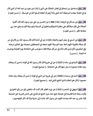 83
86
_
‫روي‬
‫ي‬
‫النن‬ ‫ي‬
‫عل‬ ‫الصالة‬ ‫فضل‬ ‫ي‬
‫ن‬
‫ف‬ ‫إسحاق‬ ‫بن‬ ‫إسماعيل‬
(
56
)
‫قال‬ ‫ي‬
‫النن‬ ‫أن‬ ‫هللا‬ ‫عبد‬ ‫بن‬ ‫عون‬ ‫عن‬
‫الوسيلة‬ ‫ي‬
‫ل‬ ‫هللا‬ ‫فسلوا‬ ‫أعطاه‬ ‫أن‬‫أرجو‬ ‫وأنا‬ ‫ي‬
‫قبل‬ ‫أحد‬ ‫يعطه‬ ‫لم‬ ‫مجلسا‬ ‫الجنة‬ ‫ي‬
‫ن‬
‫ف‬ ‫إن‬
( .
‫ه‬‫لغي‬ ‫حسن‬
)
80
_
‫روي‬
‫تاريخه‬ ‫ي‬
‫ن‬
‫ف‬ ‫عساكر‬ ‫ابن‬
(
06
/
282
)
‫وا‬ ‫ر‬
‫أكي‬ ‫قال‬ ‫هللا‬ ‫رسول‬ ‫عن‬ ‫ي‬
‫عل‬ ‫بن‬ ‫الحسن‬ ‫عن‬
‫ي‬
‫رب‬ ‫عند‬ ‫ي‬
‫وسيلن‬ ‫فإن‬ ‫والوسيلة‬ ‫الدرجة‬ ‫ي‬
‫ل‬ ‫واطلبوا‬ ‫لذنوبكم‬ ‫مغفرة‬ ‫ي‬
‫عل‬ ‫صالتكم‬ ‫فإن‬ ‫ي‬
‫عل‬ ‫الصالة‬
‫لكم‬ ‫شفاعة‬
( .
‫ه‬‫لغي‬ ‫حسن‬
)
82
_
‫روي‬
‫والليلة‬ ‫اليوم‬ ‫عمل‬ ‫ي‬
‫ن‬
‫ف‬ ‫ي‬
‫ن‬
‫السن‬ ‫ابن‬
(
622
)
‫دبر‬ ‫ي‬
‫ن‬
‫ف‬ ‫قال‬ ‫من‬ ‫هللا‬ ‫رسول‬ ‫قال‬ ‫قال‬ ‫أمامة‬ ‫ي‬
‫أب‬ ‫عن‬
‫درجته‬ ‫ن‬
‫العالي‬ ‫ي‬
‫ن‬
‫وف‬ ‫صحبته‬ ‫ن‬
‫المصطفي‬ ‫ي‬
‫ن‬
‫ف‬ ‫اجعله‬ ‫اللهم‬ ‫الوسيلة‬ ‫دمحما‬ ‫أعط‬ ‫اللهم‬ ‫مكتوبة‬ ‫صالة‬ ‫كل‬
‫ووجبت‬ ‫القيامة‬ ‫يوم‬ ‫الشفاعة‬ ‫ي‬
‫عل‬ ‫استوجب‬ ‫فقد‬ ‫صالة‬ ‫كل‬‫دبر‬ ‫ي‬
‫ن‬
‫ف‬ ‫ذلك‬ ‫قال‬ ‫ومن‬ ‫ذكره‬ ‫ن‬
‫المقربي‬ ‫ي‬
‫ن‬
‫وف‬
‫الجنة‬ ‫له‬
( .
‫حسن‬
)
80
_
‫روي‬
‫ي‬
‫ن‬
‫ف‬ ‫مذي‬‫الي‬
‫سننه‬
(
2622
)
‫قوله‬ ‫ي‬
‫ن‬
‫ف‬ ‫هللا‬ ‫رسول‬ ‫قال‬ ‫قال‬ ‫هريرة‬ ‫ي‬
‫أب‬ ‫عن‬
(
‫يبعثك‬ ‫أن‬ ‫عس‬
‫محمودا‬ ‫مقاما‬ ‫ربك‬
)
‫الشفاعة‬ ‫ي‬
‫ه‬ ‫قال‬ ‫عنها‬ ‫سئل‬
( .
‫ه‬‫لغي‬ ‫صحيح‬
)
85
_
‫روي‬
‫مسنده‬ ‫ي‬
‫ن‬
‫ف‬ ‫أحمد‬
(
9296
)
‫قوله‬ ‫ي‬
‫ن‬
‫ف‬ ‫ي‬
‫النن‬ ‫عن‬ ‫هريرة‬ ‫ي‬
‫أب‬ ‫عن‬
(
‫مقاما‬ ‫ربك‬ ‫يبعثك‬ ‫أن‬ ‫عس‬
‫محمودا‬
)
‫فيه‬ ‫ي‬
‫ألمن‬ ‫أشفع‬ ‫الذي‬ ‫المقام‬ ‫هو‬ ‫قال‬
( .
‫ه‬‫لغي‬ ‫صحيح‬
)
80
_
‫روي‬
‫الشعب‬ ‫ي‬
‫ن‬
‫ف‬ ‫ي‬
‫البيهف‬
(
265
)
‫الخوارج‬ ‫أي‬‫ر‬ ‫من‬ ‫أي‬‫ر‬ ‫ي‬
‫ن‬
‫شغفن‬ ‫قد‬ ‫كنت‬‫قال‬ ‫الفقي‬ ‫يييد‬ ‫عن‬
‫عصابة‬ ‫ي‬
‫ن‬
‫ف‬ ‫فخرجنا‬ ‫شابا‬ ‫رجال‬ ‫وكنت‬
‫المدينة‬ ‫عل‬ ‫فمررنا‬ ‫الناس‬ ‫عل‬ ‫نخرج‬ ‫ثم‬ ‫الحج‬ ‫نريد‬ ‫عدد‬ ‫ذوي‬
، ‫ن‬
‫الجهنميي‬ ‫ذكر‬ ‫قد‬ ‫وإذا‬ ‫سارية‬ ‫إل‬ ‫جالسا‬ ‫هللا‬ ‫رسول‬ ‫عن‬ ‫القوم‬ ‫يحدث‬ ‫هللا‬ ‫عبد‬ ‫بن‬ ‫جابر‬ ‫فإذا‬
 