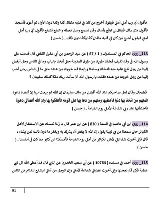 91
‫قل‬ ‫ي‬
‫ن‬
‫ف‬ ‫كان‬‫من‬ ‫أخرج‬ ‫فيقول‬ ‫ي‬
‫أمن‬ ‫ي‬
‫أمن‬ ‫رب‬ ‫أي‬ ‫فأقول‬
‫فأسجد‬ ‫أعود‬ ‫ثم‬ ‫األول‬ ‫دون‬ ‫وكذا‬ ‫كذا‬‫مثقال‬ ‫به‬
‫ي‬
‫أمن‬ ‫رب‬ ‫أي‬ ‫فأقول‬ ‫تشفع‬ ‫واشفع‬ ‫تعطه‬ ‫وسل‬ ‫تسمع‬ ‫وقل‬ ‫أسك‬‫ر‬ ‫ارفع‬ ‫ي‬
‫ل‬ ‫فيقال‬ ‫ذلك‬ ‫مثل‬ ‫فأقول‬
‫ذلك‬ ‫دون‬ ‫وكذا‬ ‫كذا‬‫مثقال‬ ‫قلبه‬ ‫ي‬
‫ن‬
‫ف‬ ‫كان‬‫من‬ ‫أخرج‬ ‫فيقول‬ ‫ي‬
‫أمن‬
( .
‫حسن‬
)
662
_
‫روي‬
‫المستدرك‬ ‫ي‬
‫ن‬
‫ف‬ ‫الحاكم‬
(
6
/
02
)
‫عقيل‬ ‫ي‬
‫أب‬ ‫بن‬ ‫الرحمن‬ ‫عبد‬ ‫عن‬
‫عل‬ ‫قدمت‬ ‫قال‬ ‫ي‬
‫ن‬
‫الثقف‬
‫أبغض‬ ‫رجل‬ ‫الناس‬ ‫ي‬
‫ن‬
‫ف‬ ‫وما‬ ‫بالباب‬ ‫أنخنا‬ ‫حن‬ ‫المدينة‬ ‫طرق‬ ‫من‬ ‫طريقا‬ ‫فعلقنا‬ ‫ثقيف‬ ‫وفد‬ ‫ي‬
‫ن‬
‫ف‬ ‫هللا‬ ‫رسول‬
‫أحب‬ ‫رجل‬ ‫الناس‬ ‫ي‬
‫ن‬
‫ف‬ ‫ما‬ ‫حن‬ ‫عنده‬ ‫من‬ ‫خرجنا‬ ‫فما‬ ‫وبايعنا‬ ‫وسلمنا‬ ‫فدخلنا‬ ‫منه‬ ‫عليه‬ ‫نلج‬ ‫رجل‬ ‫من‬ ‫إلينا‬
‫ربك‬ ‫سألت‬ ‫أال‬ ‫هللا‬ ‫رسول‬ ‫يا‬ ‫فقلت‬ ‫عنده‬ ‫من‬ ‫خرجنا‬ ‫رجل‬ ‫من‬ ‫إلينا‬
‫؟‬ ‫سليمان‬ ‫كملك‬‫ملكا‬
‫دعوة‬ ‫أعطاه‬ ‫إال‬ ‫نبيا‬ ‫يبعث‬ ‫لم‬ ‫هللا‬ ‫إن‬ ‫سليمان‬ ‫ملك‬ ‫من‬ ‫أفضل‬ ‫هللا‬ ‫عند‬ ‫صاحبكم‬ ‫لعل‬ ‫وقال‬ ‫فضحك‬
‫دعوة‬ ‫ي‬
‫ن‬
‫أعطاب‬ ‫هللا‬ ‫وإن‬ ‫بها‬ ‫فأهلكوا‬ ‫قومه‬ ‫عل‬ ‫بها‬ ‫دعا‬ ‫من‬ ‫ومنهم‬ ‫فأعطيها‬ ‫دنيا‬ ‫بها‬ ‫اتخذ‬ ‫من‬ ‫فمنهم‬
‫القيامة‬ ‫يوم‬ ‫ي‬
‫ألمن‬ ‫شفاعة‬ ‫ي‬
‫رب‬ ‫عند‬ ‫فاختبأتها‬
( .
‫حسن‬
)
660
_
‫روي‬
‫السنة‬ ‫ي‬
‫ن‬
‫ف‬ ‫عاصم‬ ‫ي‬
‫أب‬ ‫ابن‬
(
822
)
‫ألهل‬ ‫االستغفار‬ ‫عن‬ ‫نمسك‬ ‫زلنا‬ ‫ما‬ ‫قال‬ ‫عمر‬ ‫ابن‬ ‫عن‬
، ‫يشاء‬ ‫لمن‬ ‫ذلك‬ ‫دون‬ ‫ما‬‫ويغفر‬ ‫به‬ ‫ك‬ ‫ر‬
‫يش‬ ‫أن‬ ‫يغفر‬ ‫ال‬ ‫هللا‬ ‫إن‬ ‫يقول‬ ‫نبينا‬ ‫ي‬
‫ن‬
‫ف‬ ‫من‬ ‫سمعنا‬ ‫حن‬ ‫الكبائر‬
‫أنفسن‬ ‫ي‬
‫ن‬
‫ف‬ ‫كان‬‫مما‬ ‫كثي‬‫عن‬ ‫فأمسكنا‬ ‫القيامة‬ ‫يوم‬ ‫ي‬
‫أمن‬ ‫من‬ ‫الكبائر‬ ‫ألهل‬ ‫ي‬
‫شفاعن‬ ‫أخرت‬ ‫ي‬
‫ن‬
‫فإب‬ ‫قال‬
‫ا‬
( .
‫حسن‬
)
665
_
‫روي‬
‫مسنده‬ ‫ي‬
‫ن‬
‫ف‬ ‫أحمد‬
(
62200
)
‫ي‬
‫نن‬ ‫كل‬‫هللا‬ ‫أعط‬ ‫قد‬ ‫قال‬ ‫ي‬
‫النن‬ ‫عن‬ ‫الخدري‬ ‫سعيد‬ ‫ي‬
‫أب‬ ‫عن‬
‫الناس‬ ‫من‬ ‫للفئام‬ ‫ليشفع‬ ‫ي‬
‫أمن‬ ‫من‬ ‫الرجل‬ ‫وإن‬ ‫ي‬
‫ألمن‬ ‫شفاعة‬ ‫ي‬
‫عطين‬ ‫أخرت‬ ‫ي‬
‫ن‬
‫وإب‬ ‫تعجلها‬ ‫قد‬ ‫فكل‬ ‫عطية‬
 