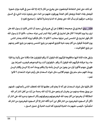 94
‫ة‬‫شعي‬ ‫ان‬‫ن‬
‫مي‬ ‫قلبه‬ ‫ي‬
‫ن‬
‫ف‬ ‫ممن‬ ‫هللا‬ ‫إال‬ ‫إله‬ ‫ال‬ ‫قال‬ ‫من‬ ‫يخرج‬ ‫حن‬ ‫فيشفعون‬ ‫الشفاعة‬ ‫تحل‬ ‫حن‬ ‫ذلك‬ ‫ثم‬
‫السيل‬ ‫ي‬
‫ن‬
‫ف‬ ‫ء‬ ‫ي‬
‫ر‬
‫الس‬ ‫نبات‬ ‫ينبتون‬ ‫حن‬ ‫الماء‬ ‫من‬ ‫عليهم‬ ‫يهريقون‬ ‫الجنة‬ ‫أهل‬ ‫ويجعل‬ ‫الجنة‬ ‫بفناء‬ ‫فيجعل‬
‫أمثالها‬ ‫ة‬ ‫ر‬
‫وعش‬ ‫الدنيا‬ ‫له‬ ‫يجعل‬ ‫حن‬ ‫هللا‬ ‫يسأل‬ ‫ثم‬ ‫حرقهم‬ ‫ويذهب‬
( .
‫صح‬
‫ه‬‫لغي‬ ‫يح‬
)
600
_
‫روي‬
‫صحيحه‬ ‫ي‬
‫ن‬
‫ف‬ ‫البخاري‬
(
820
)
‫سعيد‬ ‫ي‬
‫وأب‬ ‫هريرة‬ ‫ي‬
‫أب‬ ‫عن‬
‫هل‬ ‫هللا‬ ‫رسول‬ ‫يا‬ ‫قالوا‬ ‫الناس‬ ‫أن‬
‫هللا‬ ‫رسول‬ ‫يا‬ ‫ال‬ ‫قالوا‬ ، ‫سحاب‬ ‫دونه‬ ‫ليس‬ ‫البدر‬ ‫ليلة‬ ‫القمر‬ ‫ي‬
‫ن‬
‫ف‬ ‫تمارون‬ ‫هل‬ ‫قال‬ ‫؟‬ ‫القيامة‬ ‫يوم‬ ‫ربنا‬ ‫نرى‬
‫فإنك‬ ‫قال‬ ، ‫ال‬ ‫قالوا‬ ‫؟‬ ‫سحاب‬ ‫دونها‬ ‫ليس‬ ‫الشمس‬ ‫ي‬
‫ن‬
‫ف‬ ‫تمارون‬ ‫فهل‬ ‫قال‬
‫الناس‬ ‫ر‬
‫يحش‬ ‫كذلك‬‫ترونه‬ ‫م‬
‫ومنهم‬‫القمر‬ ‫يتبع‬ ‫من‬ ‫ومنهم‬ ‫الشمس‬ ‫يتبع‬ ‫من‬ ‫فمنهم‬ ‫فليتبع‬ ‫شيئا‬ ‫يعبد‬ ‫كان‬‫من‬ ‫فيقول‬ ‫القيامة‬ ‫يوم‬
‫الطواغيت‬ ‫يتبع‬ ‫من‬
،
‫فإذا‬ ‫ربنا‬ ‫يأتينا‬ ‫حن‬ ‫مكاننا‬ ‫هذا‬ ‫فيقولون‬ ‫ربكم‬ ‫أنا‬ ‫فيقول‬ ‫هللا‬ ‫فيأتيهم‬ ‫منافقوها‬ ‫فيها‬ ‫األمة‬ ‫هذه‬ ‫وتبف‬
‫هللا‬ ‫فيأتيهم‬ ‫عرفناه‬ ‫ربنا‬ ‫جاء‬
‫ن‬
‫بي‬ ‫اط‬‫رص‬‫ال‬ ‫ب‬ ‫ن‬
‫فيرص‬ ‫فيدعوهم‬ ‫ربنا‬ ‫أنت‬ ‫فيقولون‬ ، ‫ربكم‬ ‫أنا‬ ‫فيقول‬
‫الرسل‬ ‫وكالم‬ ‫الرسل‬ ‫إال‬ ‫أحد‬ ‫يومئذ‬ ‫يتكلم‬ ‫وال‬ ‫بأمته‬ ‫الرسل‬ ‫من‬ ‫يجوز‬ ‫من‬ ‫أول‬ ‫فأكون‬ ‫جهنم‬ ‫ي‬
‫ن‬
‫اب‬‫ر‬‫ظه‬
‫قالوا‬ ‫؟‬ ‫عدان‬ َّ
‫الس‬ ‫شوك‬ ‫أيتم‬‫ر‬ ‫هل‬ ‫السعدان‬ ‫شوك‬ ‫مثل‬ ‫كالليب‬‫جهنم‬ ‫ي‬
‫ن‬
‫وف‬ ‫سلم‬ ‫سلم‬ ‫اللهم‬ ‫يومئذ‬
‫نعم‬
،
‫فمنهم‬ ، ‫بأعمالهم‬ ‫الناس‬ ‫تخطف‬ ‫هللا‬ ‫إال‬ ‫عظمها‬‫قدر‬ ‫يعلم‬ ‫ال‬ ‫أنه‬ ‫غي‬ ‫السعدان‬ ‫شوك‬ ‫مثل‬ ‫فإنها‬ ‫قال‬
‫هللا‬‫أمر‬ ‫النار‬ ‫أهل‬ ‫من‬ ‫اد‬‫ر‬‫أ‬ ‫من‬ ‫رحمة‬ ‫هللا‬ ‫اد‬‫ر‬‫أ‬ ‫إذا‬ ‫حن‬ ‫ينجو‬ ‫ثم‬ ‫يخردل‬ ‫من‬ ‫ومنهم‬ ‫بعمله‬ ‫يوبق‬ ‫من‬
‫هللا‬ ‫وحرم‬ ‫السجود‬‫بآثار‬ ‫ويعرفونهم‬ ‫فيخرجونهم‬ ‫هللا‬ ‫يعبد‬ ‫كان‬‫من‬ ‫يخرجوا‬ ‫أن‬ ‫المالئكة‬
‫أن‬ ‫النار‬ ‫عل‬
‫قد‬ ‫النار‬ ‫من‬ ‫فيخرجون‬ ‫السجود‬‫أثر‬ ‫إال‬ ‫النار‬ ‫تأكله‬ ‫آدم‬ ‫ابن‬ ‫فكل‬‫النار‬ ‫من‬ ‫فيخرجون‬ ‫السجود‬ ‫أثر‬ ‫تأكل‬
‫السيل‬ ‫حميل‬ ‫ي‬
‫ن‬
‫ف‬ ‫الحبة‬ ‫تنبت‬ ‫كما‬‫فينبتون‬ ‫الحياة‬ ‫ماء‬ ‫عليهم‬ ‫فيصب‬ ، ‫وا‬
ُ
‫ش‬ ِ
‫ح‬
ُ
‫امت‬
،
 