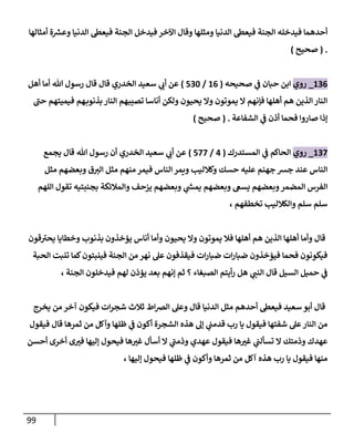 99
‫ال‬ ‫فيدخله‬ ‫أحدهما‬
‫أمثالها‬ ‫ة‬ ‫ر‬
‫وعش‬ ‫الدنيا‬ ‫فيعط‬ ‫الجنة‬ ‫فيدخل‬ ‫اآلخر‬ ‫وقال‬ ‫ومثلها‬ ‫الدنيا‬ ‫فيعط‬ ‫جنة‬
( .
‫صحيح‬
)
620
_
‫روي‬
‫صحيحه‬ ‫ي‬
‫ن‬
‫ف‬ ‫حبان‬ ‫ابن‬
(
60
/
522
)
‫أهل‬ ‫أما‬ ‫هللا‬ ‫رسول‬ ‫قال‬ ‫قال‬ ‫الخدري‬ ‫سعيد‬ ‫ي‬
‫أب‬ ‫عن‬
‫فيميت‬ ‫هم‬‫بذنوب‬‫النار‬ ‫تصيبهم‬ ‫أناسا‬ ‫ولكن‬ ‫يحيون‬ ‫وال‬ ‫يموتون‬ ‫ال‬ ‫فإنهم‬ ‫أهلها‬ ‫هم‬ ‫الذين‬‫النار‬
‫حن‬ ‫هم‬
‫الشفاعة‬ ‫ي‬
‫ن‬
‫ف‬ ‫أذن‬ ‫فحما‬ ‫صاروا‬ ‫إذا‬
( .
‫صحيح‬
)
622
_
‫روي‬
‫المستدرك‬ ‫ي‬
‫ن‬
‫ف‬ ‫الحاكم‬
(
0
/
522
)
‫يجمع‬ ‫قال‬ ‫هللا‬ ‫رسول‬ ‫أن‬ ‫الخدري‬ ‫سعيد‬ ‫ي‬
‫أب‬ ‫عن‬
‫مثل‬ ‫وبعضهم‬ ‫ق‬‫الي‬ ‫مثل‬ ‫منهم‬ ‫فيمر‬ ‫الناس‬ ‫ويمر‬ ‫وكالليب‬ ‫حسك‬ ‫عليه‬ ‫جهنم‬ ‫جش‬ ‫عند‬ ‫الناس‬
‫يزح‬ ‫وبعضهم‬ ‫ي‬
‫ر‬
‫يمس‬ ‫وبعضهم‬ ‫يسغ‬ ‫وبعضهم‬‫المضمر‬ ‫الفرس‬
‫اللهم‬ ‫تقول‬ ‫بجنبتيه‬ ‫والمالئكة‬ ‫ف‬
، ‫تخطفهم‬ ‫والكالليب‬ ‫سلم‬ ‫سلم‬
‫قون‬‫يحي‬ ‫وخطايا‬ ‫بذنوب‬ ‫يؤخذون‬ ‫أناس‬ ‫وأما‬ ‫يحيون‬ ‫وال‬ ‫يموتون‬ ‫فال‬ ‫أهلها‬ ‫هم‬ ‫الذين‬ ‫أهلها‬ ‫وأما‬ ‫قال‬
‫الحبة‬ ‫تنبت‬ ‫كما‬‫فينبتون‬ ‫الجنة‬ ‫من‬ ‫نهر‬ ‫عل‬ ‫فيقذفون‬ ‫ات‬‫ر‬‫ضبا‬ ‫ات‬‫ر‬‫ضبا‬ ‫فيؤخذون‬ ‫فحما‬ ‫فيكونون‬
‫ي‬
‫النن‬ ‫قال‬ ‫السيل‬ ‫حميل‬ ‫ي‬
‫ن‬
‫ف‬
، ‫الجنة‬ ‫فيدخلون‬ ‫لهم‬ ‫يؤذن‬ ‫بعد‬ ‫إنهم‬ ‫ثم‬ ‫؟‬ ‫الصبغاء‬ ‫أيتم‬‫ر‬ ‫هل‬
‫يخرج‬ ‫من‬ ‫آخر‬ ‫فيكون‬ ‫ات‬‫ر‬‫شج‬ ‫ثالث‬ ‫اط‬‫رص‬‫ال‬ ‫وعل‬ ‫قال‬ ‫الدنيا‬ ‫مثل‬ ‫أحدهم‬ ‫فيعط‬ ‫سعيد‬ ‫أبو‬ ‫قال‬
‫فيقول‬ ‫قال‬ ‫ثمرها‬ ‫من‬ ‫وآكل‬ ‫ظلها‬ ‫ي‬
‫ن‬
‫ف‬ ‫أكون‬ ‫الشجرة‬ ‫هذه‬ ‫إل‬ ‫ي‬
‫ن‬
‫قدمن‬ ‫رب‬ ‫يا‬ ‫فيقول‬ ‫شفتها‬ ‫عل‬‫النار‬ ‫من‬
‫ف‬ ‫ها‬‫غي‬ ‫ي‬
‫ن‬
‫تسألن‬ ‫ال‬ ‫وذمتك‬ ‫عهدك‬
‫أحسن‬ ‫أخرى‬ ‫ى‬‫في‬ ‫إليها‬ ‫فيحول‬ ‫ها‬‫غي‬ ‫أسأل‬ ‫ال‬ ‫ي‬
‫وذمن‬ ‫عهدي‬ ‫يقول‬
، ‫إليها‬ ‫فيحول‬ ‫ظلها‬ ‫ي‬
‫ن‬
‫ف‬ ‫وأكون‬ ‫ثمرها‬ ‫من‬ ‫آكل‬ ‫هذه‬ ‫رب‬ ‫يا‬ ‫فيقول‬ ‫منها‬
 