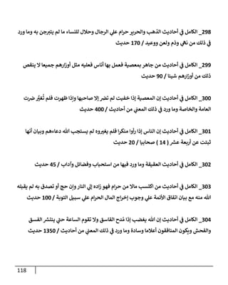 118
298
_
‫ورد‬ ‫ومإ‬ ‫به‬ ‫جن‬‫يتب‬ ‫لم‬ ‫مإ‬ ‫للنسإء‬ ‫وحةلل‬ ‫إلرجإل‬ ‫ي‬
‫عل‬ ‫إم‬‫ر‬‫ح‬ ‫وإلحرير‬ ‫إلذهب‬ ‫أحإديث‬ ‫ي‬
‫ػ‬ ‫إلكإمل‬
‫ووعيد‬ ‫ولعن‬ ‫وذم‬ ‫ي‬
‫نه‬ ‫من‬ ‫ذلك‬ ‫ي‬
‫ػ‬
/
170
‫حديث‬
299
_
‫ينقص‬ ‫إل‬ ‫جميعإ‬ ‫إرهم‬‫ز‬‫أو‬ ‫مثل‬ ‫فعليه‬ ‫أنإس‬ ‫بهإ‬ ‫فعمل‬ ‫بمعصية‬ ‫جإهر‬ ‫من‬ ‫أحإديث‬ ‫ي‬
‫ػ‬ ‫إلكإمل‬
‫شيئإ‬ ‫إرهم‬‫ز‬‫أو‬ ‫من‬ ‫ذلك‬
/
90
‫حديث‬
300
_
‫ت‬‫رص‬ َّ
‫ر‬
‫غب‬
ُ
‫ت‬ ‫فلم‬ ‫ظهرت‬ ‫وإذإ‬ ‫صإحبهإ‬ ‫ؤإل‬ ‫ترص‬ ‫لم‬ ‫خفيت‬ ‫ؤذإ‬ ‫إلمعصية‬ ‫ؤن‬ ‫أحإديث‬ ‫ي‬
‫ػ‬ ‫إلكإمل‬
‫أحإديث‬ ‫من‬ ‫ي‬
‫إلمعب‬ ‫ذلك‬ ‫ي‬
‫ػ‬ ‫ورد‬ ‫ومإ‬ ‫وإلخإصة‬ ‫إلعإمة‬
/
400
‫حديث‬
301
_
‫أنهإ‬ ‫وبيإن‬ ‫دعإءهم‬ ‫تل‬ ‫يستجب‬ ‫لم‬ ‫وه‬ ‫ر‬
‫يغب‬ ‫فلم‬ ‫إ‬‫ر‬‫منك‬ ‫أوإ‬‫ر‬ ‫ؤذإ‬ ‫إلنإس‬ ‫ؤن‬ ‫أحإديث‬ ‫ي‬
‫ػ‬ ‫إلكإمل‬
‫عش‬ ‫أربعة‬ ‫عن‬ ‫ثبتت‬
(
14
)
‫صحإبيإ‬
/
20
‫حديث‬
302
_
‫وآدإب‬ ‫وفضإئل‬ ‫إستحبإب‬ ‫من‬ ‫فيهإ‬ ‫ورد‬ ‫ومإ‬ ‫إلعقيقة‬ ‫أحإديث‬ ‫ي‬
‫ػ‬ ‫إلكإمل‬
/
45
‫حديث‬
303
_
‫يقبله‬ ‫لم‬ ‫به‬ ‫تصدق‬ ‫أو‬ ‫حج‬ ‫وإن‬‫إلنإر‬ ‫ي‬
‫ؤل‬ ‫إده‬‫ز‬ ‫فهو‬ ‫إم‬‫ر‬‫ح‬ ‫من‬ ‫مإإل‬ ‫إكتسب‬ ‫من‬ ‫أحإديث‬ ‫ي‬
‫ػ‬ ‫إلكإمل‬
‫إلتوبة‬ ‫سبيل‬ ‫ي‬
‫عل‬ ‫إم‬‫ر‬‫إلح‬ ‫إلمإل‬ ‫إج‬‫ر‬‫ؤخ‬ ‫وجوب‬ ‫ي‬
‫عل‬ ‫إألئمة‬ ‫إتفإق‬ ‫بيإن‬ ‫مع‬ ‫منه‬ ‫تل‬
/
100
‫حديث‬
304
_
‫إلفسق‬ ‫ينتش‬ ‫ي‬
‫ى‬
‫حب‬ ‫إلسإعة‬ ‫تقوم‬ ‫وإل‬ ‫إلفإسق‬ ‫دح‬ ُ‫م‬ ‫ؤذإ‬ ‫يغضب‬ ‫تل‬ ‫ؤن‬ ‫أحإديث‬ ‫ي‬
‫ػ‬ ‫إلكإمل‬
‫أحإديث‬ ‫من‬ ‫ي‬
‫إلمعب‬ ‫ذلك‬ ‫ي‬
‫ػ‬ ‫ورد‬ ‫ومإ‬ ‫وسإدة‬ ‫أعةلمإ‬ ‫إلمنإفقون‬ ‫ويكون‬ ‫وإلفحش‬
/
1350
‫حديث‬
 