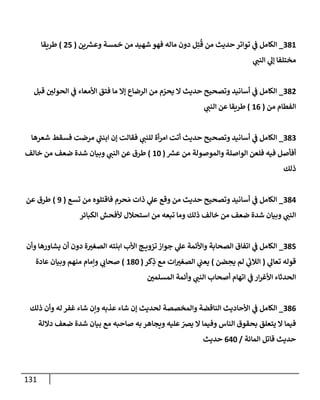 131
381
_
‫ين‬‫وعش‬ ‫خمسة‬ ‫من‬ ‫شهيد‬ ‫فهو‬ ‫مإله‬ ‫دون‬ ‫ل‬ِ‫ت‬
ُ
‫ق‬ ‫من‬ ‫حديث‬ ‫توإتر‬ ‫ي‬
‫ػ‬ ‫إلكإمل‬
(
25
)
‫طريقإ‬
‫ي‬
‫إلنب‬ ‫ي‬
‫ؤل‬ ‫مختلفإ‬
382
_
‫قبل‬ ‫ر‬
‫إلحولن‬ ‫ي‬
‫ػ‬ ‫إألمعإء‬ ‫فتق‬ ‫مإ‬ ‫ؤإل‬ ‫إلرضإع‬ ‫من‬ ‫م‬ ّ
‫يحر‬ ‫إل‬ ‫حديث‬ ‫وتصحيح‬ ‫أسإنيد‬ ‫ي‬
‫ػ‬ ‫إلكإمل‬
‫من‬ ‫إلفطإم‬
(
16
)
‫ي‬
‫إلنب‬ ‫عن‬ ‫طريقإ‬
383
_
‫شعرهإ‬ ‫فسقط‬ ‫مرضت‬ ‫ي‬
‫ى‬
‫إبنب‬ ‫ؤن‬ ‫فقإلت‬ ‫ي‬
‫للنب‬ ‫أة‬‫ر‬‫إم‬ ‫أتت‬ ‫حديث‬ ‫وتصحيح‬ ‫أسإنيد‬ ‫ي‬
‫ػ‬ ‫إلكإمل‬
‫عش‬ ‫من‬ ‫وإلموصولة‬ ‫إلوإصلة‬ ‫فلعن‬ ‫فيه‬ ‫أفأصل‬
(
10
)
‫خإلف‬ ‫من‬ ‫ضعف‬ ‫شدة‬ ‫وبيإن‬ ‫ي‬
‫إلنب‬ ‫عن‬ ‫طرق‬
‫ذلك‬
384
_
‫تسع‬ ‫من‬ ‫فإقتلوه‬ ‫حرم‬ َ‫م‬ ‫ذإت‬ ‫ي‬
‫عل‬ ‫وقع‬ ‫من‬ ‫حديث‬ ‫وتصحيح‬ ‫أسإنيد‬ ‫ي‬
‫ػ‬ ‫إلكإمل‬
(
9
)
‫عن‬ ‫طرق‬
‫إلكبإئر‬ ‫ألفحش‬ ‫إستحةلل‬ ‫من‬ ‫تبعه‬ ‫ومإ‬ ‫ذلك‬ ‫خإلف‬ ‫من‬ ‫ضعف‬ ‫شدة‬ ‫وبيإن‬ ‫ي‬
‫إلنب‬
385
_
‫وأن‬ ‫يشإورهإ‬ ‫أن‬ ‫دون‬ ‫ة‬ ‫ر‬
‫إلصغب‬ ‫إبنته‬ ‫إألب‬ ‫ج‬ ‫تزوي‬ ‫جوإز‬ ‫ي‬
‫عل‬ ‫وإألئمة‬ ‫إلصحإبة‬ ‫إتفإق‬ ‫ي‬
‫ػ‬ ‫إلكإمل‬
‫ي‬
‫تعإل‬ ‫قوله‬
(
‫ضن‬ ِ
‫يح‬ ‫لم‬ ‫ي‬
‫ئ‬
‫إلةلن‬
)
‫كر‬ِ
‫ذ‬ ‫مع‬ ‫إت‬ ‫ر‬
‫إلصغب‬ ‫ي‬
‫يعب‬
(
180
)
‫عإدة‬ ‫وبيإن‬ ‫منهم‬ ‫وإمإم‬ ‫ي‬
‫صحإن‬
‫ر‬
‫إلمسلمن‬ ‫وأئمة‬ ‫ي‬
‫إلنب‬ ‫أصحإب‬ ‫إتهإم‬ ‫ي‬
‫ػ‬ ‫إر‬‫ر‬‫إألغ‬ ‫إلحدثإء‬
386
_
‫ذلك‬ ‫وأن‬ ‫له‬ ‫غفر‬ ‫شإء‬ ‫وإن‬ ‫عذبه‬ ‫شإء‬ ‫ؤن‬ ‫لحديث‬ ‫وإلمخصصة‬ ‫إلنإقضة‬ ‫إألحإديث‬ ‫ي‬
‫ػ‬ ‫إلكإمل‬
‫دإللة‬ ‫ضعف‬ ‫شدة‬ ‫بيإن‬ ‫مع‬ ‫صإحبه‬ ‫به‬ ‫ويجإهر‬ ‫عليه‬ ّ
‫يرص‬ ‫إل‬ ‫وفيمإ‬ ‫إلنإس‬ ‫بحقوق‬ ‫يتعلق‬ ‫إل‬ ‫فيمإ‬
‫إلمإئة‬ ‫قإتل‬ ‫حديث‬
/
640
‫حديث‬
 