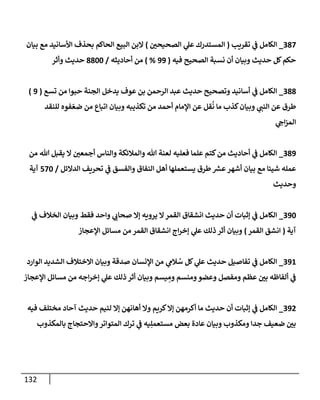 132
387
_
‫تقريب‬ ‫ي‬
‫ػ‬ ‫إلكإمل‬
(
‫ر‬
‫إلصحيحن‬ ‫ي‬
‫عل‬ ‫إلمستدرك‬
)
‫بيإن‬ ‫مع‬ ‫إألسإنيد‬ ‫بحذف‬ ‫إلحإكم‬ ‫إلبيع‬ ‫إلبن‬
‫فيه‬ ‫إلصحيح‬ ‫نسبة‬ ‫أن‬ ‫وبيإن‬ ‫حديث‬ ‫كل‬‫حكم‬
(
99
%
)
‫أحإديثه‬ ‫من‬
/
8800
‫وأثر‬ ‫حديث‬
388
_
‫تسع‬ ‫من‬ ‫حبوإ‬ ‫إلجنة‬ ‫يدخل‬ ‫عوف‬ ‫بن‬ ‫إلرحمن‬ ‫عبد‬ ‫حديث‬ ‫وتصحيح‬ ‫أسإنيد‬ ‫ي‬
‫ػ‬ ‫إلكإمل‬
(
9
)
‫للنقد‬ ‫فوه‬ ّ‫ضع‬ ‫من‬ ‫إتبإع‬ ‫وبيإن‬ ‫تكذيبه‬ ‫من‬ ‫أحمد‬ ‫إؤلمإم‬ ‫عن‬ ‫قل‬
ُ
‫ن‬ ‫مإ‬ ‫كذب‬‫وبيإن‬ ‫ي‬
‫إلنب‬ ‫عن‬ ‫طرق‬
‫ي‬
‫إىح‬‫ز‬‫إلم‬
389
_
‫من‬ ‫تل‬ ‫يقبل‬ ‫إل‬ ‫ر‬
‫أجمعن‬ ‫وإلنإس‬ ‫وإلمةلئكة‬ ‫تل‬ ‫لعنة‬ ‫فعليه‬ ‫علمإ‬ ‫كتم‬‫من‬ ‫أحإديث‬ ‫ي‬
‫ػ‬ ‫إلكإمل‬
‫إلدإلئل‬ ‫تحريف‬ ‫ي‬
‫ػ‬ ‫وإلفسق‬ ‫إلنفإق‬ ‫أهل‬ ‫يستعملهإ‬ ‫طرق‬ ‫عش‬‫أشهر‬ ‫بيإن‬ ‫مع‬ ‫شيئإ‬ ‫عمله‬
/
570
‫آية‬
‫وحديث‬
390
_
‫ي‬
‫ػ‬ ‫إلخةلف‬ ‫وبيإن‬ ‫فقط‬ ‫وإحد‬ ‫ي‬
‫صحإن‬ ‫ؤإل‬ ‫يرويه‬ ‫إل‬‫إلقمر‬ ‫إنشقإق‬ ‫حديث‬ ‫أن‬ ‫ؤثبإت‬ ‫ي‬
‫ػ‬ ‫إلكإمل‬
‫آية‬
(
‫إلقمر‬ ‫إنشق‬
)
‫إؤلعجإز‬ ‫مسإئل‬ ‫من‬ ‫إلقمر‬ ‫إنشقإق‬ ‫إج‬‫ر‬‫ؤخ‬ ‫ي‬
‫عل‬ ‫ذلك‬ ‫أثر‬ ‫وبيإن‬
391
_
‫إلوإرد‬ ‫إلشديد‬ ‫إإلختةلف‬ ‫وبيإن‬ ‫صدقة‬ ‫إؤلنسإن‬ ‫من‬ ‫ي‬
‫ةلم‬ ُ
‫س‬ ‫كل‬ ‫ي‬
‫عل‬ ‫حديث‬ ‫تفإصيل‬ ‫ي‬
‫ػ‬ ‫إلكإمل‬
‫إؤلعجإز‬ ‫مسإئل‬ ‫من‬ ‫إجه‬‫ر‬‫ؤخ‬ ‫ي‬
‫عل‬ ‫ذلك‬ ‫أثر‬ ‫وبيإن‬ ‫يسم‬ ِ
‫وم‬ ‫ومنسم‬‫وعضو‬ ‫ومفصل‬ ‫عظم‬ ‫ر‬
‫بن‬ ‫ألفإظه‬ ‫ي‬
‫ػ‬
392
_
‫فيه‬ ‫مختلف‬ ‫آحإد‬ ‫حديث‬ ‫لئيم‬ ‫ؤإل‬ ‫أهإنهن‬ ‫وإل‬ ‫كريم‬‫ؤإل‬ ‫أكرمهن‬ ‫مإ‬ ‫حديث‬ ‫أن‬ ‫ؤثبإت‬ ‫ي‬
‫ػ‬ ‫إلكإمل‬
‫بإلمكذوب‬ ‫وإإلحتجإج‬‫إلمتوإتر‬ ‫ترك‬ ‫ي‬
‫ػ‬ ‫يه‬ِ‫مستعمل‬ ‫بعض‬ ‫عإدة‬ ‫وبيإن‬ ‫ومكذوب‬ ‫جدإ‬ ‫ضعيف‬ ‫ر‬
‫بن‬
 